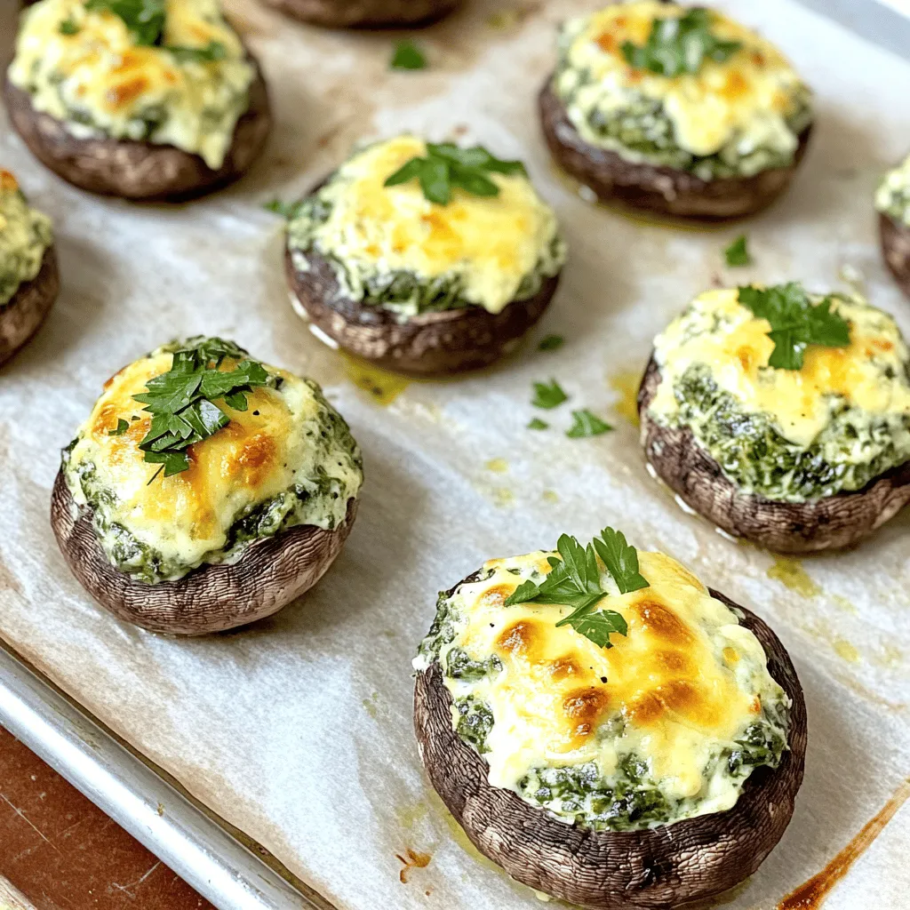 - 12 large portobello or cremini mushrooms - 1 cup fresh spinach leaves, finely chopped - 1 cup cream cheese, softened - 1/2 cup freshly grated Parmesan cheese - 1/2 cup shredded mozzarella cheese - 2 cloves of garlic, minced - 1/4 teaspoon red pepper flakes (optional) - Salt and black pepper, to taste - 2 tablespoons extra virgin olive oil - Chopped fresh parsley, for garnish For Cheesy Spinach Stuffed Mushrooms, you need simple but fresh ingredients. First, choose your mushrooms. Portobello or cremini work best. They hold the filling well and have a nice flavor. Next, grab fresh spinach. This adds both color and nutrition to the dish. You will need cream cheese for a rich, creamy base. Parmesan cheese brings a sharp taste, while mozzarella gives that gooey, melty goodness. Don't forget garlic! It enhances the flavor profile. You can add red pepper flakes if you want a bit of heat. Season the mix with salt and black pepper to taste. Lastly, olive oil adds richness during cooking. Fresh parsley makes for a nice garnish and adds a pop of color. These ingredients come together to create a tasty appetizer that everyone will love. Check the Full Recipe for detailed steps on how to prepare them. - Set the oven temperature to 375°F (190°C). - Heat olive oil in a skillet. Sauté garlic until fragrant. - Add chopped spinach and season with salt and pepper. Cook until wilted. - Combine cream cheese, grated Parmesan, and half of the mozzarella. - Fold in the sautéed spinach mixture until fully mixed. - Take each mushroom cap and spoon the cheese filling inside. - Press down lightly to pack the filling well. - Arrange the stuffed mushrooms on a baking sheet. Sprinkle with remaining mozzarella. - Bake for 20-25 minutes until golden and bubbly. For the full recipe, check out the earlier section. To clean mushrooms, start by gently wiping them with a damp cloth. Avoid soaking them in water. Mushrooms are like sponges; they soak up water, which makes them soggy. Make sure to remove any dirt or grit while keeping the caps dry. To keep the filling just right, use room temperature cream cheese. This helps it blend well with the other cheeses. If the mix is too runny, add more Parmesan. If it's too dry, add a splash of cream or milk. You want it creamy, not watery. Stuffed mushrooms pair well with many dips. A simple marinara sauce adds a nice touch. You can also try a garlic aioli for a creamy option. For a fresh taste, serve with a squeeze of lemon or a sprinkle of fresh herbs on top. {{image_4}} You can make cheesy spinach stuffed mushrooms even heartier by adding protein. Try mixing in cooked sausage or crispy bacon bits into the cheese filling. This adds a savory kick and a nice texture. You can use any cooked meat you like. Just make sure to chop it into small pieces for easy stuffing. The added protein will make the dish more filling and satisfying. Herbs can really boost the flavor of your stuffed mushrooms. Fresh herbs like thyme or basil work wonders. You can add a teaspoon of chopped herbs to the cheese mixture. This adds freshness and depth to every bite. Feel free to explore other herbs too! Try oregano or parsley for more flavor options. If you want to change up the cheese, you have many options. For a dairy-free version, use cashew cream or vegan cheese. These alternatives melt well and still taste great. You can also try different cheeses like goat cheese or feta for a tangy twist. Mixing cheeses can create a unique and tasty filling. To keep your cheesy spinach stuffed mushrooms fresh, store them in an airtight container. Let them cool down first. Place a piece of parchment paper between layers to avoid sticking. You can refrigerate them for up to three days. If you want to freeze them, wrap each mushroom tightly in plastic wrap. Then, place them in a freezer bag. They can last up to three months in the freezer. To enjoy your stuffed mushrooms again, use the oven for the best results. Preheat your oven to 350°F (175°C). Place the mushrooms on a baking sheet. Cover them with foil to retain moisture. Heat for about 15 minutes. Remove the foil for the last five minutes to help the cheese get bubbly again. You can also use a microwave but be careful. It may make the mushrooms soggy. The shelf life of cheesy spinach stuffed mushrooms depends on how you store them. When refrigerated, they stay fresh for about three days. In the freezer, they can last for three months. To maximize freshness, always check for any off smells or changes in texture before eating. If you see any signs of spoilage, it’s best to toss them out. Enjoy your delicious dish safely! Yes, you can make the filling ahead of time. This helps save time when cooking. Just follow these tips: - Prepare the filling and store it in an airtight container. - Keep it in the fridge for up to two days. - When ready to use, let it sit at room temperature for about 30 minutes before stuffing the mushrooms. This makes it easier to work with. Yes, Cheesy Spinach Stuffed Mushrooms can be gluten-free. Here’s how: - Use gluten-free breadcrumbs if you want some crunch. - Check the cheese brands for gluten-free labels. - Avoid adding any sauces that may contain gluten. Always read labels to be safe. To tell if the mushrooms are ready, look for these signs: - The mushrooms should be tender and slightly shriveled. - The cheese on top should be melted and bubbly. - A nice golden color on the cheese indicates they are well-cooked. These signs ensure your Cheesy Spinach Stuffed Mushrooms are perfectly done and ready to eat. For the full recipe, check out the detailed instructions. Stuffed mushrooms are simple to make and packed with flavor. We explored the key ingredients, easy steps, and useful tips to get this dish just right. You can add protein or herbs to make it your own. Storing leftovers is easy, and reheating keeps them tasty. Remember, these cheesy spinach stuffed mushrooms are perfect for any gathering or snack. With a few tweaks, you can impress anyone. Enjoy your cooking adventure!