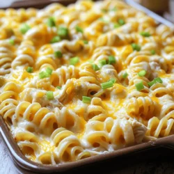 - 2 cups rotini pasta, cooked - 2 cups cooked chicken, shredded - 1 cup dill pickles, finely chopped - 1 cup ranch dressing - 1 cup shredded sharp cheddar cheese - 1/2 cup cream cheese, softened - 1/2 cup sour cream - 1 teaspoon garlic powder - 1 teaspoon onion powder - 1/2 teaspoon freshly ground black pepper - 1/2 teaspoon sea salt - Cooking spray or olive oil The main ingredients really make this dish shine. The rotini pasta creates a fun twist, while the shredded chicken adds protein. Dill pickles lend a tangy crunch that surprises everyone. Ranch dressing brings creaminess and flavor, binding the dish together. Sharp cheddar cheese melts beautifully, making a tasty crust. Cream cheese and sour cream add richness to the mix. Seasonings like garlic and onion powder enhance the overall taste. - Sliced green onions - Additional shredded cheese Garnishes can boost the dish's appeal. Sliced green onions add a fresh look and a mild onion taste. Extra cheese on top not only looks great but gives more flavor. These little touches elevate your Pickle Ranch Chicken Pasta Bake from good to amazing. Don't skip them! - Preheat the oven and prepare the baking dish: Set your oven to 350°F (175°C). Grab a 9x13 inch baking dish and coat it lightly with cooking spray or olive oil. This helps keep the dish from sticking. - Cook the rotini pasta till al dente: Bring a large pot of salted water to a boil. Add 2 cups of rotini pasta. Follow the package instructions, usually about 8-10 minutes. Drain the pasta and let it cool for a moment. - Combine chicken, pickles, ranch dressing, cream cheese, and sour cream: In a big mixing bowl, add 2 cups of shredded chicken, 1 cup of finely chopped dill pickles, 1 cup of ranch dressing, 1/2 cup of softened cream cheese, and 1/2 cup of sour cream. Using a spatula, mix these ingredients. Aim for a creamy texture. - Fold in cooked pasta with seasonings: Once your chicken mixture is creamy, add the cooked pasta. Include 1 teaspoon of garlic powder, 1 teaspoon of onion powder, 1/2 teaspoon of black pepper, and 1/2 teaspoon of sea salt. Gently fold everything together to coat the pasta well. - Spread the mixture into the baking dish: Carefully pour the pasta mixture into your prepared baking dish. Use a spatula to spread it evenly across the dish. - Top with cheddar cheese and bake until golden: Sprinkle 1 cup of shredded sharp cheddar cheese over the pasta mixture. Place the baking dish in the oven. Bake for 25-30 minutes. The cheese should be bubbly and golden brown when done. For the full recipe, check out the complete guide. - Ensure pasta is al dente for best texture. This means it should be firm but not hard. - Use room temperature cream cheese for easier mixing. Cold cream cheese can clump and be hard to blend. - Additional spices to consider: paprika or dried herbs. These can add depth to your dish. - Mix in vegetables for extra nutrition. Think about adding spinach, bell peppers, or peas for color and health. - Pair with a side salad or garlic bread. This adds crunch and freshness to your meal. - Great for meal prep or potlucks. You can make it ahead and share with friends. To make this dish even more delightful, check out the Full Recipe for all the tasty details! {{image_4}} You can switch up the protein in this dish. Shredded turkey works great instead of chicken. It adds a nice twist. Rotisserie chicken is another easy choice. It saves time and still gives that tasty flavor. If you want to go even quicker, use canned chicken. Just drain it and mix it in. It’s fast and easy, perfect for busy nights. If you prefer a meatless meal, there are great options. You can use plant-based chicken for a similar texture. It tastes good and keeps the dish hearty. If you want to skip the meat completely, that's fine too. Just add more veggies! Toss in some fresh spinach or colorful bell peppers. They add flavor and extra nutrients. The pasta you choose can change the dish. While rotini is our favorite, you can try penne or fusilli. They hold the creamy sauce well. If you need gluten-free options, there are many available. Just look for gluten-free pasta at your store. It makes this dish friendly for everyone! After enjoying Pickle Ranch Chicken Pasta Bake, you may have some leftovers. To store the dish, let it cool to room temperature. Then, place it in an airtight container. This helps keep the meal fresh. Always refrigerate leftovers within two hours of serving. They will stay good for up to three days in the fridge. If you want to save some for later, freezing is a great option. First, let the pasta bake cool completely. Then, cut it into individual portions. Wrap each piece tightly in plastic wrap. Place the wrapped pieces in a freezer-safe bag or container. This method prevents freezer burn. To enjoy later, take out a portion and thaw it in the fridge overnight. Reheat it in the oven at 350°F until warm. The shelf life of the Pickle Ranch Chicken Pasta Bake is key for planning meals. In the fridge, the dish lasts about three days. In the freezer, it can last up to three months. Always check for any signs of spoilage before eating. Enjoy this dish knowing you can savor it multiple times! For the full recipe, check out the details above. Yes, you can prepare this dish a day before. Just mix all the ingredients and put them in the fridge. When you are ready, bake it. This helps the flavors blend even better. Yes, you can use low-fat cream cheese and ranch dressing. They work well and keep the dish tasty. This way, you can enjoy a lighter version of this comfort dish without losing flavor. You can use homemade ranch or other creamy dressings as alternatives. This adds a unique twist to the dish. Try different flavors to see what you like best! This blog post covered a simple and tasty dish that brings together rotini pasta, cooked chicken, and dill pickles. You learned how to mix these ingredients with ranch dressing and bake them to perfection. We explored cooking tips, variations, and storage options. Remember, you can customize this dish to suit your taste. Whether you choose different proteins or pasta shapes, the possibilities are endless. Enjoy your cooking and make it your own!
