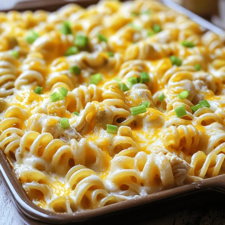 - 2 cups rotini pasta, cooked - 2 cups cooked chicken, shredded - 1 cup dill pickles, finely chopped - 1 cup ranch dressing - 1 cup shredded sharp cheddar cheese - 1/2 cup cream cheese, softened - 1/2 cup sour cream - 1 teaspoon garlic powder - 1 teaspoon onion powder - 1/2 teaspoon freshly ground black pepper - 1/2 teaspoon sea salt - Cooking spray or olive oil The main ingredients really make this dish shine. The rotini pasta creates a fun twist, while the shredded chicken adds protein. Dill pickles lend a tangy crunch that surprises everyone. Ranch dressing brings creaminess and flavor, binding the dish together. Sharp cheddar cheese melts beautifully, making a tasty crust. Cream cheese and sour cream add richness to the mix. Seasonings like garlic and onion powder enhance the overall taste. - Sliced green onions - Additional shredded cheese Garnishes can boost the dish's appeal. Sliced green onions add a fresh look and a mild onion taste. Extra cheese on top not only looks great but gives more flavor. These little touches elevate your Pickle Ranch Chicken Pasta Bake from good to amazing. Don't skip them! - Preheat the oven and prepare the baking dish: Set your oven to 350°F (175°C). Grab a 9x13 inch baking dish and coat it lightly with cooking spray or olive oil. This helps keep the dish from sticking. - Cook the rotini pasta till al dente: Bring a large pot of salted water to a boil. Add 2 cups of rotini pasta. Follow the package instructions, usually about 8-10 minutes. Drain the pasta and let it cool for a moment. - Combine chicken, pickles, ranch dressing, cream cheese, and sour cream: In a big mixing bowl, add 2 cups of shredded chicken, 1 cup of finely chopped dill pickles, 1 cup of ranch dressing, 1/2 cup of softened cream cheese, and 1/2 cup of sour cream. Using a spatula, mix these ingredients. Aim for a creamy texture. - Fold in cooked pasta with seasonings: Once your chicken mixture is creamy, add the cooked pasta. Include 1 teaspoon of garlic powder, 1 teaspoon of onion powder, 1/2 teaspoon of black pepper, and 1/2 teaspoon of sea salt. Gently fold everything together to coat the pasta well. - Spread the mixture into the baking dish: Carefully pour the pasta mixture into your prepared baking dish. Use a spatula to spread it evenly across the dish. - Top with cheddar cheese and bake until golden: Sprinkle 1 cup of shredded sharp cheddar cheese over the pasta mixture. Place the baking dish in the oven. Bake for 25-30 minutes. The cheese should be bubbly and golden brown when done. For the full recipe, check out the complete guide. - Ensure pasta is al dente for best texture. This means it should be firm but not hard. - Use room temperature cream cheese for easier mixing. Cold cream cheese can clump and be hard to blend. - Additional spices to consider: paprika or dried herbs. These can add depth to your dish. - Mix in vegetables for extra nutrition. Think about adding spinach, bell peppers, or peas for color and health. - Pair with a side salad or garlic bread. This adds crunch and freshness to your meal. - Great for meal prep or potlucks. You can make it ahead and share with friends. To make this dish even more delightful, check out the Full Recipe for all the tasty details! {{image_4}} You can switch up the protein in this dish. Shredded turkey works great instead of chicken. It adds a nice twist. Rotisserie chicken is another easy choice. It saves time and still gives that tasty flavor. If you want to go even quicker, use canned chicken. Just drain it and mix it in. It’s fast and easy, perfect for busy nights. If you prefer a meatless meal, there are great options. You can use plant-based chicken for a similar texture. It tastes good and keeps the dish hearty. If you want to skip the meat completely, that's fine too. Just add more veggies! Toss in some fresh spinach or colorful bell peppers. They add flavor and extra nutrients. The pasta you choose can change the dish. While rotini is our favorite, you can try penne or fusilli. They hold the creamy sauce well. If you need gluten-free options, there are many available. Just look for gluten-free pasta at your store. It makes this dish friendly for everyone! After enjoying Pickle Ranch Chicken Pasta Bake, you may have some leftovers. To store the dish, let it cool to room temperature. Then, place it in an airtight container. This helps keep the meal fresh. Always refrigerate leftovers within two hours of serving. They will stay good for up to three days in the fridge. If you want to save some for later, freezing is a great option. First, let the pasta bake cool completely. Then, cut it into individual portions. Wrap each piece tightly in plastic wrap. Place the wrapped pieces in a freezer-safe bag or container. This method prevents freezer burn. To enjoy later, take out a portion and thaw it in the fridge overnight. Reheat it in the oven at 350°F until warm. The shelf life of the Pickle Ranch Chicken Pasta Bake is key for planning meals. In the fridge, the dish lasts about three days. In the freezer, it can last up to three months. Always check for any signs of spoilage before eating. Enjoy this dish knowing you can savor it multiple times! For the full recipe, check out the details above. Yes, you can prepare this dish a day before. Just mix all the ingredients and put them in the fridge. When you are ready, bake it. This helps the flavors blend even better. Yes, you can use low-fat cream cheese and ranch dressing. They work well and keep the dish tasty. This way, you can enjoy a lighter version of this comfort dish without losing flavor. You can use homemade ranch or other creamy dressings as alternatives. This adds a unique twist to the dish. Try different flavors to see what you like best! This blog post covered a simple and tasty dish that brings together rotini pasta, cooked chicken, and dill pickles. You learned how to mix these ingredients with ranch dressing and bake them to perfection. We explored cooking tips, variations, and storage options. Remember, you can customize this dish to suit your taste. Whether you choose different proteins or pasta shapes, the possibilities are endless. Enjoy your cooking and make it your own!