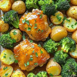 - 4 bone-in chicken thighs, skin on - 2 tablespoons Dijon mustard - 2 tablespoons honey - 1 tablespoon extra virgin olive oil - 1 teaspoon garlic powder - 1 teaspoon smoked paprika - Sea salt and freshly ground black pepper to taste - 1 pound baby potatoes, cut in half - 2 cups fresh broccoli florets - Fresh parsley, chopped, for garnish - Lemon wedges for serving - Additional spices for flavor enhancement - Other vegetables like carrots or bell peppers For my Sheet Pan Honey Mustard Chicken, I love using fresh ingredients. The chicken thighs give you that juicy bite, while the Dijon mustard and honey create a sweet and tangy glaze. You can change up the flavors with different spices. Garlic powder and smoked paprika add depth. The baby potatoes add a hearty touch. They soak up the chicken juices, making them extra tasty. Fresh broccoli florets bring color and crunch to the dish. If you want to add a twist, try lemon wedges for serving. They brighten the flavors. Other veggies like carrots or bell peppers can also work well. Feel free to mix and match based on what you have at home. For the full recipe, just follow the link provided. - Preheat the oven to 400°F (200°C). - In a bowl, mix 2 tablespoons of Dijon mustard, 2 tablespoons of honey, 1 tablespoon of olive oil, 1 teaspoon of garlic powder, 1 teaspoon of smoked paprika, and some salt and pepper. Whisk until smooth. - Place 4 chicken thighs in a large bowl. Pour half of the honey mustard sauce over them. Make sure the chicken is coated well. Save the rest of the sauce for later. - Line a sheet pan with parchment paper. Spread 1 pound of halved baby potatoes on one side of the pan. Drizzle with olive oil, add salt, and toss to coat. - Lay the chicken thighs on the other side of the sheet pan, skin side up, leaving space between each piece. - Bake for 20 minutes. This helps the chicken start cooking and the flavors blend. - After 20 minutes, take out the pan. Add 2 cups of fresh broccoli florets to the empty space. Drizzle the reserved honey mustard sauce over the broccoli. - Put the pan back in the oven and bake for another 15-20 minutes. The chicken should be golden brown and reach an internal temperature of 165°F (75°C). The veggies should be tender. - Let the dish rest for a few minutes after taking it out of the oven. - For a great look, serve directly from the sheet pan. You can also transfer everything to a big serving platter. Arrange the chicken, potatoes, and broccoli nicely, and sprinkle with fresh parsley for a pop of color. For the complete recipe, check [Full Recipe]. To keep chicken thighs juicy, marinate them in the honey mustard sauce. The sauce adds flavor and moisture. Avoid overcooking by checking the chicken's internal temperature. Aim for 165°F (75°C). For crispier skin, increase the baking time by 5 minutes. You can also broil the chicken for the last few minutes. This gives a lovely golden color and crunch. Pair your honey mustard chicken with roasted vegetables or a fresh salad. Creamy mashed potatoes also work well. For wine, try a light white like Sauvignon Blanc. It balances the dish's sweetness and richness. A light red like Pinot Noir can also complement it nicely. Use a heavy-duty sheet pan for even cooking. It helps to prevent warping in the oven. A non-stick pan can be great too for easy cleanup. For mixing the sauce, a medium-sized mixing bowl and a whisk work best. They help combine the ingredients smoothly. {{image_4}} You can easily change this dish to fit your needs. For a lighter option, use boneless chicken. The cooking time will be shorter, around 20-25 minutes. Just make sure the chicken reaches 165°F. If you prefer a vegan dish, swap chicken for tofu or tempeh. Press the tofu first to remove moisture. Cut it into cubes and marinate it in the honey mustard sauce. Bake it for about 25-30 minutes for tasty results. Get creative with herbs and spices. Try adding rosemary or thyme for added depth. You can also use chili powder for a spicy kick. Just mix and match to suit your taste. Don’t forget to switch up your veggies, too! Use seasonal produce like zucchini in the summer or carrots in the fall. This keeps your meal fresh and adds different tastes. Prepare your ingredients ahead of time. Chop the veggies and marinate the chicken the night before. Store everything in the fridge for quick meals on busy days. You can also freeze leftovers for later. Just let the dish cool, then place it in airtight containers. It will stay fresh for about three months. Reheat it in the oven for best results. For the full recipe, check out the main article. To store your leftovers, place them in an airtight container. Make sure to cool them first. This helps keep the chicken and veggies fresh. Store them in the fridge within two hours of cooking. Try to eat the leftovers within three to four days for the best taste. Keep the honey mustard sauce separate if you can. This helps keep everything flavorful and fresh. If you want to freeze the leftovers, use a freezer-safe container. Make sure to label it with the date. You can freeze the chicken and veggies together or separately. They stay good for up to three months. When you are ready to eat, thaw them overnight in the fridge. Reheat the chicken in the oven at 350°F (175°C) for about 20 minutes. This helps keep it juicy and tasty. Typically, your leftovers last about three to four days in the fridge. If they smell off or look strange, it’s best to throw them away. Signs of spoilage include a slimy texture or a bad smell. Always trust your senses. It’s better to be safe than sorry when it comes to food! Check the chicken's internal temperature. Use a meat thermometer. Insert it into the thickest part of the thigh. It should read 165°F (75°C) to be safe. This ensures the chicken is fully cooked and safe to eat. You can also check for clear juices. If juices run clear, the chicken is likely done. Yes, you can prep the chicken and sauce ahead. Marinate the chicken in the honey mustard mix. Cover it and store it in the fridge for up to 24 hours. This boosts flavor and saves time. You can also chop the veggies ahead. Just keep them in airtight containers until cooking. If you don’t have Dijon mustard, try yellow mustard. It adds a tangy flavor too. You can also use whole grain mustard for a crunchier texture. Another option is honey alone, but this will change the taste. Each substitute keeps the dish tasty without losing its essence. Absolutely! This dish is great for meal prep. Cook a big batch and store leftovers. You can freeze portions in airtight containers. They last for up to three months. When ready to eat, thaw in the fridge overnight. Reheat in the oven or microwave for a quick meal. For crispy skin, dry the chicken well before cooking. Pat it with paper towels to remove moisture. Season it well with salt. This helps draw out more moisture during cooking. Bake at a high temperature, around 425°F (220°C), for extra crunch. Placing the chicken skin side up also helps. This recipe covers everything you need for a tasty meal. We looked at key ingredients, steps for cooking, and some smart tips. I shared ideas for variations and how to store leftovers, too. You can make this honey mustard chicken your own and enjoy it any day. Remember, cooking is fun! Try these ideas and make your meals special. Happy cooking!