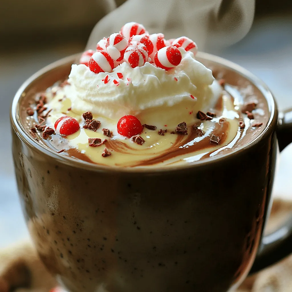 To make a great peppermint bark hot chocolate, you need these key ingredients: - 2 cups whole milk - 1 cup heavy cream - 1/2 cup semi-sweet chocolate chips - 1/4 cup peppermint syrup - 1/4 teaspoon vanilla extract - 1/4 cup crushed peppermint candies These ingredients work together to create a rich and creamy drink. The whole milk and heavy cream give it a smooth texture. The semi-sweet chocolate adds a deep, rich flavor. The peppermint syrup brings that festive taste we all love. You can add your twist to this recipe by using optional ingredients: - Dark chocolate chips for a richer taste - White chocolate chips for sweetness and creaminess - Almond milk or oat milk for a dairy-free option These swaps can help you find your perfect flavor. Feel free to experiment based on your taste and dietary needs. Garnishes can elevate your hot chocolate. Try these: - Whipped cream for a fluffy topping - Additional crushed peppermint candies for crunch - Chocolate shavings for a touch of elegance These toppings not only add flavor but also make your drink look beautiful. Enjoying this hot chocolate is about the full experience. You can find the full recipe to dive deeper into making this cozy treat. To make peppermint bark hot chocolate, start with the milk and cream. Pour 2 cups of whole milk and 1 cup of heavy cream into a medium saucepan. Heat this mixture on medium until it steams. Be careful not to let it boil. When it's hot, add 1/2 cup of semi-sweet chocolate chips. Stir with a whisk or wooden spoon until the chocolate melts and the mix is smooth. Next, add 1/4 cup of peppermint syrup and 1/4 teaspoon of vanilla extract. Stir well to blend these flavors. Remove the pan from heat and fold in 1/4 cup of crushed peppermint candies. These will add a festive twist. Pour the hot chocolate into your favorite mugs, filling them generously. Top each mug with whipped cream. For a pretty touch, sprinkle extra crushed peppermint candies and some chocolate shavings on top. To get a creamy texture, use whole milk and heavy cream. Whole milk gives richness, while heavy cream adds a silky feel. Stirring chocolate continuously helps avoid lumps. You want the hot chocolate to be velvety smooth. If you notice any lumps, keep stirring until they disappear. If you want it even richer, consider adding more chocolate chips. A bit of extra cream can also enhance the creaminess. Just remember, balance is key. Too much cream might overpower the peppermint flavor. Melting chocolate can be tricky. Use a low heat to prevent burning. Stir often and keep an eye on the pot. If you have a double boiler, that can help too. Just place the chocolate in the top bowl and let steam from the bottom pot do the work. If you're in a hurry, you can melt chocolate chips in the microwave. Use a microwave-safe bowl and heat in bursts of 15 seconds, stirring in between. This method is quick and keeps the chocolate smooth. Always remember to be patient. Good chocolate takes time to melt perfectly. For the full recipe, check out Peppermint Bark Hot Chocolate Delight. To get the best flavor, use high-quality chocolate. Semi-sweet chocolate chips work well, but dark chocolate adds depth. The peppermint syrup is key. Start with 1/4 cup, then taste. If you want more peppermint kick, add a little more. Vanilla extract adds warmth and depth too. Adjust these flavors to fit your taste. You will need a few tools to make this hot chocolate. Here’s a simple list: - Medium saucepan - Whisk or wooden spoon - Measuring cups for accuracy - Mugs for serving - A knife and cutting board for crushing candies These tools help you create a smooth and rich drink without any fuss. One common mistake is boiling the milk and cream. Heat them gently until they steam, but don’t boil. This keeps the texture smooth. Another error is not stirring enough. Stir continuously when adding chocolate. This helps it melt evenly. Finally, don’t skip the crushed peppermint candies. They add a fun crunch and burst of flavor. Enjoy your Peppermint Bark Hot Chocolate Delight! {{image_4}} You can add fun flavors to your peppermint bark hot chocolate. Try mixing in a splash of almond extract for a nutty twist. A bit of orange zest can boost the flavor with a citrus kick. For a richer taste, use dark chocolate chips instead of semi-sweet. You can also add a pinch of cinnamon for a warm spice. Each twist gives your drink a fresh taste. If you want a dairy-free version, swap whole milk and cream for almond or oat milk. Use dairy-free chocolate chips to keep it vegan. Substitute the heavy cream with coconut cream for a rich texture. You can still enjoy the peppermint flavor with the syrup. This way, everyone can cozy up with a warm cup of hot chocolate. Change up your hot chocolate for the holidays. For Halloween, use orange food coloring to make it spooky. Add a splash of pumpkin spice to give it a fall flavor. During Christmas, top it with a candy cane for a festive look. For Valentine's Day, mix in a bit of raspberry syrup for a romantic touch. These seasonal twists make your drink perfect for any celebration. For the full recipe, visit Peppermint Bark Hot Chocolate Delight. You may have some hot chocolate left after your cozy treat. Pour it into a container with a tight lid. Let it cool first, then store it in the fridge. It will stay good for up to three days. When you want a warm drink again, just follow the reheating instructions below. To reheat your hot chocolate, pour it into a saucepan. Heat it on low. Stir it gently as it warms. This keeps the chocolate smooth and creamy. If you prefer the microwave, use a microwave-safe mug. Heat it for 30 seconds, then stir. Heat in 15-second bursts if needed. This method prevents hot spots. If you want to save hot chocolate for later, freezing is a great option. Pour the cooled hot chocolate into ice cube trays. After they freeze, pop them out and place them in a freezer bag. They will last for up to three months. When you want to enjoy a cup, just add the cubes to a mug and pour in hot milk. Stir until melted for a quick and tasty treat. For the full recipe and more tips, check out the Peppermint Bark Hot Chocolate Delight. The best chocolate for hot chocolate is semi-sweet. It adds a rich taste without being too sweet. You can also use dark chocolate for a bolder flavor. For a creamier drink, try milk chocolate. I love mixing different types of chocolate to create a unique taste. Experiment to find your favorite blend. Yes, you can use other flavors if you want. Vanilla extract gives a nice twist. You can also add almond or hazelnut syrup for a different taste. If you prefer natural options, try peppermint extract. Just be careful with the amount; it’s stronger than syrup. This makes it easy to customize your drink! To serve more people, simply double or triple the recipe. Use a large pot to heat the milk and cream. Then, adjust the amounts of chocolate chips and peppermint syrup. For instance, if you want to serve four, use 4 cups of milk and 2 cups of cream. It’s easy to make a big batch for parties or family gatherings. - Full Recipe: Peppermint Bark Hot Chocolate Delight This blog post shared all you need to make Peppermint Bark Hot Chocolate. We covered essential and optional ingredients, plus great garnishes. You learned steps for perfect texture and common mistakes to watch out for. We explored fun variations and tips for storage. Now, you can create your own tasty version. Enjoy every sip of your delightful drink!