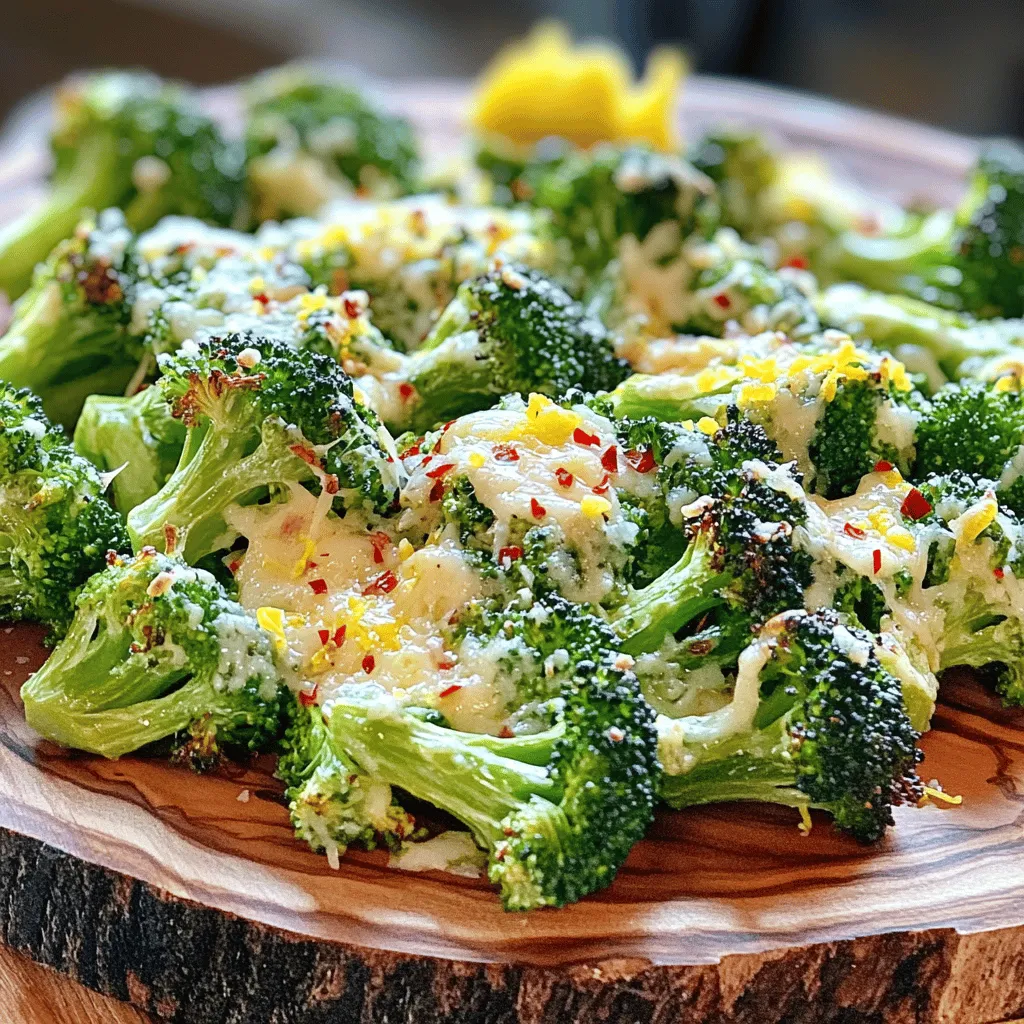 - 1 pound broccoli florets - 4 cloves garlic, finely minced - 3 tablespoons extra virgin olive oil - 1/2 cup freshly grated Parmesan cheese - 1 teaspoon freshly squeezed lemon juice - 1 teaspoon red pepper flakes (optional) - Salt and freshly cracked black pepper, to taste - Zest of 1 lemon (for garnishing) When I create Roasted Garlic Parmesan Broccoli, I focus on fresh, simple ingredients. The broccoli brings color and crunch. Garlic adds a rich, savory flavor. Olive oil helps everything roast nicely. Parmesan cheese gives a nutty, creamy touch. Lemon juice adds brightness, while red pepper flakes can bring some heat. Salt and pepper balance all the flavors perfectly. If you want a different taste, there are great options. You can swap Parmesan cheese for Pecorino Romano for a sharper flavor. Nutritional yeast makes a good dairy-free alternative. For olive oil, try avocado oil for a buttery flavor. If you want milder garlic, use garlic powder instead of fresh garlic. Each change will give you a unique twist on this dish! For the full recipe, check out the [Full Recipe]. 1. Preheat your oven to 425°F (220°C). The high heat helps to create a nice, crispy texture. 2. Take one pound of broccoli florets. Place them in a large bowl. Add four finely minced garlic cloves. This mix starts the flavor explosion. 1. Drizzle three tablespoons of extra virgin olive oil over the broccoli and garlic. This helps everything roast evenly. 2. Sprinkle salt, freshly cracked black pepper, and one teaspoon of red pepper flakes if you like a bit of heat. Toss it all well so every piece is coated. 3. Arrange the mixture on a baking sheet. Make sure the florets are in a single layer. This way, they all roast evenly without steaming. 1. Roast the broccoli for about 15 minutes. Turn the florets halfway through for even cooking. 2. After 15 minutes, take them out and sprinkle half a cup of freshly grated Parmesan cheese over the top. 3. Return the baking sheet to the oven for five more minutes. The cheese should melt and turn slightly golden. 4. Finally, squeeze one teaspoon of freshly squeezed lemon juice over the broccoli. This adds a nice zing. 5. Garnish with the zest of one lemon before serving. It gives a bright look and taste. For the full recipe, check out the earlier section. Enjoy creating this flavorful side dish! To roast broccoli perfectly, start by setting your oven to 425°F (220°C). This high heat helps the broccoli get crispy. A hot oven also cooks the garlic well, adding great flavor. Arranging the broccoli in a single layer on your baking sheet is key. This way, each floret cooks evenly. If you pile them up, they will steam instead of roast. Adding more flavor is easy! You can try mixing in herbs like thyme or oregano. A little lemon zest before serving brightens the taste too. For a crispier texture, roast the broccoli longer. Keep an eye on it to avoid burning. You can also broil it for a minute at the end. This gives a nice crunch to the cheese and florets. Roasted Garlic Parmesan Broccoli pairs well with many main dishes. It goes great with grilled chicken or salmon. You can also serve it alongside pasta for a veggie boost. For a fancy touch, plate the broccoli on a rustic wooden board. Add extra lemon zest and cracked pepper on top. This makes the dish look and taste even better! Try this recipe for Roasted Garlic Parmesan Broccoli [Full Recipe] and enjoy! {{image_4}} You can switch out Parmesan for many other cheeses. Pecorino Romano adds a sharp flavor. Cheddar gives a creamy texture. If you want a milder taste, use gouda or mozzarella. For a dairy-free option, try nutritional yeast. It brings a cheesy flavor without the milk. Vegan cheese brands also offer great alternatives. Just choose one that melts well. Roasted garlic Parmesan broccoli is tasty on its own, but you can add more veggies. Carrots, bell peppers, or cauliflower work well. They add color and crunch. For protein, consider adding chickpeas or cooked chicken. This makes it a filling meal. You can even toss in cooked quinoa for more texture and nutrients. These add-ins make your dish more exciting and nutritious. Adjust the spice level to suit your taste. If you love heat, add more red pepper flakes. For a milder dish, skip them or use less. You can also play with citrus flavors. Try adding lime juice for a twist. Lemon zest brightens the dish and pairs well with garlic. These small changes can transform the dish into something new. For the full recipe, check out Roasted Garlic Parmesan Broccoli. After you enjoy your Roasted Garlic Parmesan Broccoli, you may have some leftovers. To keep them fresh, place them in an airtight container. Make sure they cool down before sealing the container. Store it in the fridge where it will stay good for about 3-4 days. If you want to keep it longer, freezing is an option. When it's time to enjoy your leftovers, you can reheat them in a few ways. The oven works best. Preheat it to 350°F (175°C). Spread the broccoli on a baking sheet and warm it for about 10 minutes. This method helps keep the crispiness. You can also use a skillet over medium heat. Just add a little olive oil and stir until heated. Yes, you can freeze Roasted Garlic Parmesan Broccoli! To freeze, let it cool completely. Then, place it in a freezer-safe bag or container. Remove as much air as possible. It’s best to use it within 2-3 months. When you're ready to eat, thaw it in the fridge overnight. Reheat in the oven or skillet for the best results. For the full recipe, check out the detailed steps to create this tasty dish! Can I make this dish in advance? Yes, you can prep the broccoli and garlic ahead. Toss them in oil and seasonings. Store in the fridge for up to a day. Roasting just before serving keeps it fresh and tasty. How do I make Roasted Garlic Parmesan Broccoli less salty? To reduce saltiness, use less salt when seasoning. You can also add more broccoli to balance the flavors. Another tip is to add a splash of lemon juice to brighten the dish without added salt. What to do if I don’t have fresh garlic? If you lack fresh garlic, try garlic powder instead. Use about 1/4 teaspoon for each clove. Mix it in with the oil before coating the broccoli. Caloric content of Roasted Garlic Parmesan Broccoli One serving (about 1 cup) contains roughly 150 calories. This can vary based on the amount of oil and cheese used. Health benefits of broccoli and garlic Broccoli is rich in vitamins C and K. It also has fiber, which aids digestion. Garlic boosts your immune system and adds flavor without extra calories. How long do you roast broccoli for? Roast the broccoli for about 15 to 20 minutes. Check for that tender, crispy texture. Turn the florets halfway through for even cooking. What should I serve with Roasted Garlic Parmesan Broccoli? This dish pairs well with grilled chicken or fish. You can also serve it alongside pasta or a grain-based salad. It adds color and flavor to any meal. For the full recipe, check out the main article! In this blog post, we explored making the perfect Roasted Garlic Parmesan Broccoli. We covered the main ingredients, from fresh broccoli to garlic and cheese. You learned some key tips for roasting and enhancing flavors. We also discussed ingredient substitutions and variations to suit your taste. Whether serving as a side dish or a main option, this broccoli recipe shines. Enjoy trying different flavors and share your unique twists with others. Cooking is fun, and this dish proves that veggies can be delicious!