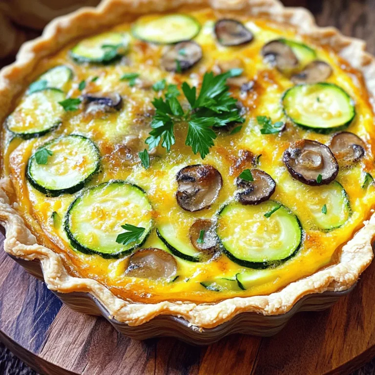 The Zucchini Mushroom Quiche has simple but tasty ingredients. You will need: - 1 pre-made pie crust (store-bought or homemade) - 2 medium zucchinis, thinly sliced - 1 cup mushrooms, diced (cremini or button mushrooms work beautifully) - 1 small onion, finely chopped - 3 large eggs - 1 cup heavy cream or full-fat coconut milk - 1 cup shredded cheddar cheese (or a blend of your favorites) - 1 teaspoon garlic powder - 1 teaspoon dried thyme - Salt and freshly ground black pepper to taste - Fresh parsley, chopped (for garnish) These key ingredients create a rich and satisfying dish. The zucchini and mushrooms add moisture and flavor. The cheese and cream make it creamy and delicious. If you prefer a dairy-free option, use full-fat coconut milk instead of heavy cream. You can also replace cheddar cheese with a vegan cheese alternative. This way, you can enjoy the same great taste without dairy. Many brands offer tasty dairy-free cheeses. Just pick your favorite! For extra flavor, consider adding some herbs or spices. Fresh basil or oregano can brighten the dish. You might also try red pepper flakes for a touch of heat. Garnishing with fresh parsley not only looks nice but adds a fresh taste. You can also add a dollop of dairy-free sour cream on top when serving. These small touches make your quiche look and taste gourmet. For the full recipe, check out the details above. Start by washing the zucchinis and mushrooms. Cut the zucchinis into thin slices. For the mushrooms, dice them into small pieces. Next, chop the onion finely. Heat a splash of olive oil in a medium skillet over medium heat. Add the chopped onion and stir it. Cook until the onion turns translucent, about 3-4 minutes. Then, add the diced mushrooms to the skillet. Stir them in and cook for 5 minutes. The mushrooms will release water and brown a bit. After that, add the zucchini slices. Sprinkle in the garlic powder and dried thyme. Season with salt and pepper. Cook for another 5-7 minutes until the zucchini is tender. Remove the skillet from the heat and let the vegetable mix cool slightly. In a large mixing bowl, crack open 3 large eggs. Whisk them until they are smooth. Then, pour in 1 cup of heavy cream or coconut milk. Mix well until combined. Now, fold in the shredded cheese. You can use cheddar or your favorite blend. Next, add the cooled vegetable mixture to the egg and cheese mix. Stir gently to combine everything evenly. This filling will be rich and flavorful. Now, it’s time to assemble the quiche. Take your pre-made pie crust and carefully pour the filling into it. Spread the mix evenly to ensure even cooking. Preheat your oven to 375°F (190°C). Place the quiche in the oven and bake for 30-35 minutes. Keep an eye on it. The center should be set, and the top should turn a lovely golden brown. Once it’s done, take the quiche out of the oven. Let it cool for about 10 minutes before slicing. This helps the filling firm up. Lastly, sprinkle fresh parsley on top for a bright finish. Enjoy your delicious Zucchini Mushroom Quiche! For the full recipe, refer to the recipe section above. To get a great crust, start with a good pre-made pie crust. If you make your own, keep it cold. Chill the dough for at least 30 minutes before rolling it out. When you place the crust in your pie dish, don’t stretch it. Just fit it gently. This helps it hold its shape while baking. Prick the bottom with a fork to stop bubbles. If you want a crispy crust, pre-bake it for about 10 minutes before adding the filling. To check if your quiche is done, look for a firm center. It should not jiggle when you move it. You can also insert a knife in the center. If it comes out clean, your quiche is ready. The top should be golden brown. If it browns too fast, cover it loosely with foil. This keeps it from burning while the inside finishes baking. Serve your zucchini mushroom quiche warm or at room temperature. Cut it into wedges for easy serving. I like to garnish with fresh parsley for color. You can also pair it with a simple salad or some fresh fruit. This makes a lovely meal for brunch or lunch. For extra flavor, consider serving it with a dollop of sour cream or a tangy sauce. For the full recipe, check out my detailed guide! {{image_4}} This quiche already shines as a vegetarian dish! You can amp up the veggies for extra flavor. Consider adding bell peppers, spinach, or even sun-dried tomatoes. Each adds a unique taste and color. Feel free to mix and match your favorite vegetables. You can make it your own while keeping it meat-free. To make a gluten-free version, simply swap the pie crust for a gluten-free crust. You can find these at many stores. Alternatively, make a crustless quiche by greasing the pan and pouring in the filling directly. This option is just as tasty and cuts out gluten entirely. For those wanting to change things up, try different cheeses. Feta or goat cheese can add a tangy kick. You can also swap out the heavy cream for a lighter option like almond milk or a plant-based cream. Want a bit of heat? Add red pepper flakes or a dash of hot sauce. These small changes can create new flavors without altering the dish's essence. Check out the Full Recipe for all the details on making this delicious quiche! After you enjoy your zucchini mushroom quiche, store leftovers in the fridge. Place slices in an airtight container. They can last up to 3 days, but they taste best fresh. To keep them from drying out, cover the quiche tightly with plastic wrap or foil. This helps maintain moisture and flavor. If you want to save your quiche for later, freezing is a great option. First, let the quiche cool completely. Then, wrap it tightly in plastic wrap and foil. This prevents freezer burn. You can freeze it for up to 2 months. When you’re ready to eat it, thaw it in the fridge overnight before reheating. To reheat, preheat your oven to 350°F (175°C). Place the quiche on a baking sheet. Cover it with foil to keep it from burning. Heat for about 20-25 minutes, or until warm throughout. If you prefer a crispier crust, remove the foil for the last 5 minutes. Enjoy your warm, tasty quiche just like fresh from the oven! For a full recipe, check out the details above. Yes, you can use fresh herbs! Fresh herbs bring bright flavors. Use three times more fresh herbs than dried. For our quiche, try fresh thyme or parsley. Chop them finely and mix them in. The taste will be vibrant and fresh. Your quiche is done when the center is set. It should not jiggle when you move it. The top should be golden brown. A knife inserted in the middle should come out clean. If it needs more time, bake in five-minute increments. Pair your quiche with a simple salad. A green salad with mixed greens works well. You can also add sliced tomatoes or cucumbers. Serve with a light vinaigrette for extra flavor. Another option is to include some crusty bread on the side. Enjoy a tasty and balanced meal! This blog post covered key ingredients, step-by-step instructions, and useful tips for making zucchini mushroom quiche. We explored variations and storage methods to help you enjoy it longer. Remember, you can customize the quiche with different veggies or seasonings. Stay creative in the kitchen! You’ll impress everyone with your new quiche skills. Whether you save leftovers or share with friends, this dish will please all. Enjoy every bite of your flavorful creation!