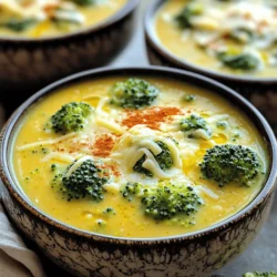 - 4 cups fresh broccoli florets - 1 medium onion, finely diced - 2 cloves garlic, minced - 3 cups vegetable broth - 1 cup heavy cream - 2 cups sharp cheddar cheese, freshly grated - 1 teaspoon Dijon mustard - 1/2 teaspoon smoked paprika - Salt and freshly cracked pepper to taste - 1 tablespoon olive oil - 2 tablespoons all-purpose flour (optional) When I make broccoli cheddar soup, I focus on quality. The fresh broccoli florets should look bright and crisp. Use a medium onion for a nice base flavor. The garlic adds a subtle kick that complements the cheese. The broth is key. I prefer a low-sodium vegetable broth. It lets the other flavors shine without being too salty. Heavy cream brings richness to the soup. For seasonings, I love using sharp cheddar cheese. It melts beautifully and gives that classic taste. Dijon mustard adds a nice tang. Smoked paprika gives a hint of warmth. Don’t forget to season with salt and pepper to balance all the flavors. If you want a thicker soup, you can use all-purpose flour. This step is optional, but it helps create that creamy texture. All these ingredients come together to make a comforting bowl of soup, perfect for any day. You can find the full recipe to guide you through the cooking process. 1. Sauté Aromatics: Onion and garlic Start by heating the olive oil in a large pot over medium heat. Add the finely diced onion. Cook it for about 5 minutes, stirring often, until it becomes soft and clear. Then, add the minced garlic. Cook it for another minute, stirring until it smells fantastic. 2. Adding Broccoli and Broth: Bring to a boil Next, mix in the fresh broccoli florets with the sautéed onion and garlic. Pour in the vegetable broth. Turn up the heat until the soup begins to boil. Once boiling, reduce the heat. Let it simmer for 10-15 minutes until the broccoli is bright green and tender. 1. Optional: Adding flour for thickness If you like a thicker soup, sprinkle the flour over the mixture. Stir it in well. Let it cook for a minute to remove the raw flour taste. 2. Pureeing the soup: Using an immersion blender Use an immersion blender right in the pot. Blend the soup until it reaches your favorite consistency. You can make it smooth or leave a few chunks for texture. If you don’t have an immersion blender, carefully transfer the soup to a regular blender in small batches. 1. Incorporating cream, spices, and cheese Put the pot back on low heat. Stir in the heavy cream, Dijon mustard, and smoked paprika. Mix until everything is well combined and warm. 2. Simmering for flavors Gradually add the grated cheddar cheese, stirring until it melts completely. Taste the soup, then season it with salt and freshly cracked pepper. Let it simmer on low for 5 more minutes. These steps guide you through making a delightful bowl of broccoli cheddar soup. For the full recipe, check out the earlier section. Enjoy the creamy goodness! To get the perfect texture in your broccoli cheddar soup, aim for a creamy blend. Use an immersion blender for easy mixing. You can blend it smooth or keep some pieces for a rustic feel. This choice adds to the overall experience. Cook the broccoli until it's just tender. This usually takes about 10 to 15 minutes. When it turns bright green, it's ready. Overcooked broccoli can turn mushy, which you want to avoid. Want more flavor? Try adding spices like a pinch of cayenne or nutmeg. Fresh thyme or parsley can also brighten the taste. These herbs work well with the cheese and broccoli mix. For cheese, sharp cheddar is the classic choice, but you can mix it up. Try Gruyère for a nutty flavor or pepper jack for some heat. Each cheese brings a unique twist to the soup. Make your soup look as good as it tastes. Serve it hot in warmed bowls. Top each bowl with extra cheese and a few broccoli florets for color. A drizzle of olive oil adds a nice touch too. Pair this soup with warm, crusty bread or a light salad. These sides balance the rich soup and complete your meal. Enjoying this soup is a feast for both the eyes and the palate! {{image_4}} Making it gluten-free To make this soup gluten-free, swap the all-purpose flour for a gluten-free blend. You can also use cornstarch mixed with water as a thickener. This keeps the creamy texture without the gluten. Vegan alternative options If you prefer a vegan version, use plant-based cheese and cream. Coconut milk can replace heavy cream for richness. Nutritional yeast adds a cheesy flavor without dairy. Best substitutes for cheese and cream For cheese, try using cashew cheese or vegan cheese. These options melt well and keep the flavor rich. Instead of cream, you can use silken tofu blended until smooth for a creamy texture. Using frozen versus fresh broccoli Fresh broccoli adds a bright taste and texture, but frozen works too. Frozen broccoli is often picked at peak ripeness. Just ensure you thaw it first and drain any excess water. Southwest flavors: Adding jalapeños For a spicy twist, add diced jalapeños when cooking the onions. This gives the soup a nice kick and pairs well with the cheese. Classic French variations: Adding leeks Adding leeks brings a mild, sweet flavor. Sauté them with the onions for a lovely depth. This is a classic touch that enhances the overall taste of the soup. To keep your broccoli cheddar soup fresh, store it in an airtight container. Make sure it cools to room temperature before sealing it tight. This helps avoid moisture buildup inside the container. Label the container with the date. This way, you’ll know when you made it. You can freeze broccoli cheddar soup for quick meals later. First, let the soup cool completely. Then, pour it into freezer-safe bags or containers. Leave a little space at the top, as liquids expand when frozen. To reheat, thaw the soup in the fridge overnight. Warm it on the stove over low heat. Stir well to mix any separated ingredients. In the fridge, you can keep the soup for about 3-4 days. If you freeze it, it can last up to 3 months. Always check for any off smells or changes in color before eating leftovers. For the full recipe, check the section above. How to make broccoli cheddar soup without cream? You can use milk or a plant-based milk. This gives a creamy texture. Add more cheese for richness. You can also use blended cauliflower for a thick base. Can I use frozen broccoli instead of fresh? Yes, frozen broccoli works well. It saves time and is easy to find. Just add it to the pot when you would add fresh. Cook until tender, and your soup will still taste great. What is the best cheese for broccoli cheddar soup? Sharp cheddar cheese is the best choice. It adds a strong, rich flavor. You can mix it with Gruyère cheese for extra creaminess and depth. Can I prepare this soup in advance? Absolutely! Make the soup, cool it, and store it in the fridge. It lasts about three days. Reheat gently on the stove for the best taste. Is broccoli cheddar soup healthy? Broccoli cheddar soup can be healthy. It has broccoli, which is full of vitamins. However, cream and cheese add calories. Balance it with a salad or whole grain bread. How to reduce calories in the recipe? Use low-fat milk instead of cream. Choose a reduced-fat cheese or less cheese overall. You can also add more veggies to bulk it up without adding many calories. Discover the full recipe for Cheesy Broccoli Bliss Soup to make this dish at home! This soup is a warm hug in a bowl. It combines fresh broccoli, rich cheese, and cream. You will love its comforting taste. Here’s how to make it. Ingredients: - 4 cups fresh broccoli florets - 1 medium onion, finely diced - 2 cloves garlic, minced - 3 cups vegetable broth (homemade or low-sodium) - 1 cup heavy cream - 2 cups sharp cheddar cheese, freshly grated - 1 teaspoon Dijon mustard - 1/2 teaspoon smoked paprika - Salt and freshly cracked pepper to taste - 1 tablespoon olive oil - 2 tablespoons all-purpose flour (optional, for added thickness) Instructions: 1. Sauté Aromatics: In a large pot, heat the olive oil over medium heat. Once hot, add the diced onion. Sauté until it turns translucent, about 5 minutes. 2. Add Garlic: Stir in the minced garlic. Cook for one more minute, stirring often until fragrant. 3. Add Broccoli and Broth: Mix in the broccoli florets and pour in the vegetable broth. Bring this to a boil. Once boiling, lower the heat to a gentle simmer and cook for 10-15 minutes. The broccoli should be tender and bright green. 4. Thicken (Optional): If you want a thicker soup, sprinkle flour over the mix. Stir well to combine. Cook for one minute to cook the flour. 5. Puree the Soup: Use an immersion blender in the pot to blend the soup. You can make it smooth or leave some pieces. If you don't have an immersion blender, carefully transfer the soup in batches to a traditional blender. 6. Incorporate Cream and Spices: Return the pot to low heat. Stir in the heavy cream, Dijon mustard, and smoked paprika until everything is well mixed and heated. 7. Melt the Cheese: Gradually add the grated cheddar cheese, stirring until it melts completely. Taste and add salt and cracked pepper as needed. 8. Simmer for Flavors: Let the soup simmer on low for another 5 minutes. Stir now and then to keep it warm. Prep Time: 10 mins | Total Time: 30 mins | Servings: 4 Presentation Tips: Serve the soup hot in warmed bowls. Top with extra grated cheddar and a few broccoli florets for color. Drizzle a little olive oil on top for extra richness. Enjoy it with warm crusty bread for a perfect meal! For the complete recipe, refer to the earlier section. This blog post covered how to make a delicious broccoli cheddar soup. We explored key ingredients, the cooking steps, and tips for the perfect texture and flavor. You can even adapt the recipe for different diets and tastes. Remember, this soup is versatile and can be enjoyed fresh or frozen. Try making this soup your own with unique twists. Happy cooking!