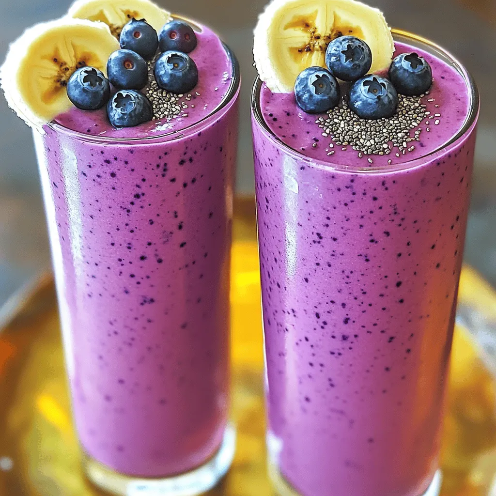 - 1 cup fresh or frozen blueberries - 1 ripe banana, sliced - 1 cup coconut milk - 1/2 cup Greek yogurt - 1 tablespoon honey or maple syrup - 1 tablespoon chia seeds - Ice cubes (if using fresh blueberries) This blueberry coconut smoothie is simple to make. You start with blueberries, which give the drink a sweet, fruity flavor. Bananas add creaminess and natural sweetness. Coconut milk gives it a rich, tropical taste. Greek yogurt makes it thick and helps with protein. Chia seeds add a nice crunch and extra nutrition. They are full of fiber and omega-3s, which are good for your heart. Honey or maple syrup can sweeten your smoothie. If you like it sweeter, you can add more. If you use fresh blueberries, toss in some ice cubes. This helps chill your smoothie. Frozen blueberries keep it cool, so you can skip the ice. The balance of these ingredients creates a delicious treat. You can enjoy this smoothie any time of day. For the complete recipe, check out the Full Recipe. To start, you need to prepare your base. If you are using fresh blueberries, grab a handful of ice cubes. This will help keep your smoothie nice and cold. If you choose frozen blueberries, you can skip the ice since they will chill the drink perfectly. Make sure all your ingredients are ready. This includes your banana, coconut milk, Greek yogurt, and any sweeteners you want to add. Now, it’s time to blend! Put the blueberries, sliced banana, coconut milk, Greek yogurt, and honey or maple syrup into the blender. If you want a health boost, add chia seeds at this stage. Blend on high speed for 30 to 60 seconds. Check if the mixture is smooth and creamy. Sometimes, you might need to pause and scrape down the sides of the blender to mix everything well. After blending, taste your smoothie. If you want it sweeter, you can add more honey or maple syrup. Blend again for a few seconds to mix in the sweetener. When it’s ready, pour the smoothie into two tall glasses. To make it look special, top each glass with a few whole blueberries or a sprinkle of chia seeds. You can even add a slice of banana on the rim or a sprig of mint for some flair. Enjoy your Blueberry Coconut Bliss Smoothie! For the complete recipe, check the Full Recipe section. When choosing bananas and blueberries, look for ripe options. Ripe bananas have a few brown spots. This means they will be sweeter and creamier. For blueberries, choose plump berries with a deep blue color. Avoid any with green or mushy spots. You can add extra flavors too. A splash of vanilla extract gives a nice touch. Protein powder is another great option. It makes your smoothie more filling and nutritious. Chia seeds are a fantastic addition to your smoothie. They are small but mighty. They provide fiber, protein, and omega-3 fatty acids. They can help with digestion and heart health. If you want to swap Greek yogurt, try dairy-free yogurt. Coconut yogurt is a great choice. It adds creaminess and keeps the tropical vibe. You can also use silken tofu for added protein without dairy. To adjust the thickness, add more coconut milk or yogurt. If you want a thinner smoothie, pour in some extra coconut milk. For a thicker texture, add more yogurt. For a creamy blend, start by blending the bananas first. This helps break them down before adding other ingredients. If it gets stuck, pause and scrape the sides. This way, everything mixes well. {{image_4}} You can easily make this smoothie dairy-free. Instead of Greek yogurt, use coconut yogurt. Coconut yogurt adds a lovely flavor and keeps the texture creamy. If you want a sweeter taste, adjust the honey or maple syrup. You can also use unsweetened coconut milk for a lighter option. This way, your smoothie remains delicious without any dairy. Want to make the smoothie healthier? Add leafy greens! Spinach or kale blends well with blueberries. You won’t even taste them. Greens boost vitamins and minerals. They add fiber and help with digestion. Plus, the bright color of the smoothie stays vibrant. It’s a fun way to sneak in some veggies. Feel free to mix in other fruits! Strawberries, mango, or even pineapple can add new flavors. Each fruit brings its own taste and sweetness. Pair fruits that balance each other, like tart with sweet. This adds depth to your smoothie. You can create endless flavor combinations for a fresh treat every time. To keep your blueberry coconut smoothie fresh, use airtight containers. Glass jars work great. Store the smoothie in the fridge for up to two days. After that, it may lose its taste and texture. If you have extra smoothie, freezing is a smart option. Pour the smoothie into ice cube trays or small containers. This way, you can grab just what you need later. To use, let the cubes sit out for about 10 minutes. Alternatively, place them in the fridge overnight to thaw. When you thaw a smoothie, it might look a little different. To fix this, just blend it again. Add a splash of coconut milk if it seems thick. This helps restore its smooth texture. If you notice separation, don't worry. A quick blend will bring it all back together. Aim for a creamy finish, just like when you first made it! Yes, you can use frozen blueberries. Frozen berries have many benefits. They are often picked at peak ripeness, which means they are sweet and packed with nutrients. Using frozen blueberries also helps chill your smoothie without needing ice. This makes your drink creamy and smooth. To make this smoothie vegan, swap out dairy products. Use dairy-free yogurt instead of Greek yogurt. For milk, choose canned coconut milk or carton coconut milk. Instead of honey, try maple syrup or agave syrup as a sweetener. These options keep your smoothie tasty and plant-based. This smoothie is full of health benefits. Blueberries are rich in antioxidants. They help fight free radicals in your body. Coconut milk is a great source of healthy fats. It gives energy and supports heart health. Together, these ingredients create a nutritious treat that’s good for you. Yes, you can add protein powder. It boosts protein levels in your drink. Use plant-based protein powders like pea or hemp. Aim for one scoop, or about 20 grams of protein. This addition makes your smoothie filling and great for recovery after workouts. Enjoy your Blueberry Coconut Bliss Smoothie with these simple tips for a tasty experience! For the full recipe, check the recipe section. This smoothie recipe is both simple and versatile. We explored each ingredient, from fresh blueberries to Greek yogurt, and how to blend them perfectly. I shared tips to enhance flavor and nutritional value, plus fun variations to keep things exciting. Proper storage methods ensure you can enjoy leftovers, too. Remember, smoothies should be both delicious and nutritious. Experiment with other fruits and greens to find your favorite combo. With this guide, you can create the ideal smoothie for any occasion. Enjoy your healthy drink!