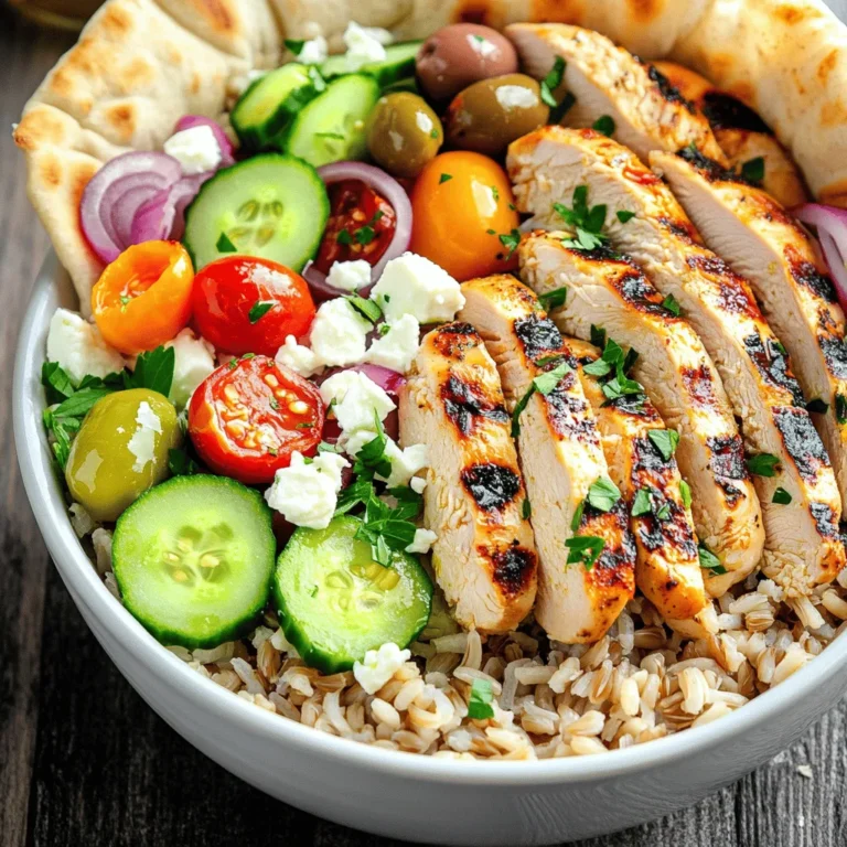 - Chicken breast - Olive oil - Greek yogurt - Lemon juice - Garlic - Dried oregano - Smoked paprika - Salt - Pepper To create Greek Chicken Gyro Bowls, you need fresh and flavorful ingredients. The chicken breast serves as the star of the dish. It is juicy and easy to cook. Olive oil brings richness, while Greek yogurt adds creaminess. Lemon juice gives a zesty kick. Garlic, dried oregano, and smoked paprika enhance the flavor profile. Don't forget to add salt and pepper to taste. - Cucumber - Cherry tomatoes - Red onion - Feta cheese - Kalamata olives - Parsley Next, let's look at the fresh vegetables. Cucumber adds a crisp texture. Cherry tomatoes offer sweetness and color. Red onion brings a bit of sharpness. Feta cheese adds a salty creaminess that pairs well with the chicken. Kalamata olives provide a briny bite, while parsley adds a pop of green. - Brown rice - Quinoa - Pita bread (optional for serving) For the base, you can choose either brown rice or quinoa. Both are nutritious and filling options. Brown rice has a nutty flavor, while quinoa is light and fluffy. If you want to add more carbs, serve with warm pita bread. This makes the meal even more satisfying. For the full recipe, check out the details above. You will enjoy making these Greek Chicken Gyro Bowls at home! - In a large bowl, combine: - 3 tablespoons extra virgin olive oil - 2 tablespoons plain Greek yogurt - 1 tablespoon freshly squeezed lemon juice - 2 cloves garlic, minced - 1 teaspoon dried oregano - 1 teaspoon smoked paprika - Salt and black pepper to taste Mix these ingredients well. Add 1 pound of thinly sliced chicken breast. Toss until each piece is coated. Cover the bowl and refrigerate for at least 30 minutes. This helps the flavors mix into the chicken. - Preheat your grill or grill pan over medium-high heat. - Once hot, place the marinated chicken in a single layer. - Grill for 5 to 7 minutes on each side. - The chicken should be fully cooked and golden brown. After grilling, let the chicken rest a few minutes. This makes it juicier. Once rested, slice the chicken into bite-sized pieces. - Start by distributing cooked brown rice or quinoa in four bowls. - Layer each bowl with the grilled chicken slices. - Add fresh toppings: - 1 diced cucumber - 1 cup halved cherry tomatoes - 1/2 medium red onion, thinly sliced - 1/2 cup crumbled feta cheese - 1/4 cup halved Kalamata olives Drizzle a little extra olive oil on top. Garnish with freshly chopped parsley. For a fun touch, warm some pita bread on the grill for serving. Enjoy your delicious Greek Chicken Gyro Bowls! For the full recipe, check the earlier section. To make your Greek Chicken Gyro Bowls even tastier, think about adding spices. You can use: - Ground cumin - Crushed red pepper flakes - Dried mint For a tasty tzatziki sauce, mix: - 1 cup Greek yogurt - 1 grated cucumber - 1 clove minced garlic - 1 tablespoon lemon juice - A pinch of salt This sauce adds a cool touch to your bowls. For grilling, set your heat to medium-high. Preheat your grill for at least 10 minutes. This helps the chicken cook evenly. Grill the chicken for 5-7 minutes on each side. Check if the chicken is done by cutting a piece to see if it’s no longer pink. To avoid dry chicken, let it rest for a few minutes after grilling. This keeps the juices inside. Make your bowls pretty by arranging the food well. Try to layer the ingredients by color. Place the grilled chicken on top of the grains, then add the veggies. This creates a nice look. You can also serve with warmed pita bread on the side for a classic touch. It makes the meal feel complete. {{image_4}} You can switch the chicken with lamb, beef, or tofu. Lamb brings a rich flavor, while beef adds depth. Tofu is a great choice for a vegetarian option. Grilling mixed vegetables like zucchini and bell peppers can also create a tasty bowl. Each option offers a unique twist on the classic gyro flavor. You might wonder about the best base for your bowl. Quinoa is high in protein and has a nutty taste. Brown rice is filling and offers a chewy texture. Couscous cooks quickly and adds a light touch. Whole wheat pita can also serve as a great side option. Each grain adds a different vibe to your meal. The dressing can change your bowl's flavor profile. A Greek vinaigrette adds a tangy kick. Lemon tahini sauce brings creaminess with a burst of citrus. You can even play with herbs like dill or mint for extra freshness. Each dressing gives you a chance to explore new tastes in your gyro bowls. Store your Greek Chicken Gyro Bowls in airtight containers. This keeps the food fresh and safe. Use glass or plastic containers to avoid spills. For grilled chicken, place a damp paper towel on top. This helps keep it moist and prevents drying out. To reheat, use the microwave or stovetop. If using the microwave, heat the chicken and grains separately for even warmth. On the stovetop, add a splash of water to grains in a pan. Cover it and warm over low heat. This keeps them fluffy. You can freeze the entire meal or its parts. For best results, freeze chicken, grains, and veggies separately. Use freezer-safe bags or containers. Thaw overnight in the fridge before reheating. For quick meals, microwave the chicken straight from the freezer. Just add a minute or two to the cooking time. Marinating chicken adds flavor and tenderness. I recommend marinating for at least 30 minutes. If you have time, marinate for up to 4 hours for even better results. Just make sure to keep it in the fridge to stay safe. Yes, you can! Prepare everything ahead and store it in separate containers. Keep the chicken, grains, and veggies apart until you're ready to serve. This helps keep the flavors fresh. You can grill the chicken and store it in the fridge for up to three days. If you need a substitute for feta, you have options. Try using crumbled tofu for a dairy-free choice. You can also use vegan feta, which is made from nuts or soy. Both options give a nice texture and flavor. To lighten your bowls, use less oil and cheese. Opt for brown rice or quinoa in smaller portions. You can also add more veggies like spinach or lettuce. This keeps the meal filling without adding too many calories. Greek Chicken Gyro Bowls are great on their own, but you can add sides. Consider a fresh Greek salad or roasted vegetables. Hummus and pita bread also make a tasty addition. Each side enhances the meal’s flavors and makes it even better. This blog post showed you how to create delicious Greek Chicken Gyro Bowls. We covered the key ingredients, marinating, grilling, and assembling the dish. You learned tips for flavor and presentation, plus variations to suit your needs. Finally, we discussed storage and meal prep. These bowls are simple, tasty, and great for any meal. Enjoy making them your own!