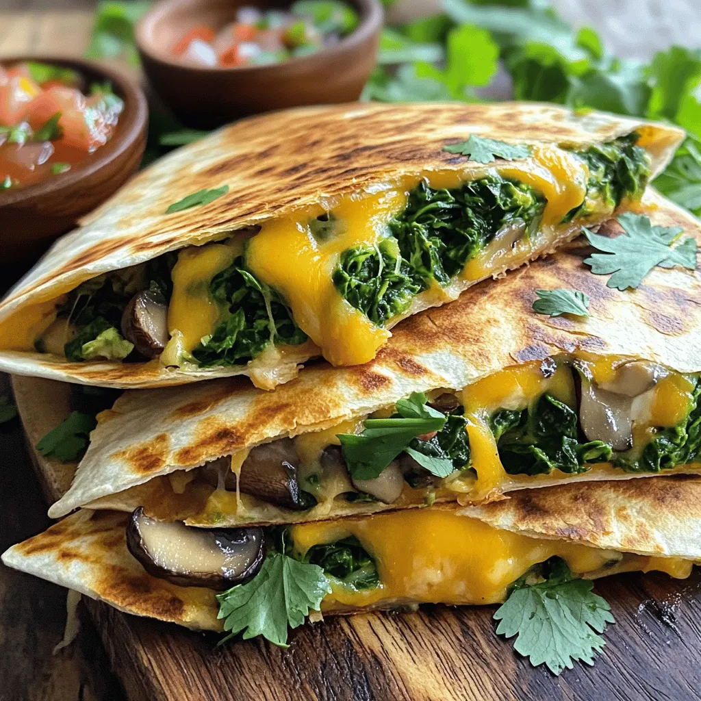 Spinach mushroom quesadillas are easy to make and taste amazing. They mix fresh veggies with gooey cheese. You can make them in about 25 minutes. To make the best spinach mushroom quesadillas, gather these ingredients: - 2 cups fresh spinach, chopped - 1 cup mushrooms, sliced (button or cremini) - 1 cup shredded Monterey Jack cheese - 1 cup shredded mozzarella cheese - 4 large tortillas (flour or corn) - 1 tablespoon olive oil - 1 small onion, finely chopped - 2 cloves garlic, minced - Salt and pepper to taste For a little extra kick, you can add these optional ingredients: - ½ teaspoon red pepper flakes - Fresh cilantro, chopped, for garnish These ingredients will not only enhance flavor but also add a fresh touch. Enjoy customizing your quesadillas! For the full recipe, check out the instructions later on. First, heat one tablespoon of olive oil in a large skillet over medium heat. Add one small onion, chopped finely, and two cloves of minced garlic. Cook these for about 3-4 minutes until the onion looks clear and smells good. This step builds flavor. Next, add one cup of sliced mushrooms to the skillet. I prefer button or cremini mushrooms. Cook them for about 5 minutes. They will soften and let out moisture, making the filling juicy. Now, add two cups of chopped fresh spinach. Stir it in and cook for 2-3 minutes. You want the spinach to wilt down nicely. Season with salt and pepper to taste. If you like a bit of heat, add ½ teaspoon of red pepper flakes. Once done, take the skillet off the heat and set the filling aside. Grab four large tortillas, either flour or corn, for this recipe. On one half of a tortilla, sprinkle a generous amount of Monterey Jack cheese. Add the same amount of mozzarella cheese on top. Then, spoon some of the spinach and mushroom filling over the cheese. Top it with a little more cheese to keep everything inside. Carefully fold the tortilla in half, making a half-moon shape. This will hold all the tasty filling. Repeat this process for the rest of your tortillas and filling. Now, use a separate skillet or a griddle set over medium heat. Place one folded quesadilla in the skillet. Cook it for 2-3 minutes on each side. You're looking for a golden brown color. The cheese should melt and become gooey inside. Once all quesadillas are cooked, take them out and slice each one into wedges. Serve them warm for the best taste. For a lovely touch, arrange the wedges on a rustic wooden board. Garnish with fresh cilantro and serve with salsa or guacamole on the side. Enjoy your delicious meal! Cook your quesadillas over medium heat. This helps the cheese melt well. If the heat is too high, the outside will burn before the inside cooks. Aim for 2-3 minutes per side. Check for a golden brown color. To achieve extra crunch, add a bit of oil. Brush or spray the skillet before cooking. You can also use butter for a richer flavor. Avoid overcrowding the pan. Cook one or two at a time for best results. Monterey Jack adds a creamy touch, while mozzarella stretches beautifully. You can mix both for a great blend. For a sharper taste, use cheddar or gouda. If you like a kick, try pepper jack cheese. These choices will enhance your quesadilla experience. For the full recipe, check the earlier section. {{image_4}} You can easily make spinach mushroom quesadillas vegetarian by adding more veggies. Try bell peppers, zucchini, or corn. These add color and flavor. You can also swap the cheese for a vegan option. Look for plant-based cheese at stores. It melts well and tastes great. If you need a gluten-free option, use gluten-free tortillas. Many brands make tasty ones that hold up well when cooked. Just check the label to ensure they are safe for your diet. You can enjoy the same flavors without worrying about gluten. To spice things up, add jalapeños or a dash of hot sauce to the filling. For a smokier taste, try smoked paprika or chipotle powder. You can even mix in fresh herbs like basil or parsley for a fresh twist. These small changes can take your quesadilla to the next level and make it even more exciting. For the full recipe, check out the details provided earlier. To store leftover quesadillas, let them cool first. Place them in an airtight container. You can also wrap them tightly in foil or plastic wrap. Keep them in the fridge for up to three days. If you want to enjoy them later, proper storage is key. When you are ready to eat your quesadillas, you can reheat them easily. Use a skillet over medium heat for the best results. Heat each quesadilla for about three to four minutes on each side. This helps them get crispy again. You can also use a microwave. Just place a quesadilla on a plate and cover it. Heat for about one minute. Check if it's warm enough. If not, heat in 20-second bursts until hot. If you want to keep quesadillas longer, freezing is a great option. First, let them cool completely. Then, wrap each quesadilla in plastic wrap. Place the wrapped quesadillas in a freezer-safe bag. Squeeze out as much air as you can. They can stay fresh for up to three months. When you want to eat them, thaw in the fridge overnight. You can then reheat them as mentioned before. This method helps keep the taste and texture intact. For a complete guide on making these delicious quesadillas, check the Full Recipe. Yes, you can! Quesadillas are very flexible. You can add bell peppers, zucchini, or corn. These veggies add color and flavor. Just chop them up and sauté them like the mushrooms. Mix and match to find your favorite combo! You can serve many tasty sides. Salsa is a classic choice. Guacamole also pairs well. Add a simple salad for freshness. Sour cream or Greek yogurt can add creaminess. Each of these options enhances the quesadilla experience. Check for a golden brown color on each side. The cheese inside should be melted. You can also press down gently. If it feels soft and gooey, it’s ready! Serve warm for the best taste. For the full recipe, check out the details above! We covered how to make tasty spinach and mushroom quesadillas from start to finish. You learned about the key ingredients, cooking steps, and ways to add extra flavor. Plus, we discussed storage tips and answered common questions. Make these quesadillas your own by trying different veggies or spices. Enjoying your creation will make the effort worth it. Now, go ahead and start cooking! Your new favorite dish awaits.