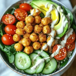 - 1 can (15 oz) chickpeas, thoroughly drained and rinsed - 2 tablespoons extra virgin olive oil - 1 teaspoon smoked paprika - Additional vegetables (tomatoes, cucumber, avocado, spinach) - 1/4 cup tahini (preferably raw) - 2 tablespoons fresh lemon juice - 1 tablespoon pure maple syrup - Water for desired dressing consistency - Sesame seeds for garnish - Fresh herbs or other toppings The main ingredients in this Crispy Chickpea Buddha Bowl shine with flavor and nutrition. First, the chickpeas form the base of our dish. They provide protein and fiber, making this meal filling and healthy. I love using canned chickpeas because they save time. Just rinse and drain them well before cooking. Next, I drizzle the chickpeas with extra virgin olive oil. This oil adds richness and helps the spices stick. Smoked paprika gives a warm, smoky flavor. It transforms simple chickpeas into a crunchy treat. I also add garlic powder and ground cumin for extra flavor. For the colorful veggies, I suggest using tomatoes, cucumber, avocado, and spinach. These add freshness and crunch. You can mix and match your favorites too. Now, let’s talk about the dressing. A creamy tahini sauce ties all the flavors together. Tahini is made from ground sesame seeds and has a nutty taste. The lemon juice brightens the dressing, while maple syrup adds a touch of sweetness. You can adjust the water to get the perfect creamy texture. Finally, sprinkle sesame seeds on top for an added crunch. You can also use fresh herbs or other toppings to make it your own. This Crispy Chickpea Buddha Bowl offers a delightful mix of flavors and textures. For the full recipe, check out the details above! - Preheat your oven to 425°F (220°C). - In a bowl, mix the chickpeas with olive oil and spices. Use smoked paprika, garlic powder, ground cumin, sea salt, and black pepper. Toss well until every chickpea is coated. - Spread the chickpeas on a baking sheet. Make sure they are in a single layer. - Bake for 25-30 minutes. Shake the pan halfway through for even cooking. You want them golden and crispy. - In a small bowl, whisk together tahini, fresh lemon juice, maple syrup, and water. - Add water slowly until the dressing gets creamy. - Grab two serving bowls. Start with 1 cup of cooked quinoa in each bowl. - Layer fresh spinach or mixed greens on top. Add halved cherry tomatoes, diced cucumber, and avocado slices. - Once the chickpeas are crispy, add them to the bowls. - Drizzle with your tahini dressing. Finish with sesame seeds for extra crunch. Enjoy this colorful, tasty dish that’s full of flavor! For a detailed recipe, check the Full Recipe. To make great crispy chickpeas, start by drying them well. Remove moisture with a towel after rinsing. This step helps them crisp up in the oven. Next, spread them out on a baking sheet. Bake them at 425°F (220°C) for 25 to 30 minutes. Remember to shake the pan halfway through. This helps them cook evenly and get crunchy. You can change up the dressing for new flavors. Adding garlic or fresh herbs will boost the taste. Want a thinner dressing? Just add more water until it’s the right consistency. For a thicker dressing, use less water. Experimenting will help you find your favorite mix. Prep your ingredients ahead of time for quick assembly. You can cook quinoa and chop veggies in advance. Store them in the fridge in separate containers. This makes meal prep easy and fast. If you have leftovers, store them in airtight containers. They will stay fresh for a few days. {{image_4}} You can add grilled chicken or tofu to your Buddha bowl. Both options boost protein and flavor. Grilled chicken brings a savory taste, while tofu adds a nice texture. If you want to switch the chickpeas, try black beans or kidney beans. These beans have great taste and pair well with the other ingredients. To complement your bowl, consider adding a side of roasted sweet potatoes or a fresh garden salad. These sides enhance the meal and add texture. You can also customize your bowl with seasonal produce. In spring, add asparagus; in fall, try roasted squash. Use what is fresh to keep it exciting! If you need gluten-free options, use quinoa and a gluten-free dressing. You can make the tahini dressing with lemon juice and maple syrup for a tasty twist. If you want vegan options, this recipe is already plant-based. Just ensure any added toppings, like yogurt or cheese, are also vegan. To keep your Crispy Chickpea Buddha Bowl fresh, store it in an airtight container. Place the bowl in the fridge within two hours of serving. This dish lasts about three days in the fridge. However, the chickpeas may lose their crispiness over time. When you reheat, use the oven for the best results. Preheat your oven to 350°F (175°C). Spread the chickpeas on a baking sheet and heat for about 10 minutes. You can also use a microwave but note that the chickpeas may not stay crispy. For a tasty touch, add fresh spinach and avocado just before serving. You can freeze the chickpeas and quinoa separately. Place them in freezer-safe bags or containers. They last up to three months in the freezer. When you’re ready to eat, thaw the chickpeas and quinoa in the fridge overnight. Reheat them as mentioned above, then assemble your bowl fresh. This way, you enjoy that great taste and texture! For the full recipe, check the earlier section. If you don’t have tahini, use almond butter or plain yogurt. Both options work well in this recipe. Almond butter adds a nutty flavor, while yogurt gives a creamy texture. Experiment and find what suits your taste! Yes! This recipe is vegan as it stands. For those who prefer non-vegan options, you could add grilled chicken or feta cheese. These can enhance flavor while keeping the meal hearty. To add heat, try red pepper flakes or cayenne pepper. You can also mix in hot sauce with the tahini dressing. Adjust the amount based on your spice tolerance. A little goes a long way! To keep chickpeas crispy, store them in an open container. Avoid sealing them tightly. When reheating, place them back in the oven for a few minutes. This helps regain their crunch. Enjoy the texture! This blog post showed you how to make a crispy chickpea Buddha bowl. You learned about key ingredients, dressing options, and tips for success. The recipe offers flexibility for proteins and dietary needs. Enjoy the health benefits and great taste! Try different veggies and toppings for your perfect bowl. Meal prep tips will help you save time too. With these steps, you can easily create a delicious, nutritious meal any day.