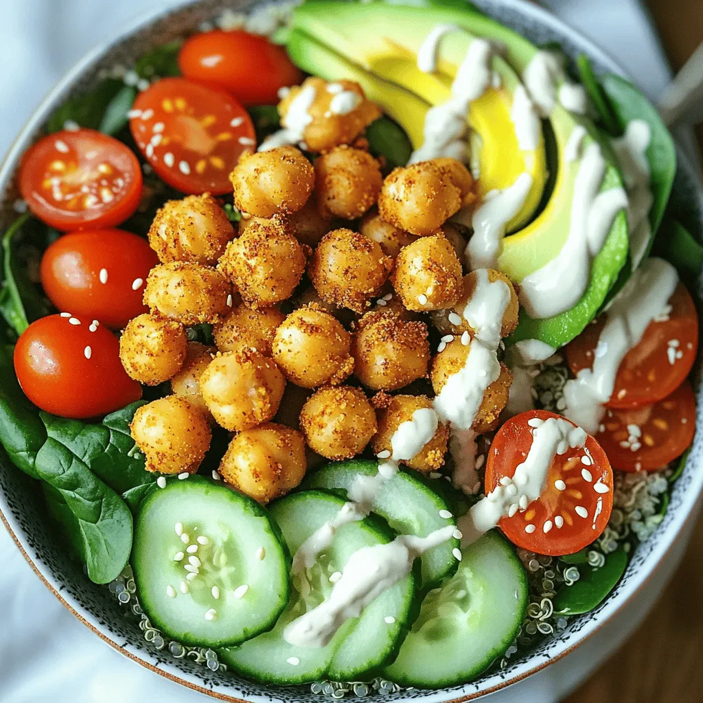 - 1 can (15 oz) chickpeas, thoroughly drained and rinsed - 2 tablespoons extra virgin olive oil - 1 teaspoon smoked paprika - Additional vegetables (tomatoes, cucumber, avocado, spinach) - 1/4 cup tahini (preferably raw) - 2 tablespoons fresh lemon juice - 1 tablespoon pure maple syrup - Water for desired dressing consistency - Sesame seeds for garnish - Fresh herbs or other toppings The main ingredients in this Crispy Chickpea Buddha Bowl shine with flavor and nutrition. First, the chickpeas form the base of our dish. They provide protein and fiber, making this meal filling and healthy. I love using canned chickpeas because they save time. Just rinse and drain them well before cooking. Next, I drizzle the chickpeas with extra virgin olive oil. This oil adds richness and helps the spices stick. Smoked paprika gives a warm, smoky flavor. It transforms simple chickpeas into a crunchy treat. I also add garlic powder and ground cumin for extra flavor. For the colorful veggies, I suggest using tomatoes, cucumber, avocado, and spinach. These add freshness and crunch. You can mix and match your favorites too. Now, let’s talk about the dressing. A creamy tahini sauce ties all the flavors together. Tahini is made from ground sesame seeds and has a nutty taste. The lemon juice brightens the dressing, while maple syrup adds a touch of sweetness. You can adjust the water to get the perfect creamy texture. Finally, sprinkle sesame seeds on top for an added crunch. You can also use fresh herbs or other toppings to make it your own. This Crispy Chickpea Buddha Bowl offers a delightful mix of flavors and textures. For the full recipe, check out the details above! - Preheat your oven to 425°F (220°C). - In a bowl, mix the chickpeas with olive oil and spices. Use smoked paprika, garlic powder, ground cumin, sea salt, and black pepper. Toss well until every chickpea is coated. - Spread the chickpeas on a baking sheet. Make sure they are in a single layer. - Bake for 25-30 minutes. Shake the pan halfway through for even cooking. You want them golden and crispy. - In a small bowl, whisk together tahini, fresh lemon juice, maple syrup, and water. - Add water slowly until the dressing gets creamy. - Grab two serving bowls. Start with 1 cup of cooked quinoa in each bowl. - Layer fresh spinach or mixed greens on top. Add halved cherry tomatoes, diced cucumber, and avocado slices. - Once the chickpeas are crispy, add them to the bowls. - Drizzle with your tahini dressing. Finish with sesame seeds for extra crunch. Enjoy this colorful, tasty dish that’s full of flavor! For a detailed recipe, check the Full Recipe. To make great crispy chickpeas, start by drying them well. Remove moisture with a towel after rinsing. This step helps them crisp up in the oven. Next, spread them out on a baking sheet. Bake them at 425°F (220°C) for 25 to 30 minutes. Remember to shake the pan halfway through. This helps them cook evenly and get crunchy. You can change up the dressing for new flavors. Adding garlic or fresh herbs will boost the taste. Want a thinner dressing? Just add more water until it’s the right consistency. For a thicker dressing, use less water. Experimenting will help you find your favorite mix. Prep your ingredients ahead of time for quick assembly. You can cook quinoa and chop veggies in advance. Store them in the fridge in separate containers. This makes meal prep easy and fast. If you have leftovers, store them in airtight containers. They will stay fresh for a few days. {{image_4}} You can add grilled chicken or tofu to your Buddha bowl. Both options boost protein and flavor. Grilled chicken brings a savory taste, while tofu adds a nice texture. If you want to switch the chickpeas, try black beans or kidney beans. These beans have great taste and pair well with the other ingredients. To complement your bowl, consider adding a side of roasted sweet potatoes or a fresh garden salad. These sides enhance the meal and add texture. You can also customize your bowl with seasonal produce. In spring, add asparagus; in fall, try roasted squash. Use what is fresh to keep it exciting! If you need gluten-free options, use quinoa and a gluten-free dressing. You can make the tahini dressing with lemon juice and maple syrup for a tasty twist. If you want vegan options, this recipe is already plant-based. Just ensure any added toppings, like yogurt or cheese, are also vegan. To keep your Crispy Chickpea Buddha Bowl fresh, store it in an airtight container. Place the bowl in the fridge within two hours of serving. This dish lasts about three days in the fridge. However, the chickpeas may lose their crispiness over time. When you reheat, use the oven for the best results. Preheat your oven to 350°F (175°C). Spread the chickpeas on a baking sheet and heat for about 10 minutes. You can also use a microwave but note that the chickpeas may not stay crispy. For a tasty touch, add fresh spinach and avocado just before serving. You can freeze the chickpeas and quinoa separately. Place them in freezer-safe bags or containers. They last up to three months in the freezer. When you’re ready to eat, thaw the chickpeas and quinoa in the fridge overnight. Reheat them as mentioned above, then assemble your bowl fresh. This way, you enjoy that great taste and texture! For the full recipe, check the earlier section. If you don’t have tahini, use almond butter or plain yogurt. Both options work well in this recipe. Almond butter adds a nutty flavor, while yogurt gives a creamy texture. Experiment and find what suits your taste! Yes! This recipe is vegan as it stands. For those who prefer non-vegan options, you could add grilled chicken or feta cheese. These can enhance flavor while keeping the meal hearty. To add heat, try red pepper flakes or cayenne pepper. You can also mix in hot sauce with the tahini dressing. Adjust the amount based on your spice tolerance. A little goes a long way! To keep chickpeas crispy, store them in an open container. Avoid sealing them tightly. When reheating, place them back in the oven for a few minutes. This helps regain their crunch. Enjoy the texture! This blog post showed you how to make a crispy chickpea Buddha bowl. You learned about key ingredients, dressing options, and tips for success. The recipe offers flexibility for proteins and dietary needs. Enjoy the health benefits and great taste! Try different veggies and toppings for your perfect bowl. Meal prep tips will help you save time too. With these steps, you can easily create a delicious, nutritious meal any day.