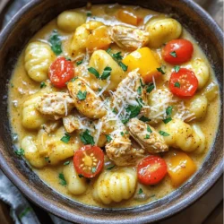 To make a delicious creamy Cajun chicken gnocchi, gather the following ingredients: - 1 pound gnocchi (fresh or store-bought) - 2 boneless, skinless chicken breasts, diced into bite-sized pieces - 1 tablespoon Cajun seasoning - 2 tablespoons olive oil - 1 small onion, finely chopped - 3 cloves garlic, minced - 1 cup heavy cream - 1 cup chicken broth - 1 cup bell peppers (a mix of colors like red, yellow, and green), diced - 1 cup cherry tomatoes, halved - ½ cup grated Parmesan cheese - Salt and pepper, to taste - Fresh parsley, chopped (for garnish) Each ingredient plays a key role in creating this comforting dish. The gnocchi brings a delightful chewiness, while the chicken adds protein and heartiness. Cajun seasoning gives it that zesty kick, making every bite exciting. The olive oil helps sauté the chicken and veggies, adding richness. The onion and garlic bring aromatic depth, while bell peppers and cherry tomatoes add sweetness and color. Heavy cream and chicken broth create a luxurious sauce that binds it all together. Parmesan cheese enhances the creaminess and adds a savory touch. Don't forget the salt and pepper to taste, as they elevate all the flavors. Lastly, fresh parsley adds brightness and a pop of color when you serve the dish hot. For the full recipe details, check out the complete instructions on how to prepare this delightful meal. Start by boiling water in a large pot. Add a generous amount of salt to the water. Once it boils, drop in the gnocchi. Cook them according to the package instructions. Watch for the gnocchi to float to the surface; this shows they are done. It usually takes about 2-4 minutes. Drain the gnocchi and set them aside. Heat olive oil in a large skillet over medium-high heat. While the oil heats, season the diced chicken with Cajun seasoning, salt, and pepper. When the oil is hot, add the chicken to the skillet. Sear the chicken for 6-7 minutes. Stir it occasionally to brown all sides. Browning adds a deep flavor to your dish. In the same skillet, add the finely chopped onion. Sauté the onion for 2-3 minutes until it turns soft and translucent. Then, add the minced garlic and cook for another minute. Make sure to stir continuously to avoid burning. Next, add the diced bell peppers. Cook them for about 5 minutes until they soften. Pour in the chicken broth and bring it to a gentle simmer. Lower the heat to medium-low and stir in the heavy cream. Allow the mixture to cook for 3-5 minutes, stirring occasionally. You want it to thicken slightly. This creamy base is key to a rich flavor. Now it's time to bring everything together. Add the cooked chicken back into the skillet, along with the halved cherry tomatoes. Gently stir to mix all the ingredients. Then, incorporate the cooked gnocchi and grated Parmesan cheese. Mix well until the gnocchi are fully coated in the creamy sauce. Taste your dish and adjust the seasoning with salt and pepper as needed. Heat everything through for about 2 minutes. Be careful not to lose the creaminess of the sauce. Once heated, serve your creamy Cajun chicken gnocchi hot. Garnish with chopped fresh parsley for a vibrant touch. This dish is not just hearty; it is also a feast for the eyes! You can find the complete recipe in the Full Recipe section. - Spices and Herbs: You can spice things up by adding smoked paprika or thyme. A pinch of cayenne pepper also adds heat. Fresh herbs like basil or cilantro can add a fresh twist. - Cheese: Try using a mix of cheeses. For a tangy flavor, mix in some goat cheese or feta. A sprinkle of sharp cheddar can also enhance the dish. - Sautéing: Heat your skillet before adding oil. This helps the chicken brown well. Stir often to keep it from sticking. - Simmering: When adding the cream, keep the heat low. This prevents the cream from breaking. Stir gently to maintain a smooth sauce. - Gnocchi Tips: Watch the gnocchi closely while cooking. They cook fast, usually in 2-4 minutes. Remove them as soon as they float. This keeps them soft and tender. - Plating Ideas: Serve your dish in shallow bowls. Drizzle with olive oil and sprinkle extra cheese on top. This makes it look fancy. - Pairing Options: Serve with a side salad for freshness. A glass of white wine pairs nicely, too. It cuts through the creaminess. You could also enjoy a slice of crusty bread to soak up the sauce. Check out the Full Recipe for more details! {{image_4}} If you want a meat-free dish, you can easily swap the chicken for mushrooms or tofu. Mushrooms add a nice umami flavor, while tofu offers a good protein source. Both options keep the creamy base intact. Simply sauté them the same way you would the chicken. This option is delicious and satisfying for everyone. For those who love heat, increase the Cajun seasoning or add some hot sauce. You can also add toppings like jalapeños for that extra kick. This version will surely make your taste buds dance. Just remember to adjust the heat to your liking, so it’s not too overpowering. If you want a lighter meal, try using cauliflower gnocchi or zucchini noodles instead. These alternatives can cut down on carbs while still keeping the dish hearty. Just adjust the cooking times accordingly. Cauliflower gnocchi may take a bit longer to cook, while zucchini noodles will need less time. Enjoy a comforting meal that fits your dietary needs! For the full recipe, check out the Creamy Cajun Chicken Gnocchi section above. To store leftovers, let the creamy Cajun chicken gnocchi cool completely. Transfer it to an airtight container. This helps keep the dish fresh. I recommend using glass containers. They do not stain and keep food safe. Store it in the fridge for up to three days. You can freeze this dish, but it may change the texture. To freeze, let it cool first. Then, put it in freezer-safe containers. Make sure to leave space at the top for expansion. When you want to eat it, thaw it overnight in the fridge. Avoid refreezing after thawing. This will keep it tasty. When reheating, use a skillet or microwave. For the skillet, add a splash of chicken broth. This helps maintain creaminess. Heat on medium until warm, stirring often. If using a microwave, heat in short bursts. Aim for 165°F to ensure it's hot throughout. Enjoy your creamy Cajun chicken gnocchi from the Full Recipe with these storage tips! Yes, you can use store-bought gnocchi. It saves time and effort. Fresh gnocchi often has a softer texture and richer taste. Store-bought is quick and easy but may not taste as good. To adjust spiciness, you can add more Cajun seasoning. Start with a little, then taste. If it's too spicy, add more cream or broth to cool it down. You can also use mild seasoning blends. Coconut cream works well as a dairy-free option. You can also use whole milk, but the sauce will be thinner. For a lighter option, try half-and-half or a mix of milk and cream. This dish lasts about 3-4 days in the fridge. Store it in an airtight container. Always check for off smells or changes in color before eating. You can prep most parts ahead of time. Cook the chicken and veggies, then store them in the fridge. Cook the gnocchi fresh for the best texture. Combine everything just before serving for great flavor. This blog covered a rich, creamy gnocchi dish with tender chicken and vibrant veggies. You learned how to cook gnocchi, prepare the chicken, and make the sauce. The tips offered show how to enhance flavor and customize the dish, plus how to store leftovers correctly. I encourage you to experiment with variations. You can adapt the recipe to match your taste. Enjoy cooking this hearty meal!