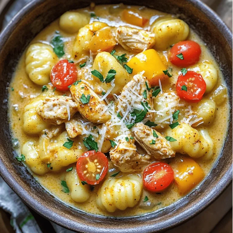 To make a delicious creamy Cajun chicken gnocchi, gather the following ingredients: - 1 pound gnocchi (fresh or store-bought) - 2 boneless, skinless chicken breasts, diced into bite-sized pieces - 1 tablespoon Cajun seasoning - 2 tablespoons olive oil - 1 small onion, finely chopped - 3 cloves garlic, minced - 1 cup heavy cream - 1 cup chicken broth - 1 cup bell peppers (a mix of colors like red, yellow, and green), diced - 1 cup cherry tomatoes, halved - ½ cup grated Parmesan cheese - Salt and pepper, to taste - Fresh parsley, chopped (for garnish) Each ingredient plays a key role in creating this comforting dish. The gnocchi brings a delightful chewiness, while the chicken adds protein and heartiness. Cajun seasoning gives it that zesty kick, making every bite exciting. The olive oil helps sauté the chicken and veggies, adding richness. The onion and garlic bring aromatic depth, while bell peppers and cherry tomatoes add sweetness and color. Heavy cream and chicken broth create a luxurious sauce that binds it all together. Parmesan cheese enhances the creaminess and adds a savory touch. Don't forget the salt and pepper to taste, as they elevate all the flavors. Lastly, fresh parsley adds brightness and a pop of color when you serve the dish hot. For the full recipe details, check out the complete instructions on how to prepare this delightful meal. Start by boiling water in a large pot. Add a generous amount of salt to the water. Once it boils, drop in the gnocchi. Cook them according to the package instructions. Watch for the gnocchi to float to the surface; this shows they are done. It usually takes about 2-4 minutes. Drain the gnocchi and set them aside. Heat olive oil in a large skillet over medium-high heat. While the oil heats, season the diced chicken with Cajun seasoning, salt, and pepper. When the oil is hot, add the chicken to the skillet. Sear the chicken for 6-7 minutes. Stir it occasionally to brown all sides. Browning adds a deep flavor to your dish. In the same skillet, add the finely chopped onion. Sauté the onion for 2-3 minutes until it turns soft and translucent. Then, add the minced garlic and cook for another minute. Make sure to stir continuously to avoid burning. Next, add the diced bell peppers. Cook them for about 5 minutes until they soften. Pour in the chicken broth and bring it to a gentle simmer. Lower the heat to medium-low and stir in the heavy cream. Allow the mixture to cook for 3-5 minutes, stirring occasionally. You want it to thicken slightly. This creamy base is key to a rich flavor. Now it's time to bring everything together. Add the cooked chicken back into the skillet, along with the halved cherry tomatoes. Gently stir to mix all the ingredients. Then, incorporate the cooked gnocchi and grated Parmesan cheese. Mix well until the gnocchi are fully coated in the creamy sauce. Taste your dish and adjust the seasoning with salt and pepper as needed. Heat everything through for about 2 minutes. Be careful not to lose the creaminess of the sauce. Once heated, serve your creamy Cajun chicken gnocchi hot. Garnish with chopped fresh parsley for a vibrant touch. This dish is not just hearty; it is also a feast for the eyes! You can find the complete recipe in the Full Recipe section. - Spices and Herbs: You can spice things up by adding smoked paprika or thyme. A pinch of cayenne pepper also adds heat. Fresh herbs like basil or cilantro can add a fresh twist. - Cheese: Try using a mix of cheeses. For a tangy flavor, mix in some goat cheese or feta. A sprinkle of sharp cheddar can also enhance the dish. - Sautéing: Heat your skillet before adding oil. This helps the chicken brown well. Stir often to keep it from sticking. - Simmering: When adding the cream, keep the heat low. This prevents the cream from breaking. Stir gently to maintain a smooth sauce. - Gnocchi Tips: Watch the gnocchi closely while cooking. They cook fast, usually in 2-4 minutes. Remove them as soon as they float. This keeps them soft and tender. - Plating Ideas: Serve your dish in shallow bowls. Drizzle with olive oil and sprinkle extra cheese on top. This makes it look fancy. - Pairing Options: Serve with a side salad for freshness. A glass of white wine pairs nicely, too. It cuts through the creaminess. You could also enjoy a slice of crusty bread to soak up the sauce. Check out the Full Recipe for more details! {{image_4}} If you want a meat-free dish, you can easily swap the chicken for mushrooms or tofu. Mushrooms add a nice umami flavor, while tofu offers a good protein source. Both options keep the creamy base intact. Simply sauté them the same way you would the chicken. This option is delicious and satisfying for everyone. For those who love heat, increase the Cajun seasoning or add some hot sauce. You can also add toppings like jalapeños for that extra kick. This version will surely make your taste buds dance. Just remember to adjust the heat to your liking, so it’s not too overpowering. If you want a lighter meal, try using cauliflower gnocchi or zucchini noodles instead. These alternatives can cut down on carbs while still keeping the dish hearty. Just adjust the cooking times accordingly. Cauliflower gnocchi may take a bit longer to cook, while zucchini noodles will need less time. Enjoy a comforting meal that fits your dietary needs! For the full recipe, check out the Creamy Cajun Chicken Gnocchi section above. To store leftovers, let the creamy Cajun chicken gnocchi cool completely. Transfer it to an airtight container. This helps keep the dish fresh. I recommend using glass containers. They do not stain and keep food safe. Store it in the fridge for up to three days. You can freeze this dish, but it may change the texture. To freeze, let it cool first. Then, put it in freezer-safe containers. Make sure to leave space at the top for expansion. When you want to eat it, thaw it overnight in the fridge. Avoid refreezing after thawing. This will keep it tasty. When reheating, use a skillet or microwave. For the skillet, add a splash of chicken broth. This helps maintain creaminess. Heat on medium until warm, stirring often. If using a microwave, heat in short bursts. Aim for 165°F to ensure it's hot throughout. Enjoy your creamy Cajun chicken gnocchi from the Full Recipe with these storage tips! Yes, you can use store-bought gnocchi. It saves time and effort. Fresh gnocchi often has a softer texture and richer taste. Store-bought is quick and easy but may not taste as good. To adjust spiciness, you can add more Cajun seasoning. Start with a little, then taste. If it's too spicy, add more cream or broth to cool it down. You can also use mild seasoning blends. Coconut cream works well as a dairy-free option. You can also use whole milk, but the sauce will be thinner. For a lighter option, try half-and-half or a mix of milk and cream. This dish lasts about 3-4 days in the fridge. Store it in an airtight container. Always check for off smells or changes in color before eating. You can prep most parts ahead of time. Cook the chicken and veggies, then store them in the fridge. Cook the gnocchi fresh for the best texture. Combine everything just before serving for great flavor. This blog covered a rich, creamy gnocchi dish with tender chicken and vibrant veggies. You learned how to cook gnocchi, prepare the chicken, and make the sauce. The tips offered show how to enhance flavor and customize the dish, plus how to store leftovers correctly. I encourage you to experiment with variations. You can adapt the recipe to match your taste. Enjoy cooking this hearty meal!