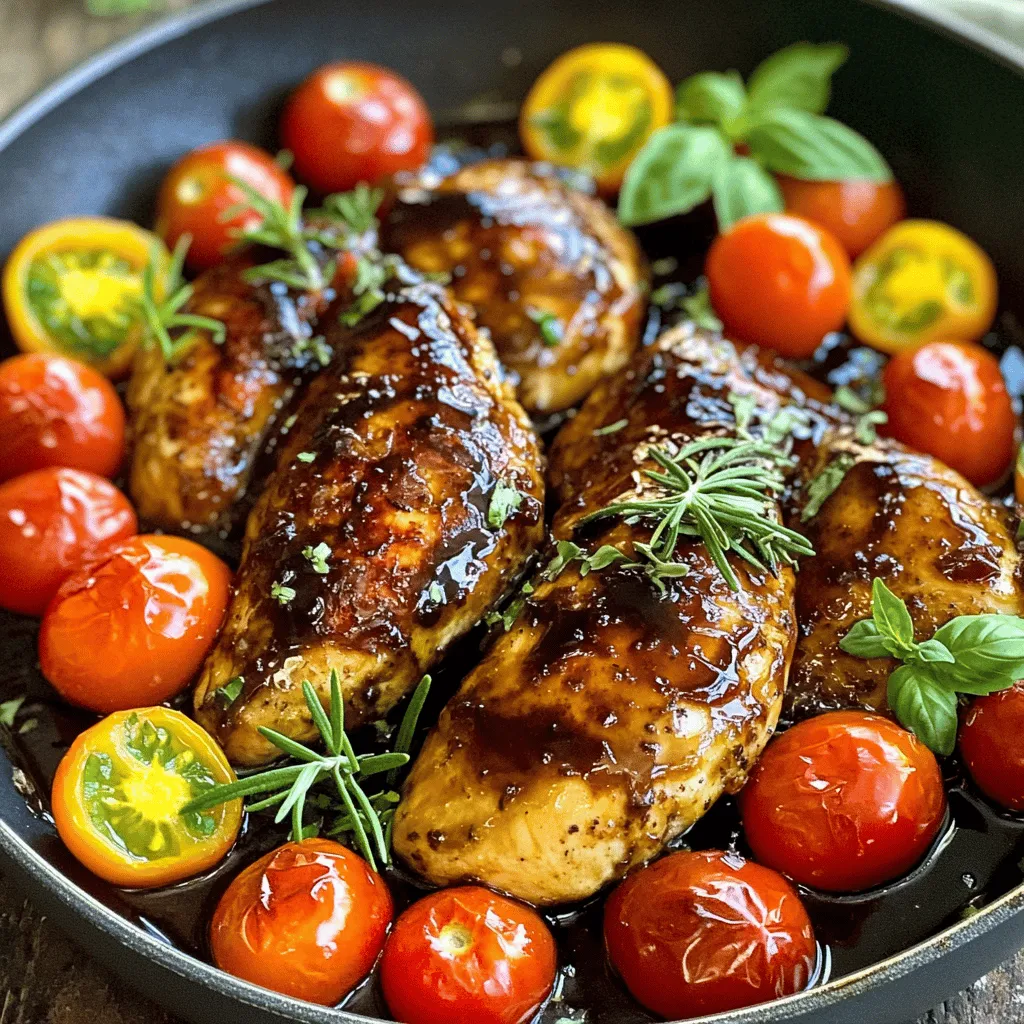 To make balsamic glazed chicken, you will need the following ingredients: - 4 boneless, skinless chicken breasts - 1/2 cup balsamic vinegar - 1/4 cup honey - 2 tablespoons Dijon mustard - 2 cloves garlic, minced - 1 teaspoon fresh rosemary, finely chopped - 1 teaspoon fresh thyme leaves - Salt and pepper, to taste - 2 tablespoons olive oil - 1/2 cup cherry tomatoes, halved - Fresh basil leaves for garnish You can swap some ingredients if you need to. Here are ideas: - Use maple syrup instead of honey for a different sweetness. - Swap Dijon mustard for yellow mustard if that's what you have. - Fresh herbs work best, but dried herbs can work in a pinch. Use 1/3 of the amount. - Use grilled vegetables instead of tomatoes for a twist. Gather these tools to make your cooking easier: - Large skillet - Mixing bowl - Whisk - Meat thermometer - Cutting board - Knife - Spatula This list helps you have everything ready before you start cooking. Enjoy making this tasty dish! For the full recipe, check out the details above. Start by making the balsamic glaze. In a small bowl, mix together these ingredients: - 1/2 cup balsamic vinegar - 1/4 cup honey - 2 tablespoons Dijon mustard - 2 cloves garlic, minced - 1 teaspoon fresh rosemary, finely chopped - 1 teaspoon fresh thyme leaves - Salt and pepper, to taste Whisk until smooth. This glaze adds a rich flavor to the chicken. Next, heat 2 tablespoons of olive oil in a large skillet over medium-high heat. Season 4 boneless, skinless chicken breasts with salt and pepper. Place them in the hot skillet. Cook the chicken for about 5-7 minutes on each side. It should turn golden brown and reach an internal temperature of 165°F (75°C). Use a meat thermometer to double-check. When done, remove the chicken and set it aside on a plate to rest. In the same skillet, pour in the balsamic glaze. Bring it to a gentle simmer over medium heat. Cook for 3-4 minutes until it thickens slightly. Now, add 1/2 cup of halved cherry tomatoes into the glaze. Gently fold them in and let them cook for another 2 minutes. This softens the tomatoes and adds flavor. Return the cooked chicken to the skillet. Nestle it among the tomatoes, coating it with the glaze. Let it simmer for one more minute. This step helps the flavors blend beautifully. Serve the chicken warm, topped with fresh basil leaves for extra color and taste. Enjoy your meal! For the full recipe, refer to the section above. To cook chicken just right, start with even-sized pieces. This helps them cook at the same rate. Season your chicken breasts with salt and pepper before cooking. Use a skillet that heats evenly. Cook the chicken over medium-high heat for about 5-7 minutes on each side. This gives it a nice golden crust. Always check the internal temperature. It should reach 165°F (75°C) for safety. To boost the dish’s flavor, let the chicken marinate in the balsamic glaze. Marinating for about 30 minutes allows the flavors to soak in. You can also add spices like paprika or a pinch of red pepper flakes for heat. Fresh herbs, such as rosemary and thyme, add depth. Don’t skip the garlic; it brings a great aroma. Mixing honey with balsamic vinegar gives the dish a sweet touch. For a beautiful presentation, use a white plate. The colors of the chicken and tomatoes will pop against it. Drizzle extra balsamic glaze over the chicken for shine. Arrange cherry tomatoes around the chicken for color. Finally, sprinkle fresh basil leaves on top for a burst of green. This not only looks great but adds an extra layer of flavor. For more details, check the Full Recipe. {{image_4}} You can add more flavor and nutrition by including vegetables. Try adding bell peppers, zucchini, or asparagus. Simply chop your veggies to bite-sized pieces. Toss them in during the last few minutes of cooking. Cook until they are tender but still crisp. This adds color and crunch to your dish. Balsamic glaze is not just for chicken. You can use turkey, pork, or even tofu. If you choose turkey or pork, adjust cooking times. They may need a bit longer to cook through. For tofu, press it first to remove excess water. Then, sauté it until golden. The glaze works well with all these choices, bringing a sweet and tangy flavor. Feel free to experiment with sauces. You can swap balsamic for soy sauce or teriyaki sauce. Each option gives a unique taste. You can also mix balsamic with orange juice for a fruity twist. Try adding herbs like oregano or parsley for added depth. These small changes can create a fresh experience every time you cook. For the full recipe, you can check out the details above. After you enjoy your meal, let the chicken cool. Place the leftovers in an airtight container. They will stay fresh for about 3 to 4 days. If you want to keep it longer, consider freezing it. To freeze, first cool the chicken completely. Wrap each piece in plastic wrap. Then place them in a freezer-safe bag. This way, you can store it for up to 3 months. When ready to eat, thaw it in the fridge overnight. For reheating, use the oven for best results. Set it to 350°F (175°C). Place the chicken in a baking dish and cover it with foil. Heat for about 20 minutes or until hot. You can also reheat in the microwave. Just be cautious, as it can dry out. Add a splash of water or leftover glaze to keep it moist. For the full recipe, check out the details above. Balsamic glazed chicken pairs well with many sides. Here are some great options: - Rice: Serve it with fluffy white or brown rice. - Vegetables: Roasted or steamed veggies add color and nutrients. - Salad: A light salad with mixed greens and vinaigrette complements the dish. - Mashed Potatoes: Creamy mashed potatoes balance the tangy glaze. Yes, you can marinate the chicken in the balsamic glaze. It adds great flavor. Marinate for at least 30 minutes, or up to 4 hours for best results. Store it in the fridge while marinating. This helps the chicken stay juicy and flavorful. Balsamic glazed chicken lasts for about 3 to 4 days in the fridge. Store it in an airtight container. Make sure it’s cooled before placing it in the fridge. This keeps it fresh and safe to eat later. Yes, you can use other vinegars. Red wine vinegar or apple cider vinegar work well. They’ll change the flavor, but still taste good. Just keep in mind that balsamic has a unique sweetness and richness. To adjust sweetness, add more honey for extra sweetness. If it’s too sweet, add a splash of vinegar. Balancing flavors is key. Always taste as you go, so you get it just right. For the full recipe, you can check the details shared above. This blog post covered how to make balsamic glazed chicken. We explored the ingredients needed, possible swaps, and essential cooking tools. I shared clear steps, tips for perfect cooking, and ways to enhance flavor. We also looked at tasty variations and proper storage methods. In the end, this dish is easy and flavorful. You can make it your own with just a few changes. Enjoy creating a meal that will impress!