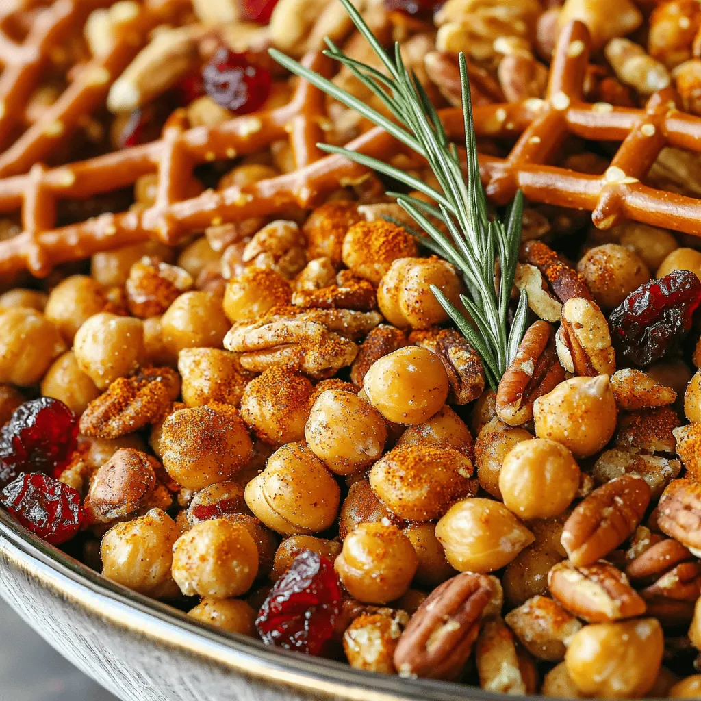 To create your roasted chickpea snack mix, gather these main ingredients: - 2 cans (15 oz each) chickpeas, thoroughly drained and rinsed - 2 tablespoons extra virgin olive oil - 1 teaspoon garlic powder - 1 teaspoon smoked paprika - 1 teaspoon ground cumin - ½ teaspoon cayenne pepper (adjust to your desired spice level) - Salt, to taste - 1 cup mixed nuts (a hearty blend of almonds, walnuts, and pecans) - ½ cup pretzel sticks - ½ cup dried cranberries or raisins (or a mix of both) - 2 tablespoons honey or maple syrup (optional, for a hint of sweetness) These ingredients form a base that is both crunchy and flavorful. The chickpeas provide protein, while nuts add healthy fats. You can boost the flavor with these optional ingredients: - 1 teaspoon onion powder - 1 tablespoon nutritional yeast - Fresh herbs like rosemary or thyme - A squeeze of lemon juice for brightness Adding these ingredients can change the taste and give your snack mix more depth. You can mix and match to find what you love best. Feel free to customize your mix with alternative ingredients: - Roasted pumpkin seeds for extra crunch - Dark chocolate chips for a sweet touch - Sunflower seeds for added texture - Different dried fruits like apricots or figs These mix-ins allow you to create a snack that fits your taste. You can make it sweet, savory, or both! Enjoy experimenting to find your perfect match. For the full recipe, check out Crunchy Roasted Chickpea Snack Mix. Start by preheating your oven to 400°F (200°C). This heat will help make the chickpeas crispy. Next, line a baking sheet with parchment paper. This prevents the chickpeas from sticking. Drain the chickpeas well and rinse them under cold water. Dry them using paper towels. This step is important for a crunchy texture. In a large mixing bowl, add the dried chickpeas. Pour in the olive oil, garlic powder, smoked paprika, ground cumin, cayenne pepper, and a pinch of salt. Stir well so each chickpea gets coated. Lay the chickpeas in a single layer on the baking sheet. This helps them roast evenly. Bake them for 25-30 minutes. Stir halfway through for even crispiness. Keep an eye on them to avoid burning. They should look golden and crunchy when done. While the chickpeas roast, grab another large bowl. Mix the nuts and pretzel sticks in this bowl. If you like sweetness, drizzle honey or maple syrup over them. Toss to coat everything well. After the chickpeas cool for about 5-10 minutes, add them to the nut and pretzel mix. Gently fold in dried cranberries or raisins. Taste the mix and adjust salt or spices if needed. Now, you have a tasty roasted chickpea snack mix! Enjoy this crunchy and flavorful treat! For the full recipe, refer back to the ingredients section. To get crispy chickpeas, start with dry ingredients. After rinsing, pat the chickpeas dry. Use paper towels to soak up moisture. Moisture is the enemy of crispiness. When you coat the chickpeas with olive oil and spices, ensure they are evenly coated. This helps them roast evenly. Spread them in a single layer on your baking sheet. Avoid crowding; it leads to steaming instead of roasting. Stir them halfway through cooking. This ensures all sides get crispy. You can play with flavors in your snack mix. Try using different spices like chili powder or onion powder for a new twist. You could also add herbs such as rosemary or thyme. For a sweet version, mix in cinnamon or pumpkin spice. The balance of sweet and savory makes it fun. If you love heat, add more cayenne pepper or even some hot sauce before roasting. Tailor the spices to fit your taste buds. For a fun presentation, use small bowls or cups. This makes sharing easy. You can also use a large platter for a family-style serving. Adding fresh herbs like mint or parsley can brighten the look. A sprinkle of sea salt on top just before serving adds a nice touch. This also enhances the flavor. Store any leftovers in an airtight container. This keeps them crunchy for days. For a snack on the go, pack them in small bags. Enjoy this crunchy and flavorful treat anytime! {{image_4}} You can add sweet flavors to your roasted chickpea snack mix. Try adding a bit of honey or maple syrup. This gives a nice glaze to the chickpeas. You can also mix in cocoa powder for a chocolate twist. Dried fruits, like cranberries or apricots, add a sweet touch. They contrast well with the savory spices. Feel free to change up the nuts in your mix. Cashews, pecans, or hazelnuts can work great. Each nut brings its own taste and crunch. For dried fruits, you can use raisins, dates, or even banana chips. These add natural sweetness and chewiness to the mix. Experiment with your favorite ingredients! If you love spice, boost the heat in your mix. Add more cayenne pepper or some chili powder. You could also toss in a pinch of crushed red pepper flakes. These spices will make your snack mix exciting and bold. For an extra kick, consider adding sriracha or hot sauce before roasting the chickpeas. This will give them a spicy kick you won’t forget. To keep your roasted chickpea snack mix fresh, store it in an airtight container. Glass or plastic containers work well. Make sure to keep it in a cool, dry place. Avoid moisture, as it can make the mix soggy. If you have a lot, consider dividing it into smaller containers. This makes it easy to grab a quick snack. When stored correctly, your snack mix can last up to a week. If you use nuts, it may last a bit less due to their oils. Always check for any signs of spoilage before eating. If you notice any odd smells or flavors, it’s best to toss it out. If your snack mix loses its crunch, don’t worry! You can easily recrisp it. Preheat your oven to 300°F (150°C). Spread the mix on a baking sheet in a single layer. Bake for about 10-15 minutes. Keep an eye on it to prevent burning. Let it cool before storing again. This method restores that delightful crunch! For the full recipe, check out the instructions above. To make roasted chickpeas crunchy, start by drying them well. Pat them with paper towels after rinsing. This step removes moisture that can make them soggy. Use enough olive oil to coat them lightly. Oil helps in achieving that nice crunch. Roast at 400°F for 25-30 minutes and stir halfway through. This ensures even cooking. When done, they should be golden and crispy. Yes, you can use canned chickpeas for this recipe. They are convenient and save time. Just be sure to drain and rinse them well. This helps to remove excess sodium and any canning liquid. Follow the same steps for drying and seasoning. Canned chickpeas will roast just as well as dried ones. For healthy snack options, consider air-popped popcorn or veggie sticks. Hummus with carrots or celery is a tasty choice. You can also try yogurt with fresh fruit. Nuts and seeds are great for healthy fats. Homemade granola bars offer a sweet treat without added sugars. These snacks provide nutrients and satisfy cravings. This roasted chickpea snack mix may contain common allergens. It includes nuts, which can trigger reactions in some people. If you use honey or maple syrup, consider possible allergies to these as well. Always check labels for hidden allergens in store-bought items. Customize the mix to ensure it meets your dietary needs. Roasted chickpea snack mix is easy to make and delicious. You learned about the main ingredients, preparation steps, and how to enhance flavor. I shared tips for crispy chickpeas and fun variations too. This snack is not just tasty; it’s also healthy. Remember to store your mix properly for the best taste. Whether you want spicy or sweet, the options are endless. Enjoy your snack mix and share it with others. You now have the skills to create a favorite treat!