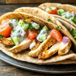 To make tasty chicken gyros, you need these main ingredients: - 2 boneless, skinless chicken breasts - 2 tablespoons extra virgin olive oil - 4 whole wheat pita breads - 1 cup creamy Greek yogurt - 1 cucumber, finely diced - 1 small red onion, thinly sliced - 1 medium ripe tomato, diced - Fresh parsley or dill for garnish These ingredients create a fresh and hearty meal. The chicken is the star, while the pita and veggies add great flavor and texture. The spices make a big difference in taste. Here’s what you need: - 2 teaspoons dried oregano - 1 teaspoon garlic powder - 1 teaspoon onion powder - 1 teaspoon smoked paprika - Sea salt and freshly cracked black pepper, to taste These spices bring out the chicken's flavor. The oregano adds warmth, while the smoked paprika gives a nice depth. Tzatziki sauce is easy to make and so good. You’ll need: - 1 cup creamy Greek yogurt - 1 tablespoon freshly squeezed lemon juice - 1 cucumber, finely diced This sauce is cool and tangy. It balances the warm chicken and spices perfectly. You mix all these together for a creamy dip that you will love. You can find the full recipe in the cooking section for more details. Enjoy crafting your delicious chicken gyros! To start, mix the marinade. In a bowl, combine: - 2 tablespoons extra virgin olive oil - 2 teaspoons dried oregano - 1 teaspoon garlic powder - 1 teaspoon onion powder - 1 teaspoon smoked paprika - Sea salt and freshly cracked black pepper to taste Add the chicken breasts to this mix. Make sure they are fully coated. Cover the bowl and refrigerate for 30 minutes. For a deeper flavor, let it marinate for up to 2 hours. Next, heat your grill or skillet on medium-high heat. Once hot, place the marinated chicken breasts on it. Cook for 6-7 minutes on each side. The chicken should be golden and juices should run clear when done. Check that the internal temperature hits 165°F (75°C). Let the chicken rest for 5 minutes after cooking. This step keeps the chicken juicy. Slice it into thin strips. While the chicken rests, make the tzatziki sauce. In a bowl, mix together: - 1 cup creamy Greek yogurt - 1 tablespoon freshly squeezed lemon juice - 1 cucumber, finely diced Stir until mixed well. Add salt and pepper to taste. Adjust the flavor to your liking. Now, take a warm whole wheat pita bread. Spread a generous amount of tzatziki sauce in the center. Layer the sliced chicken on top. Then, add: - Thinly sliced red onion - Diced tomato Finish with a sprinkle of fresh parsley or dill for extra flavor. Roll the pita around the filling. Tuck in the sides to keep everything secure. You can wrap it in parchment paper for easy eating. Serve your chicken gyros right away for the best taste. For a fun twist, serve on a colorful plate with extra tzatziki on the side for dipping. Enjoy the fresh flavors of your homemade gyros! To make the best chicken gyros, start with good marinating. Use olive oil and spices to coat your chicken well. Let it sit for at least 30 minutes. For more flavor, try marinating for up to 2 hours. When cooking, aim for a medium-high heat. This helps the chicken get a nice char while staying juicy. Cook each side for about 6-7 minutes. Always check that the chicken reaches at least 165°F. Let it rest for 5 minutes before slicing. This keeps it moist and tender. Homemade tzatziki sauce is simple. Mix creamy Greek yogurt with lemon juice and diced cucumber. You want a fresh taste. Add salt and pepper to your liking. For an extra kick, try adding minced garlic. Let the sauce sit for a few minutes to blend flavors. This sauce adds creamy goodness to your gyros. Serve your gyros on a colorful plate. This makes the meal look inviting. Add extra tzatziki on the side for dipping. It’s a nice touch. Garnish with fresh parsley or dill for a pop of color. You can also slice the gyros in half for easier handling. This way, everyone can enjoy the tasty filling. For a fun twist, serve with a side of crispy fries or a fresh salad. {{image_4}} You can easily change the protein in your gyros. Try using turkey instead of chicken. Turkey has a nice flavor, and it cooks well. Another option is pork. It adds a juicy bite to your meal. If you like beef, use skirt steak or ground beef. Just season it like the chicken. Lamb also makes a tasty choice. It brings a rich taste to the gyros. If you want a meat-free meal, there are great vegetarian options. Grilled vegetables are a fantastic choice. Try zucchini, bell peppers, and eggplant for extra flavor. You can also use marinated tofu. It soaks up all the great flavors and adds protein. Chickpeas are another tasty idea. You can roast them with spices for a crunchy topping. While tzatziki is classic, you can try other sauces too. A spicy harissa sauce adds a nice kick. It pairs well with chicken and veggies. For a creamy option, try using hummus. It adds a smooth texture and rich flavor. A tahini sauce can also work well. It brings a nutty taste that complements the gyros. Experiment with different sauces to find your favorite combination. Check out the Full Recipe for more ideas! You can store leftover chicken gyros easily. Place them in an airtight container. Store the container in the fridge for up to three days. If you want to keep them longer, try freezing them. Wrap each gyro in plastic wrap and then foil. This keeps them fresh for up to three months. When you’re ready to eat, thaw them in the fridge overnight. Tzatziki sauce also stores well. Transfer it to a sealed container. It lasts in the fridge for about four days. To keep it fresh, avoid adding toppings like cucumbers until you’re ready to serve. If you have leftovers, stir it well before using. Reheating chicken gyros is simple. You can use a microwave or oven. If using a microwave, place the gyro on a microwave-safe plate. Heat it for about 30 seconds to 1 minute. Check to make sure it’s warm throughout. If using an oven, preheat it to 350°F. Wrap the gyro in foil and heat for 10-15 minutes. This keeps the pita soft and tasty. Enjoy your meal again with all its flavors intact! You can easily switch meats in gyros. Beef, lamb, or pork works well. For beef gyros, use flank steak or sirloin. For lamb, choose leg or shoulder cuts. For pork, pork loin or shoulder are great options. Marinate these meats just like the chicken. Cook them until they are tender and juicy. Yes, you can prepare chicken gyros ahead of time. Marinate the chicken earlier in the day or even the night before. Cook the chicken and store it in the fridge. When you are ready to eat, just warm the chicken and assemble the gyros. You can also make the tzatziki sauce in advance and keep it cold. If you need a substitute for Greek yogurt, use sour cream. It gives a creamy texture and tangy flavor. You can also use plain yogurt, but strain it to make it thicker. For a vegan option, try soaked cashews blended with lemon juice and water. Several sides complement chicken gyros nicely. Consider a Greek salad with cucumbers, tomatoes, and olives. You can also serve roasted potatoes or a light rice pilaf. Pita chips with hummus or tzatziki make a great snack. For drinks, try a light Greek wine or sparkling water with lemon. For the full recipe, check out the savory chicken gyros section. This article covered how to make easy chicken gyros. We talked about key ingredients and shared step-by-step instructions. I also included tips for cooking, making tzatziki sauce, and great serving ideas. You learned about tasty variations like different proteins and vegetarian options. Plus, I shared storage tips to keep leftovers fresh. In the end, making chicken gyros at home is fun and tasty. Enjoy experimenting with flavors and serving them the way you like best! Your next meal will be delicious.
