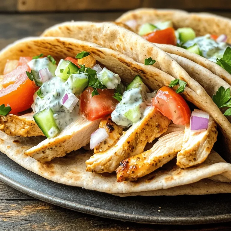 To make tasty chicken gyros, you need these main ingredients: - 2 boneless, skinless chicken breasts - 2 tablespoons extra virgin olive oil - 4 whole wheat pita breads - 1 cup creamy Greek yogurt - 1 cucumber, finely diced - 1 small red onion, thinly sliced - 1 medium ripe tomato, diced - Fresh parsley or dill for garnish These ingredients create a fresh and hearty meal. The chicken is the star, while the pita and veggies add great flavor and texture. The spices make a big difference in taste. Here’s what you need: - 2 teaspoons dried oregano - 1 teaspoon garlic powder - 1 teaspoon onion powder - 1 teaspoon smoked paprika - Sea salt and freshly cracked black pepper, to taste These spices bring out the chicken's flavor. The oregano adds warmth, while the smoked paprika gives a nice depth. Tzatziki sauce is easy to make and so good. You’ll need: - 1 cup creamy Greek yogurt - 1 tablespoon freshly squeezed lemon juice - 1 cucumber, finely diced This sauce is cool and tangy. It balances the warm chicken and spices perfectly. You mix all these together for a creamy dip that you will love. You can find the full recipe in the cooking section for more details. Enjoy crafting your delicious chicken gyros! To start, mix the marinade. In a bowl, combine: - 2 tablespoons extra virgin olive oil - 2 teaspoons dried oregano - 1 teaspoon garlic powder - 1 teaspoon onion powder - 1 teaspoon smoked paprika - Sea salt and freshly cracked black pepper to taste Add the chicken breasts to this mix. Make sure they are fully coated. Cover the bowl and refrigerate for 30 minutes. For a deeper flavor, let it marinate for up to 2 hours. Next, heat your grill or skillet on medium-high heat. Once hot, place the marinated chicken breasts on it. Cook for 6-7 minutes on each side. The chicken should be golden and juices should run clear when done. Check that the internal temperature hits 165°F (75°C). Let the chicken rest for 5 minutes after cooking. This step keeps the chicken juicy. Slice it into thin strips. While the chicken rests, make the tzatziki sauce. In a bowl, mix together: - 1 cup creamy Greek yogurt - 1 tablespoon freshly squeezed lemon juice - 1 cucumber, finely diced Stir until mixed well. Add salt and pepper to taste. Adjust the flavor to your liking. Now, take a warm whole wheat pita bread. Spread a generous amount of tzatziki sauce in the center. Layer the sliced chicken on top. Then, add: - Thinly sliced red onion - Diced tomato Finish with a sprinkle of fresh parsley or dill for extra flavor. Roll the pita around the filling. Tuck in the sides to keep everything secure. You can wrap it in parchment paper for easy eating. Serve your chicken gyros right away for the best taste. For a fun twist, serve on a colorful plate with extra tzatziki on the side for dipping. Enjoy the fresh flavors of your homemade gyros! To make the best chicken gyros, start with good marinating. Use olive oil and spices to coat your chicken well. Let it sit for at least 30 minutes. For more flavor, try marinating for up to 2 hours. When cooking, aim for a medium-high heat. This helps the chicken get a nice char while staying juicy. Cook each side for about 6-7 minutes. Always check that the chicken reaches at least 165°F. Let it rest for 5 minutes before slicing. This keeps it moist and tender. Homemade tzatziki sauce is simple. Mix creamy Greek yogurt with lemon juice and diced cucumber. You want a fresh taste. Add salt and pepper to your liking. For an extra kick, try adding minced garlic. Let the sauce sit for a few minutes to blend flavors. This sauce adds creamy goodness to your gyros. Serve your gyros on a colorful plate. This makes the meal look inviting. Add extra tzatziki on the side for dipping. It’s a nice touch. Garnish with fresh parsley or dill for a pop of color. You can also slice the gyros in half for easier handling. This way, everyone can enjoy the tasty filling. For a fun twist, serve with a side of crispy fries or a fresh salad. {{image_4}} You can easily change the protein in your gyros. Try using turkey instead of chicken. Turkey has a nice flavor, and it cooks well. Another option is pork. It adds a juicy bite to your meal. If you like beef, use skirt steak or ground beef. Just season it like the chicken. Lamb also makes a tasty choice. It brings a rich taste to the gyros. If you want a meat-free meal, there are great vegetarian options. Grilled vegetables are a fantastic choice. Try zucchini, bell peppers, and eggplant for extra flavor. You can also use marinated tofu. It soaks up all the great flavors and adds protein. Chickpeas are another tasty idea. You can roast them with spices for a crunchy topping. While tzatziki is classic, you can try other sauces too. A spicy harissa sauce adds a nice kick. It pairs well with chicken and veggies. For a creamy option, try using hummus. It adds a smooth texture and rich flavor. A tahini sauce can also work well. It brings a nutty taste that complements the gyros. Experiment with different sauces to find your favorite combination. Check out the Full Recipe for more ideas! You can store leftover chicken gyros easily. Place them in an airtight container. Store the container in the fridge for up to three days. If you want to keep them longer, try freezing them. Wrap each gyro in plastic wrap and then foil. This keeps them fresh for up to three months. When you’re ready to eat, thaw them in the fridge overnight. Tzatziki sauce also stores well. Transfer it to a sealed container. It lasts in the fridge for about four days. To keep it fresh, avoid adding toppings like cucumbers until you’re ready to serve. If you have leftovers, stir it well before using. Reheating chicken gyros is simple. You can use a microwave or oven. If using a microwave, place the gyro on a microwave-safe plate. Heat it for about 30 seconds to 1 minute. Check to make sure it’s warm throughout. If using an oven, preheat it to 350°F. Wrap the gyro in foil and heat for 10-15 minutes. This keeps the pita soft and tasty. Enjoy your meal again with all its flavors intact! You can easily switch meats in gyros. Beef, lamb, or pork works well. For beef gyros, use flank steak or sirloin. For lamb, choose leg or shoulder cuts. For pork, pork loin or shoulder are great options. Marinate these meats just like the chicken. Cook them until they are tender and juicy. Yes, you can prepare chicken gyros ahead of time. Marinate the chicken earlier in the day or even the night before. Cook the chicken and store it in the fridge. When you are ready to eat, just warm the chicken and assemble the gyros. You can also make the tzatziki sauce in advance and keep it cold. If you need a substitute for Greek yogurt, use sour cream. It gives a creamy texture and tangy flavor. You can also use plain yogurt, but strain it to make it thicker. For a vegan option, try soaked cashews blended with lemon juice and water. Several sides complement chicken gyros nicely. Consider a Greek salad with cucumbers, tomatoes, and olives. You can also serve roasted potatoes or a light rice pilaf. Pita chips with hummus or tzatziki make a great snack. For drinks, try a light Greek wine or sparkling water with lemon. For the full recipe, check out the savory chicken gyros section. This article covered how to make easy chicken gyros. We talked about key ingredients and shared step-by-step instructions. I also included tips for cooking, making tzatziki sauce, and great serving ideas. You learned about tasty variations like different proteins and vegetarian options. Plus, I shared storage tips to keep leftovers fresh. In the end, making chicken gyros at home is fun and tasty. Enjoy experimenting with flavors and serving them the way you like best! Your next meal will be delicious.