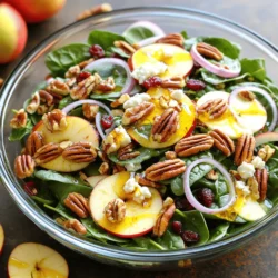 - 4 cups fresh baby spinach, thoroughly washed - 1 large sweet apple (such as Honeycrisp or Fuji), cored and thinly sliced - 1/4 cup red onion, thinly sliced Baby spinach serves as the base of the salad. Its crisp texture and mild flavor balance well with the other ingredients. Sweet apples add a juicy crunch. I love using Honeycrisp apples for their sweetness. Fuji apples also work great if you want something a bit different. The red onion gives a sharp bite that contrasts with the sweet apples. - 1/2 cup pecans, lightly toasted - 1/2 cup feta cheese, crumbled for easy incorporation Toasted pecans add a warm nutty flavor. When you toast them, they become crunchy and fragrant. Feta cheese brings a creamy element to the salad. Its salty flavor complements the sweet apples and adds depth. - 3 tablespoons extra-virgin olive oil, for a rich flavor - 2 tablespoons apple cider vinegar, for a tangy kick - 1 tablespoon honey, or more to taste, for sweetness - Salt and freshly cracked black pepper, to taste The dressing is simple yet bright. Extra-virgin olive oil gives a rich base. Apple cider vinegar adds a zesty punch, while honey sweetens it just right. A sprinkle of salt and pepper enhances all the flavors. This dressing brings everything together beautifully, making each bite a delight. For the complete recipe, check the Full Recipe. To start, we need to toast the pecans. Heat a dry skillet over medium heat. Once it's hot, add the pecans. Sauté them for about 3-5 minutes. Stir frequently until they turn golden-brown and smell nutty. This step adds a rich flavor. After toasting, transfer the pecans to a plate to cool. Next, wash and slice the apple. I recommend using a sweet variety like Honeycrisp or Fuji. These apples add a nice crunch and sweetness. Core the apple, then slice it thinly. This helps it blend well with the spinach. Now, let’s mix the dressing. In a small bowl, whisk together three tablespoons of extra-virgin olive oil, two tablespoons of apple cider vinegar, and one tablespoon of honey. Add a pinch of salt and pepper. Make sure everything is well combined. This dressing gives the salad a bright and tangy taste. In a large salad bowl, add the freshly washed baby spinach. This will be the base of your salad. Layer the sliced apple, toasted pecans, thinly sliced red onion, dried cranberries, and crumbled feta cheese on top. This colorful mix makes the salad look great. Next, drizzle the prepared dressing over the salad. Be sure to cover all the ingredients. Gently toss everything together. This helps the spinach and other ingredients get coated without bruising the leaves. Taste the salad to see if it needs any adjustments. You might want to add more salt, pepper, or honey to fit your taste. This step ensures that every bite is delicious. For a beautiful presentation, serve the salad in a large bowl or on individual plates. A few extra pecans and apple slices on top will look nice. A sprinkle of feta cheese will add the final touch. Enjoy this tasty and nutritious dish! For the complete recipe, check out the Full Recipe section. Choosing the right apple is key for sweetness. I love using Honeycrisp or Fuji apples. They add a nice crunch and a sweet taste. You can also try Granny Smith if you prefer tartness. Pair your apples with crispy pecans and tangy feta cheese. These flavors blend well and make each bite enjoyable. Serve your salad in a large, bright bowl. This makes it look fresh and inviting. You can also use individual plates for a nice touch at dinner. Garnish with extra apple slices and pecans on top. A sprinkle of feta adds a pop of white that looks great against the greens. Remember, colorful salads are more appealing! One common mistake is over-toasting the nuts. Keep a close eye on them as they can burn quickly. Toast them until they are golden brown and fragrant. Another mistake is wilting the spinach leaves. Toss the salad gently to keep the leaves crisp. If you bruise them, the salad will lose its fresh crunch. For the full recipe, check out the details above! {{image_4}} You can easily swap ingredients in this salad. If you want a different nut flavor, try walnuts or almonds. These nuts add unique tastes and textures. For cheese, Gorgonzola or goat cheese works well. Both cheeses give a creamy touch that blends nicely with the dressing. Adjusting the salad for the season can enhance its flavor. In summer, add fresh raspberries for a sweet touch. In fall, pears are a great option. They bring sweetness and a soft texture. You can also try different greens. Arugula adds a spicy kick, while kale offers a hearty crunch. The dressing can change the salad's flavor profile. For a balsamic twist, use balsamic vinaigrette. It adds depth and sweetness. If you prefer creamy dressings, try a yogurt or ranch dressing. Both options give a rich flavor that pairs well with the salad's ingredients. For the full recipe, check out the steps to craft your own Apple Pecan Spinach Salad! To keep your Apple Pecan Spinach Salad fresh, store it in an airtight container. This helps prevent wilting and keeps flavors intact. If you have leftover salad, it usually lasts about 2-3 days in the fridge. However, it’s best to eat it sooner for the best taste and texture. You can prep the ingredients ahead of time. Wash and slice the apple, toast the pecans, and chop the onion. Store each ingredient separately in the fridge. This way, you can assemble the salad just before serving. It keeps the spinach crisp and tasty. I don’t recommend freezing the salad. Freezing changes the texture of the spinach and apples. If you want to freeze some components, consider the pecans or cheese. Use freezer-safe containers to keep them fresh. Just remember to add them back when you are ready to enjoy the salad! For the full recipe, check out the detailed instructions above. You can pair this salad with many main dishes. It complements grilled chicken or fish nicely. You may also serve it alongside roasted vegetables for a hearty meal. The fresh flavors of the salad balance well with rich dishes. Try adding a slice of crusty bread for a complete meal. You can also explore flavors from around the world. Asian-style grilled shrimp adds a fun twist. Mediterranean dishes like falafel or hummus work well too. This salad’s crispness pairs nicely with hearty, warm entrees. Yes, this salad is very healthy. It includes fresh spinach, apples, and nuts, which are packed with nutrients. Spinach is high in vitamins A and C, which boost your immune system. Apples add fiber, which helps with digestion. Pecans provide healthy fats and antioxidants. Each serving has about 200 calories, depending on your serving size and dressing. This makes it a great choice for light lunches or side dishes. You get loads of vitamins with each bite while keeping calories in check. Absolutely! Making this salad vegan is simple. You can swap feta cheese for non-dairy cheese. Look for a brand that melts well and has a tangy taste. For the dressing, use maple syrup instead of honey. Maple syrup gives sweetness without using animal products. Mix it in just like you would with honey. This way, you keep the salad fresh and tasty while enjoying a vegan option. This blog post showed how to make a tasty Apple Pecan Spinach Salad. You learned about the fresh ingredients, how to prepare them, and steps to mix the salad. I shared tips for flavor and presentation and noted common mistakes to avoid. You can also switch ingredients for fresh twists and consider storage options for leftovers. Enjoy creating your salad, and remember, small changes lead to big flavors!