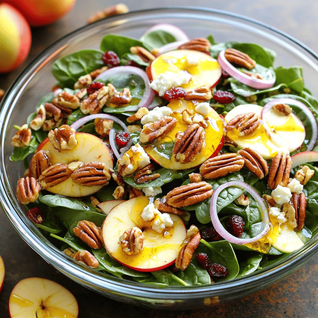 - 4 cups fresh baby spinach, thoroughly washed - 1 large sweet apple (such as Honeycrisp or Fuji), cored and thinly sliced - 1/4 cup red onion, thinly sliced Baby spinach serves as the base of the salad. Its crisp texture and mild flavor balance well with the other ingredients. Sweet apples add a juicy crunch. I love using Honeycrisp apples for their sweetness. Fuji apples also work great if you want something a bit different. The red onion gives a sharp bite that contrasts with the sweet apples. - 1/2 cup pecans, lightly toasted - 1/2 cup feta cheese, crumbled for easy incorporation Toasted pecans add a warm nutty flavor. When you toast them, they become crunchy and fragrant. Feta cheese brings a creamy element to the salad. Its salty flavor complements the sweet apples and adds depth. - 3 tablespoons extra-virgin olive oil, for a rich flavor - 2 tablespoons apple cider vinegar, for a tangy kick - 1 tablespoon honey, or more to taste, for sweetness - Salt and freshly cracked black pepper, to taste The dressing is simple yet bright. Extra-virgin olive oil gives a rich base. Apple cider vinegar adds a zesty punch, while honey sweetens it just right. A sprinkle of salt and pepper enhances all the flavors. This dressing brings everything together beautifully, making each bite a delight. For the complete recipe, check the Full Recipe. To start, we need to toast the pecans. Heat a dry skillet over medium heat. Once it's hot, add the pecans. Sauté them for about 3-5 minutes. Stir frequently until they turn golden-brown and smell nutty. This step adds a rich flavor. After toasting, transfer the pecans to a plate to cool. Next, wash and slice the apple. I recommend using a sweet variety like Honeycrisp or Fuji. These apples add a nice crunch and sweetness. Core the apple, then slice it thinly. This helps it blend well with the spinach. Now, let’s mix the dressing. In a small bowl, whisk together three tablespoons of extra-virgin olive oil, two tablespoons of apple cider vinegar, and one tablespoon of honey. Add a pinch of salt and pepper. Make sure everything is well combined. This dressing gives the salad a bright and tangy taste. In a large salad bowl, add the freshly washed baby spinach. This will be the base of your salad. Layer the sliced apple, toasted pecans, thinly sliced red onion, dried cranberries, and crumbled feta cheese on top. This colorful mix makes the salad look great. Next, drizzle the prepared dressing over the salad. Be sure to cover all the ingredients. Gently toss everything together. This helps the spinach and other ingredients get coated without bruising the leaves. Taste the salad to see if it needs any adjustments. You might want to add more salt, pepper, or honey to fit your taste. This step ensures that every bite is delicious. For a beautiful presentation, serve the salad in a large bowl or on individual plates. A few extra pecans and apple slices on top will look nice. A sprinkle of feta cheese will add the final touch. Enjoy this tasty and nutritious dish! For the complete recipe, check out the Full Recipe section. Choosing the right apple is key for sweetness. I love using Honeycrisp or Fuji apples. They add a nice crunch and a sweet taste. You can also try Granny Smith if you prefer tartness. Pair your apples with crispy pecans and tangy feta cheese. These flavors blend well and make each bite enjoyable. Serve your salad in a large, bright bowl. This makes it look fresh and inviting. You can also use individual plates for a nice touch at dinner. Garnish with extra apple slices and pecans on top. A sprinkle of feta adds a pop of white that looks great against the greens. Remember, colorful salads are more appealing! One common mistake is over-toasting the nuts. Keep a close eye on them as they can burn quickly. Toast them until they are golden brown and fragrant. Another mistake is wilting the spinach leaves. Toss the salad gently to keep the leaves crisp. If you bruise them, the salad will lose its fresh crunch. For the full recipe, check out the details above! {{image_4}} You can easily swap ingredients in this salad. If you want a different nut flavor, try walnuts or almonds. These nuts add unique tastes and textures. For cheese, Gorgonzola or goat cheese works well. Both cheeses give a creamy touch that blends nicely with the dressing. Adjusting the salad for the season can enhance its flavor. In summer, add fresh raspberries for a sweet touch. In fall, pears are a great option. They bring sweetness and a soft texture. You can also try different greens. Arugula adds a spicy kick, while kale offers a hearty crunch. The dressing can change the salad's flavor profile. For a balsamic twist, use balsamic vinaigrette. It adds depth and sweetness. If you prefer creamy dressings, try a yogurt or ranch dressing. Both options give a rich flavor that pairs well with the salad's ingredients. For the full recipe, check out the steps to craft your own Apple Pecan Spinach Salad! To keep your Apple Pecan Spinach Salad fresh, store it in an airtight container. This helps prevent wilting and keeps flavors intact. If you have leftover salad, it usually lasts about 2-3 days in the fridge. However, it’s best to eat it sooner for the best taste and texture. You can prep the ingredients ahead of time. Wash and slice the apple, toast the pecans, and chop the onion. Store each ingredient separately in the fridge. This way, you can assemble the salad just before serving. It keeps the spinach crisp and tasty. I don’t recommend freezing the salad. Freezing changes the texture of the spinach and apples. If you want to freeze some components, consider the pecans or cheese. Use freezer-safe containers to keep them fresh. Just remember to add them back when you are ready to enjoy the salad! For the full recipe, check out the detailed instructions above. You can pair this salad with many main dishes. It complements grilled chicken or fish nicely. You may also serve it alongside roasted vegetables for a hearty meal. The fresh flavors of the salad balance well with rich dishes. Try adding a slice of crusty bread for a complete meal. You can also explore flavors from around the world. Asian-style grilled shrimp adds a fun twist. Mediterranean dishes like falafel or hummus work well too. This salad’s crispness pairs nicely with hearty, warm entrees. Yes, this salad is very healthy. It includes fresh spinach, apples, and nuts, which are packed with nutrients. Spinach is high in vitamins A and C, which boost your immune system. Apples add fiber, which helps with digestion. Pecans provide healthy fats and antioxidants. Each serving has about 200 calories, depending on your serving size and dressing. This makes it a great choice for light lunches or side dishes. You get loads of vitamins with each bite while keeping calories in check. Absolutely! Making this salad vegan is simple. You can swap feta cheese for non-dairy cheese. Look for a brand that melts well and has a tangy taste. For the dressing, use maple syrup instead of honey. Maple syrup gives sweetness without using animal products. Mix it in just like you would with honey. This way, you keep the salad fresh and tasty while enjoying a vegan option. This blog post showed how to make a tasty Apple Pecan Spinach Salad. You learned about the fresh ingredients, how to prepare them, and steps to mix the salad. I shared tips for flavor and presentation and noted common mistakes to avoid. You can also switch ingredients for fresh twists and consider storage options for leftovers. Enjoy creating your salad, and remember, small changes lead to big flavors!
