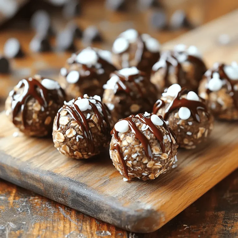 - 1 cup rolled oats - 1/2 cup almond butter - 1/4 cup honey or maple syrup - 1/2 cup ground flaxseed - 1/3 cup mini chocolate chips - 1/4 cup shredded coconut (optional) - 1 teaspoon pure vanilla extract - A pinch of sea salt The main ingredients in no-bake energy bites are simple and easy to find. Rolled oats provide a great base. They give texture and fiber. Almond butter adds healthy fat and protein, making these bites satisfying. Honey or maple syrup acts as a natural sweetener. Ground flaxseed adds omega-3 fatty acids, boosting the nutrition. Mini chocolate chips bring a touch of sweetness and fun. Shredded coconut is optional and adds a nice chew. A pinch of sea salt enhances all these flavors. - Dried fruits (raisins, cranberries, etc.) - Nuts and seeds (chia seeds, walnuts, etc.) - Protein powder You can change up the flavors with fun add-ins. Dried fruits like raisins or cranberries can add sweetness. Nuts and seeds, such as chia seeds or walnuts, add crunch and nutrition. If you want more protein, add a scoop of protein powder. These choices make your energy bites unique every time. - Nut-free alternatives (sunflower seed butter) - Vegan options (using maple syrup and plant-based protein) If you have dietary needs, there are easy swaps. Use sunflower seed butter instead of almond butter to make them nut-free. For a vegan option, stick with maple syrup and choose plant-based protein. These swaps keep the bites delicious for everyone. For the full recipe, check the details above. - Start by placing 1 cup of rolled oats and 1/2 cup of ground flaxseed in a large bowl. Stir them well so they mix evenly. - Next, in another bowl, combine 1/2 cup of almond butter, 1/4 cup of honey or maple syrup, 1 teaspoon of vanilla extract, and a pinch of sea salt. Whisk until smooth and creamy. - Pour the wet mix over the dry mix. Stir it all together until everything is well combined and moist. - Now, take portions of the mixture and roll them into small balls, about 1 inch wide. If the mix is sticky, wet your hands slightly to help with rolling. - Place the formed balls onto a baking sheet lined with parchment paper. Make sure they have space to avoid sticking. - Put the baking sheet in the refrigerator for at least 30 minutes. This helps the bites firm up nicely. - To serve, arrange the energy bites on a wooden board or in a colorful bowl. - For a fun touch, drizzle melted chocolate over the bites just before serving. This makes them even more tempting! For the complete recipe, check the [Full Recipe]. To get the right mix for your energy bites, focus on the moisture. The mixture should feel sticky but not runny. If it seems too dry, add a dash of almond butter or honey. This will help combine the oats and flaxseed well. When rolling, if the mix sticks to your hands, slightly dampen them. This simple trick makes rolling easy and keeps your hands clean. Feel free to make your energy bites unique by playing with flavors. You can add spices like cinnamon or nutmeg for warmth. Want a different crunch? Toss in sunflower seeds or chopped nuts. To make them gluten-free, use certified gluten-free oats. If you prefer low-sugar options, swap honey for mashed banana or unsweetened applesauce. This keeps the taste great while lowering sugar content. Boost your energy bites with extra nutrition. Add chia seeds or hemp seeds for a protein kick. You can also mix in superfoods like spirulina or cacao nibs. Focus on balancing energy by adding fiber-rich ingredients. This helps you feel full longer. The right mix of protein and fiber makes these bites a smart snack choice. {{image_4}} Energy bites are fun and easy to change up! You can mix flavors to keep things exciting. Here are some great ideas. - Chocolate Peanut Butter Energy Bites: Use your almond butter or switch to peanut butter. Add cocoa powder for a rich chocolate taste. - Coconut Almond Joy Energy Bites: Add shredded coconut and a little almond extract. This brings a tropical twist to your bites. - Matcha Green Tea Energy Bites: Mix in matcha powder for a bright green color and a health boost. It adds a unique flavor that many love. - Pumpkin Spice Energy Bites for fall: Stir in pumpkin puree and pumpkin spice. This makes a warm, cozy snack perfect for autumn. - Summery Coconut Lime Energy Bites: Mix in lime zest and juice with shredded coconut. This gives a refreshing tang, great for hot days. - Fun colors using natural food coloring: Add a few drops of natural dye to make the bites colorful. Kids will love the bright snacks! - Incorporating whole fruits for extra sweetness: Toss in small pieces of dried fruit like raisins or cranberries. This adds natural sweetness and chewiness. Explore these variations to find your favorites! Check out the Full Recipe for the base energy bite mix, then let your creativity run wild. To keep your no-bake energy bites fresh, store them in the fridge. Use an airtight container to seal them well. This will help prevent moisture and keep them tasty. I like to use glass containers, as they are easy to clean and eco-friendly. Make sure you label the container with the date you made them. If you want to save some energy bites for later, freezing is a great option. To freeze, place the bites on a baking sheet in a single layer. Once frozen, transfer them to an airtight container or freezer bag. This way, they won’t stick together. When you’re ready to eat them, let them thaw in the fridge for a few hours or at room temperature for about 30 minutes. They can stay fresh in the freezer for up to three months. In the fridge, no-bake energy bites last about a week. In the freezer, they can last up to three months. Check for any signs that they have gone bad, like an off smell or visible mold. If they look or smell strange, it’s best to toss them. Enjoy your Nutty Chocolate Bliss Energy Bites with confidence knowing they are fresh and safe! No-bake energy bites last up to a week in the fridge. Store them in an airtight container. If you freeze them, they can last for three months. Just thaw them before you eat. Yes, you can use any nut butter you like. Almond butter works great, but peanut butter is a classic choice. You can also try cashew butter or sunflower seed butter if you want a nut-free option. Absolutely! These energy bites are perfect for meal prep. They are easy to make and store well. Just whip up a batch on the weekend, and you have healthy snacks ready for the week. You can use maple syrup or agave nectar instead of honey. Both options add sweetness and stickiness. They work well to bind the ingredients together. No-bake energy bites are packed with nutrition. They offer fiber from oats and flaxseed, healthy fats from nut butters, and protein. They can give you lasting energy without a sugar crash. Plus, they are easy to customize with your favorite mix-ins. For the full recipe, check out Nutty Chocolate Bliss Energy Bites! You now have all the tools to make tasty no-bake energy bites. We covered the key ingredients, like oats and almond butter, and shared easy steps to put them together. Don't forget to mix in your favorite add-ins for more flavor. Store them properly to keep them fresh and enjoy delicious bites anytime. Remember, you can always customize for your taste or diet needs. Keep this guide handy as you create your own energy bites, and have fun experimenting!