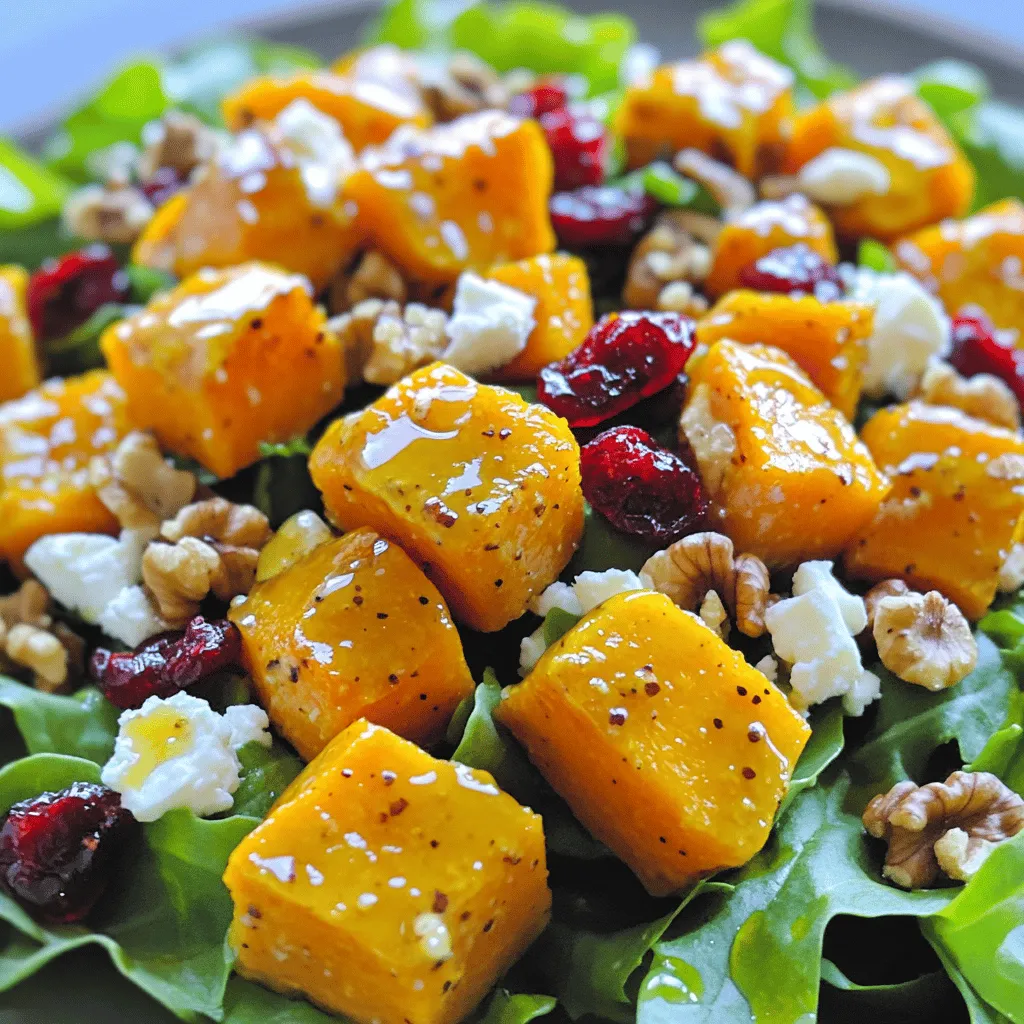 - 1 medium butternut squash - Olive oil, maple syrup, sea salt, black pepper - Mixed leafy greens (spinach, arugula, kale) - Feta cheese, dried cranberries, walnuts - Apple cider vinegar - Dijon mustard - Additional toppings for garnish - Alternative nuts or cheese substitutions The main ingredients create a wonderful mix of flavors and textures. Butternut squash gives a sweet and nutty taste. The olive oil and maple syrup add richness. Sea salt and black pepper bring balance. The mixed leafy greens give a fresh crunch. Feta cheese adds creaminess, while dried cranberries add a pop of sweetness. Walnuts provide a nice crunch. For the dressing, apple cider vinegar offers tanginess, while Dijon mustard adds a hint of spice. You can adjust the dressing to your taste. Feel free to add a bit more maple syrup if you like it sweeter. If you want to customize your salad, think about optional ingredients. You can use different nuts, like pecans or almonds. Swap feta cheese for goat cheese or a vegan option. Don't forget to check the full recipe for more details! First, I preheat the oven to 400°F (200°C). This hot temperature helps the squash roast nicely. Next, I grab a large bowl and toss the cubed butternut squash with: - 2 tablespoons extra virgin olive oil - 2 tablespoons pure maple syrup - Sea salt and freshly ground black pepper to taste I mix it all well so each piece is coated. This blend brings out the squash's natural sweetness. Now, I prepare a baking sheet by lining it with parchment paper. I spread the squash evenly on the sheet. This allows for even cooking. After that, I roast the squash for about 25-30 minutes. Halfway through, I take a spatula and flip the squash. This ensures all sides get golden brown and tender. While the squash roasts, I make the dressing. I whisk together in a small bowl: - 1 tablespoon apple cider vinegar - 1 teaspoon Dijon mustard - A pinch of salt and pepper Next, I slowly drizzle in extra virgin olive oil while whisking. This creates a smooth emulsion. It’s key for the dressing to mix well with the salad. For the full recipe, check out the link. Enjoy making this fresh and simple Maple Roasted Butternut Squash Salad! When selecting butternut squash, look for those with a tan color. The skin should be smooth and firm. Avoid any squash with soft spots or blemishes. A ripe squash feels heavy for its size. Also, choose one with a long neck; it has more flesh and less seed. To achieve perfect caramelization, roast at 400°F (200°C). Spread the cubes in a single layer; this helps them cook evenly. Flip the squash halfway through roasting to brown all sides. Avoid overcrowding the baking sheet, as this can lead to steaming rather than roasting. If you find your squash mushy, it may have been overcooked. Keep an eye on your timer. The squash should be fork-tender but not falling apart. For the best salad experience, serve it warm. This keeps the flavors bright and fresh. Layer the greens first, then add the warm squash. This prevents wilting and keeps the greens crisp. Garnish with extra feta and walnuts on top for visual appeal. A light drizzle of maple syrup adds a sweet touch. For added color, consider fresh herbs or pomegranate seeds. You can find the Full Recipe for this delightful salad in the main article. {{image_4}} You can easily change the greens in this salad. Try arugula, spinach, or even romaine. Each green gives a unique taste. For cheese, feta is great, but goat cheese or blue cheese also works well. They add creaminess and tang. To make this salad vegan, skip the cheese and use maple syrup instead of honey. For gluten-free needs, check the Dijon mustard label. Most are gluten-free, but it’s best to be sure. If you have nut allergies, swap walnuts for seeds like pumpkin or sunflower seeds. Use seasonal fruits to change the flavor. In fall, add crisp apples or juicy pears for sweetness. In winter, pomegranate seeds provide a burst of color and flavor. These fruits make the salad more festive and fun. To keep the salad fresh, store it in an airtight container. This helps prevent wilting. Place the roasted butternut squash in a separate container. This keeps it crisp and tasty. If you mix everything, the greens may get soggy. Always add the dressing just before eating. This keeps the salad vibrant and flavorful. When reheating the roasted butternut squash, use a microwave or oven. Heat it at low power in the microwave for a few minutes. In the oven, warm it at 350°F (175°C) for about 10 minutes. This helps maintain its texture. To revitalize the salad, add fresh greens and a splash of dressing. This brings back the salad's bright taste. The salad lasts about 3 days in the fridge. The roasted butternut squash keeps well for about 4 days. The mixed greens stay fresh for 2 to 3 days. Always check for signs of spoilage, like bad smells or slimy textures. For the best taste, enjoy it as soon as possible. You can find the Full Recipe here for more details. To make this salad, start by roasting the butternut squash. Preheat your oven to 400°F (200°C). Cut the squash into 1-inch cubes and mix with olive oil, maple syrup, sea salt, and black pepper. Spread the squash on a baking sheet and roast for 25-30 minutes. While it roasts, whisk together apple cider vinegar and Dijon mustard. Gradually add olive oil to create a dressing. After roasting, let the squash cool slightly. Toss it with mixed greens, feta, cranberries, and walnuts. Drizzle the dressing and enjoy! For the full recipe, see above. Yes, you can prepare parts of this salad ahead of time. Roast the butternut squash the day before. Let it cool, then store it in the fridge. You can also mix the dressing a day in advance. Just keep it in a sealed jar. On the day you serve, combine the greens with the squash, toppings, and dressing. This way, everything stays fresh and tasty. This salad pairs well with grilled chicken or fish for a complete meal. You can also enjoy it with crusty bread or a warm soup. These dishes add protein and warmth, making your meal more filling. For a vegetarian option, try serving it with quinoa or a hearty grain dish. Yes, this salad is very healthy! Butternut squash is rich in vitamins A and C, which are great for your skin and eyes. Mixed greens add fiber and nutrients. Walnuts provide healthy fats, while cranberries add antioxidants. The feta cheese gives protein and calcium. Overall, this dish is a balanced and nutritious choice. This blog post shared how to make a delicious maple roasted butternut squash salad. You learned about the main ingredients like squash, greens, and feta. We covered step-by-step instructions for preparation, roasting, and making a tasty dressing. I shared tips for serving and storing the salad, plus variations to suit your taste. In conclusion, this salad is easy, healthy, and customizable. Enjoy creating your version!