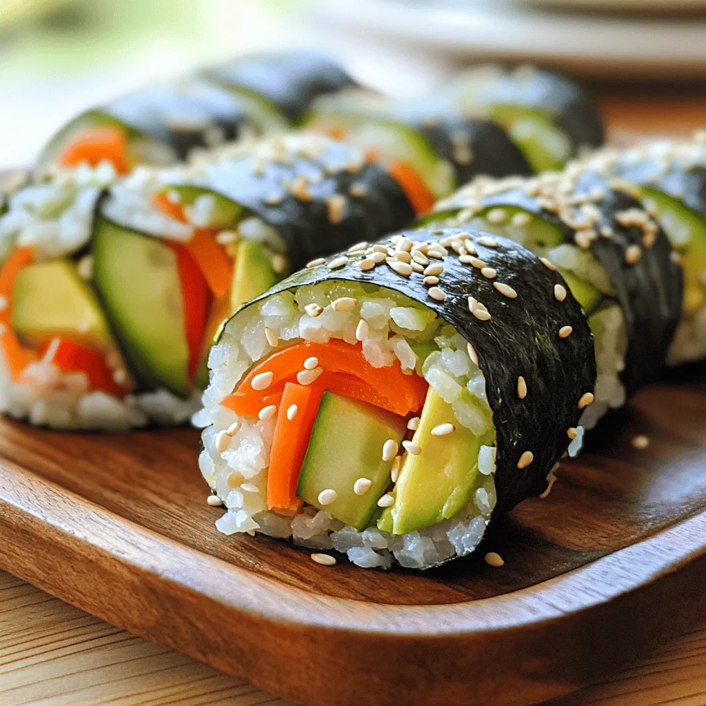 - 2 cups sushi rice - 2 ½ cups water - ¼ cup rice vinegar - 2 tablespoons sugar - 1 teaspoon salt - 4 sheets of nori (seaweed) - 1 medium cucumber, cut into thin matchsticks - 1 medium carrot, cut into thin matchsticks - 1 ripe avocado, sliced into thin wedges - ½ red bell pepper, cut into thin matchsticks - Optional: sesame seeds for garnish - Optional: soy sauce for dipping To make easy veggie sushi rolls, you need fresh ingredients. Sushi rice is the base. It sticks well and holds everything together. Rinse it before cooking. This step removes excess starch for the right texture. Nori sheets wrap your sushi. They add a nice flavor. Make sure to use fresh nori for the best taste. The veggies are key to flavor and color. I love using cucumber, carrot, avocado, and red bell pepper. Each adds a crunchy bite and fresh taste. For the rice seasoning, mix rice vinegar, sugar, and salt. This blend gives sushi rice its unique flavor. You can also add sesame seeds on top. They add a nice crunch. Soy sauce is great for dipping. It enhances the flavor of the rolls. Check the full recipe for detailed steps and tips. Enjoy making your sushi! 1. Rinsing sushi rice Start by rinsing the sushi rice. Place it in a fine-mesh strainer. Rinse it under cold water until the water runs clear. This removes excess starch. 2. Cooking the rice In a medium saucepan, combine the drained sushi rice with 2 ½ cups of water. Bring it to a boil over medium heat. Then, lower the heat and cover it. Let it simmer for 20 minutes until the water is gone. After that, let it rest for 10 minutes, still covered. 3. Seasoning the rice with vinegar mix While the rice rests, prepare the seasoning. In a bowl, mix rice vinegar, sugar, and salt. Stir until the sugar and salt dissolve. Once the rice is ready, transfer it to a large bowl. Gently fold in the vinegar mixture. This adds flavor without smashing the rice. Let it cool to room temperature. 1. Setting up and preparing your workspace Get your bamboo sushi mat and place it on a clean, flat surface. Lay a sheet of nori, shiny side down, on the mat. 2. Spreading rice and arranging fillings With wet hands, spread a thin layer of sushi rice on the nori. Leave about an inch at the top edge. Now, arrange cucumber, carrot, avocado, and bell pepper in a line about 2 inches from the bottom. 3. Rolling technique for sushi Lift the edge of the bamboo mat closest to you. Roll the sushi away from yourself, keeping the filling in place. Roll it tightly, but not too tight. You want the filling snug inside, but not crushed. 1. Slicing sushi rolls Once you finish rolling, use a sharp, wet knife to slice the roll. Cut it into 6 to 8 pieces. Wetting the knife helps the rice not to stick. 2. Presentation tips for serving Arrange the sushi rolls on a plate. Sprinkle sesame seeds on top for a nice touch. 3. Optional garnishes You can add extra slices of avocado or a sprinkle of sesame seeds for a pretty look. Serve with a small bowl of soy sauce for dipping. For the full recipe, check out the vibrant veggie sushi rolls section! Using a bamboo sushi mat makes rolling easy. Lay the mat flat on your counter. Place a sheet of nori on the mat, shiny side down. Spread rice evenly, leaving space at the top. Keep your hands wet to stop the rice from sticking. Wet fingers help you spread and roll smoothly. When you roll, start from the bottom edge. Lift the mat and roll away from you. Keep the filling in place as you roll. Aim for a tight roll, but don’t crush it. A good roll holds together without squishing the veggies. Watch out for overpacking the fillings. If you add too much, it can break the roll. Use just enough filling for a nice balance. Rinsing the rice is key. If you skip this step, the rice can be too starchy. Always rinse until the water runs clear. This helps the rice become sticky and perfect for sushi. Cutting the rolls correctly is also important. Use a sharp knife and wet it before cutting. This prevents the rice from sticking to the blade. Each slice should be clean for great presentation. These tips will help you make the perfect veggie sushi rolls. For more detailed steps, check the Full Recipe. {{image_4}} You can get creative with your fillings. Seasonal vegetables add freshness and color. Think about using ingredients like: - Cucumber - Carrot - Avocado - Red bell pepper For extra protein, try adding tofu or tempeh. They bring a great texture and flavor. You can also use different sauces to spice things up. Consider sesame oil or spicy mayo for added zest. There are fun styles of sushi rolls to try. Futomaki rolls are thick and packed with flavor. Uramaki rolls have the rice on the outside. They look great and taste even better. Rainbow rolls are a feast for the eyes. You can top them with colorful veggies like avocado, mango, or even edible flowers for a special touch. You can also make custom vegetarian or vegan rolls. These let you choose your favorite ingredients. Mix and match to create something just for you. For a full recipe, check out the vibrant veggie sushi rolls. To keep your leftover sushi fresh, put it in an airtight container. This helps prevent the sushi from drying out. If you have sushi rolls with avocado or other fresh veggies, eat them within 24 hours. These ingredients lose their taste after a day. For rolls with cooked ingredients, like shrimp or crab, you can store them for up to two days. If you need to reheat these types of sushi, use a microwave or steam them gently. This keeps them moist and soft. Freezing sushi is easy but requires some care. Wrap each roll tightly in plastic wrap. Then, place them in a freezer bag. This helps to keep out air and prevent freezer burn. You can freeze sushi for up to a month. To thaw, take them out of the freezer and let them sit in the fridge for a few hours. This way, the texture stays nice. Avoid thawing sushi in the microwave, as this can make the rice mushy. Enjoy your sushi later, knowing it still tastes great! To make sushi rice sticky, rinse it well to remove extra starch. This helps the rice to stick together. After rinsing, cook it with the right water ratio. Use 2 cups of water for every cup of sushi rice. When the rice cooks, let it rest covered for 10 minutes. Then, mix in a bit of rice vinegar, sugar, and salt to make it extra sticky and flavorful. Yes, you can use brown rice for sushi rolls. Brown rice has a nutty flavor and a chewier texture than white sushi rice. It takes longer to cook, so adjust the cooking time to about 40-50 minutes. Make sure to rinse it well before cooking. Keep in mind that brown rice may not be as sticky as white rice, so your rolls might be a bit fragile. You can use many vegetables in sushi. Some of my favorites include: - Cucumber - Carrot - Avocado - Red bell pepper - Spinach - Asparagus - Radish These veggies add color, crunch, and flavor. Feel free to mix and match to find your favorite combinations. Homemade sushi lasts about one day in the fridge. Store it in an airtight container to keep it fresh. The rice may dry out or get hard if left too long. If you have leftover sushi with cooked ingredients, it can last up to two days. Always check for signs of spoilage before eating. Using a sushi mat makes rolling easier and more uniform. It helps you create tight rolls without squishing the ingredients. However, if you don’t have one, you can still roll sushi by hand. Just be gentle, and try to keep the roll tight and even. Yes, you can make sushi rolls without nori. You can use thin slices of cucumber or rice paper instead. This option is great for those who don’t like seaweed. Simply wrap your fillings in these alternatives and roll them up. They still taste amazing! For a full recipe, check out the vibrant veggie sushi rolls. You can make easy veggie sushi rolls at home using simple ingredients. Start with sushi rice and fresh vegetables like cucumber and avocado. Follow the step-by-step guide to cook and season your rice, assemble your rolls, and present them beautifully. Remember to avoid common mistakes for the best results. Finally, explore filling variations and storage options to enjoy sushi even longer. Making sushi is fun, healthy, and rewarding. Try it out and enjoy your delicious creations!