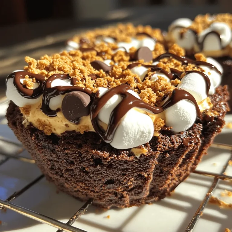 To make the S'mores Stuffed Brownie Cups, gather these tasty ingredients: - 1 box of brownie mix (plus ingredients required for preparation: eggs, oil, water) - 1 cup of graham cracker crumbs - 1 cup of mini marshmallows - 1 cup of chocolate chips (choose semi-sweet or milk chocolate) - 1/4 cup of unsweetened cocoa powder - 2 tablespoons of granulated sugar - 1/4 teaspoon of salt - Cooking spray or softened butter for greasing These ingredients blend to create a rich and gooey dessert. The brownie mix forms a delicious base. The graham crackers give that classic s'mores crunch. Mini marshmallows melt perfectly for a sweet touch. The chocolate chips add a rich flavor. Cocoa powder enhances the brownie taste. Sugar balances sweetness, while salt enhances all the flavors. Greasing the pan helps keep the cups intact. You can find the full recipe above to guide your cooking journey. - Preheat your oven to 350°F (175°C). - Lightly grease your muffin pan with cooking spray or softened butter. - In a bowl, mix the brownie mix with eggs, oil, and water. Stir until smooth. - In another bowl, combine graham cracker crumbs, cocoa powder, sugar, and salt. - Spoon about one tablespoon of brownie batter into each muffin cup. - Add the graham cracker mixture on top, filling each cup halfway. - Sprinkle chocolate chips and mini marshmallows over the graham cracker layers. - Pour more brownie batter into each cup until they are three-quarters full. - Place the muffin pan in the oven and bake for 18-20 minutes. - Check for doneness with a toothpick; it should come out mostly clean. - Let the cups cool in the pan for 10 minutes before removing them. - Use a butter knife to loosen the edges if needed. These steps will guide you to create perfect S'mores Stuffed Brownie Cups. You can find the Full Recipe for complete details and measurements. To get the best brownie cups, focus on texture. You want them soft and chewy. Mix the brownie batter well, so it’s smooth. Lumps can lead to uneven baking. Don't overmix, though, or they may get tough. When greasing the muffin pan, use a light hand. I prefer cooking spray for easy coverage. If you use butter, make sure to coat every nook. This helps the brownie cups pop out with ease. If your brownie cups overflow, don’t panic. This can happen if you overfill them. Aim for three-quarters full to let them rise without spilling. If they underbake, check your oven temperature. Ovens can vary. If they seem too gooey, add a couple of extra minutes. Always test with a toothpick. It should come out with a few moist crumbs, not wet batter. {{image_4}} You can change the flavor of your brownie cups easily. Try using flavored brownie mixes like peanut butter or caramel. These options add a fun twist to the classic taste. You can also use different types of chocolate chips. Milk chocolate gives a sweet touch, while dark chocolate adds a rich flavor. Switching up the toppings can make your dessert special. Instead of mini marshmallows, use larger marshmallows or flavored ones like strawberry or caramel. You can also add nuts like walnuts or pecans for a crunchy bite. Fresh fruit, like sliced strawberries or bananas, can bring a fresh taste to your s'mores cups. Explore these options to create your perfect treat! After enjoying your s'mores stuffed brownie cups, store leftovers to keep them fresh. Let them cool completely at room temperature. Then, place them in an airtight container. This method helps prevent them from drying out. You can also wrap each cup in plastic wrap for added protection. For longer storage, consider placing them in the fridge. To enjoy your brownie cups again, reheating is key. Preheat your oven to 350°F (175°C). Place the brownie cups on a baking sheet. Heat for about 5 to 7 minutes. This method keeps the brownie soft and the marshmallows gooey. You can also use the microwave. Heat each cup for about 15-20 seconds. However, this might make them a bit less crisp. Always check to avoid overheating. Can I make these brownie cups ahead of time? Yes, you can make these brownie cups ahead of time. Prepare them and store them in an airtight container. They will stay fresh for up to three days. You can also freeze them for longer storage. Just thaw before serving. How do I prevent the brownie cups from sticking? To prevent sticking, use cooking spray or softened butter to grease the muffin pan. Make sure to coat each cup evenly. This step is key to easy removal. What can I use instead of graham crackers? If you don’t have graham crackers, try using crushed vanilla wafers or digestive biscuits. Both options will add a nice flavor and texture to your brownie cups. Can I adjust the sweetness level? Absolutely! You can reduce the sugar in the brownie mix or use dark chocolate chips. This will lower the sweetness and add depth to the flavor. How to serve the S'mores Stuffed Brownie Cups? Serve these brownie cups warm for the best taste. Drizzle with melted chocolate and sprinkle extra graham cracker crumbs on top. You can also add a scoop of vanilla ice cream on the side. It makes for a wonderful treat! For the full recipe, check out the recipe section above. You learned how to make S'mores Stuffed Brownie Cups. We covered ingredients, simple steps, and storage tips. These brownie cups mix rich flavors with fun textures. If you follow my tips, you'll create a tasty treat every time. Don’t forget to try new toppings or flavors for variety. Enjoy sharing these delicious cups with friends and family! Happy baking!