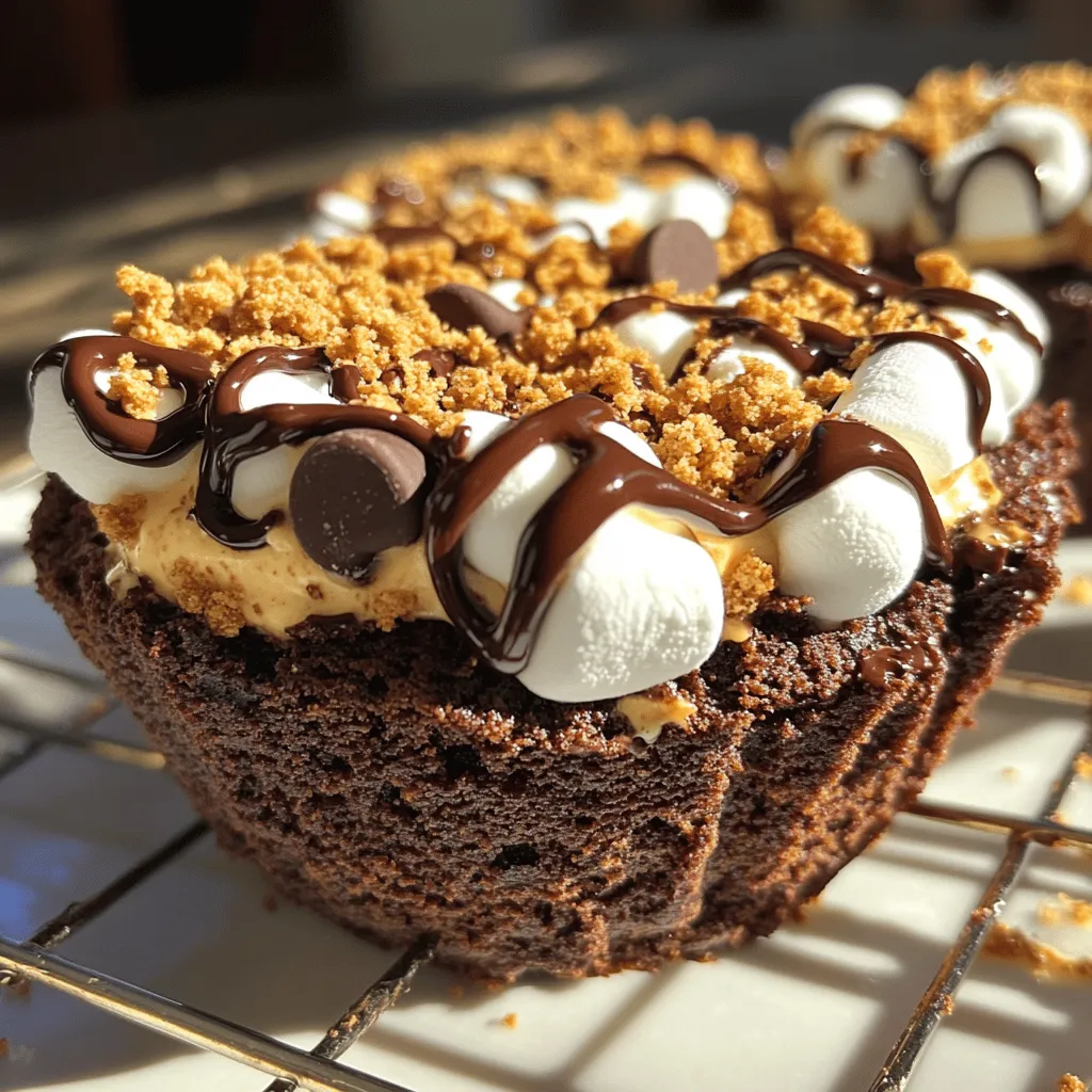 To make the S'mores Stuffed Brownie Cups, gather these tasty ingredients: - 1 box of brownie mix (plus ingredients required for preparation: eggs, oil, water) - 1 cup of graham cracker crumbs - 1 cup of mini marshmallows - 1 cup of chocolate chips (choose semi-sweet or milk chocolate) - 1/4 cup of unsweetened cocoa powder - 2 tablespoons of granulated sugar - 1/4 teaspoon of salt - Cooking spray or softened butter for greasing These ingredients blend to create a rich and gooey dessert. The brownie mix forms a delicious base. The graham crackers give that classic s'mores crunch. Mini marshmallows melt perfectly for a sweet touch. The chocolate chips add a rich flavor. Cocoa powder enhances the brownie taste. Sugar balances sweetness, while salt enhances all the flavors. Greasing the pan helps keep the cups intact. You can find the full recipe above to guide your cooking journey. - Preheat your oven to 350°F (175°C). - Lightly grease your muffin pan with cooking spray or softened butter. - In a bowl, mix the brownie mix with eggs, oil, and water. Stir until smooth. - In another bowl, combine graham cracker crumbs, cocoa powder, sugar, and salt. - Spoon about one tablespoon of brownie batter into each muffin cup. - Add the graham cracker mixture on top, filling each cup halfway. - Sprinkle chocolate chips and mini marshmallows over the graham cracker layers. - Pour more brownie batter into each cup until they are three-quarters full. - Place the muffin pan in the oven and bake for 18-20 minutes. - Check for doneness with a toothpick; it should come out mostly clean. - Let the cups cool in the pan for 10 minutes before removing them. - Use a butter knife to loosen the edges if needed. These steps will guide you to create perfect S'mores Stuffed Brownie Cups. You can find the Full Recipe for complete details and measurements. To get the best brownie cups, focus on texture. You want them soft and chewy. Mix the brownie batter well, so it’s smooth. Lumps can lead to uneven baking. Don't overmix, though, or they may get tough. When greasing the muffin pan, use a light hand. I prefer cooking spray for easy coverage. If you use butter, make sure to coat every nook. This helps the brownie cups pop out with ease. If your brownie cups overflow, don’t panic. This can happen if you overfill them. Aim for three-quarters full to let them rise without spilling. If they underbake, check your oven temperature. Ovens can vary. If they seem too gooey, add a couple of extra minutes. Always test with a toothpick. It should come out with a few moist crumbs, not wet batter. {{image_4}} You can change the flavor of your brownie cups easily. Try using flavored brownie mixes like peanut butter or caramel. These options add a fun twist to the classic taste. You can also use different types of chocolate chips. Milk chocolate gives a sweet touch, while dark chocolate adds a rich flavor. Switching up the toppings can make your dessert special. Instead of mini marshmallows, use larger marshmallows or flavored ones like strawberry or caramel. You can also add nuts like walnuts or pecans for a crunchy bite. Fresh fruit, like sliced strawberries or bananas, can bring a fresh taste to your s'mores cups. Explore these options to create your perfect treat! After enjoying your s'mores stuffed brownie cups, store leftovers to keep them fresh. Let them cool completely at room temperature. Then, place them in an airtight container. This method helps prevent them from drying out. You can also wrap each cup in plastic wrap for added protection. For longer storage, consider placing them in the fridge. To enjoy your brownie cups again, reheating is key. Preheat your oven to 350°F (175°C). Place the brownie cups on a baking sheet. Heat for about 5 to 7 minutes. This method keeps the brownie soft and the marshmallows gooey. You can also use the microwave. Heat each cup for about 15-20 seconds. However, this might make them a bit less crisp. Always check to avoid overheating. Can I make these brownie cups ahead of time? Yes, you can make these brownie cups ahead of time. Prepare them and store them in an airtight container. They will stay fresh for up to three days. You can also freeze them for longer storage. Just thaw before serving. How do I prevent the brownie cups from sticking? To prevent sticking, use cooking spray or softened butter to grease the muffin pan. Make sure to coat each cup evenly. This step is key to easy removal. What can I use instead of graham crackers? If you don’t have graham crackers, try using crushed vanilla wafers or digestive biscuits. Both options will add a nice flavor and texture to your brownie cups. Can I adjust the sweetness level? Absolutely! You can reduce the sugar in the brownie mix or use dark chocolate chips. This will lower the sweetness and add depth to the flavor. How to serve the S'mores Stuffed Brownie Cups? Serve these brownie cups warm for the best taste. Drizzle with melted chocolate and sprinkle extra graham cracker crumbs on top. You can also add a scoop of vanilla ice cream on the side. It makes for a wonderful treat! For the full recipe, check out the recipe section above. You learned how to make S'mores Stuffed Brownie Cups. We covered ingredients, simple steps, and storage tips. These brownie cups mix rich flavors with fun textures. If you follow my tips, you'll create a tasty treat every time. Don’t forget to try new toppings or flavors for variety. Enjoy sharing these delicious cups with friends and family! Happy baking!