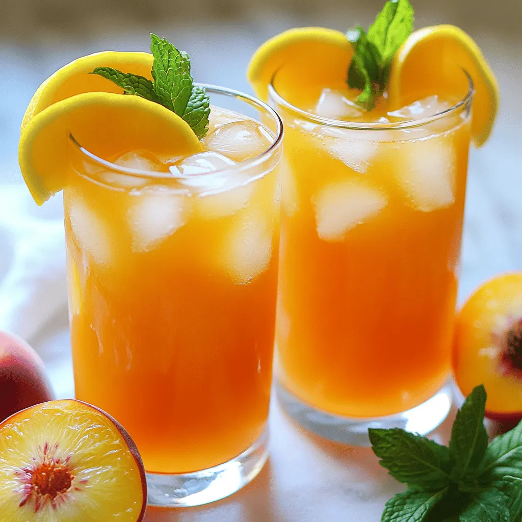 To make a delicious Peach Iced Tea Lemonade, you need four main ingredients: - 4 ripe peaches, peeled and sliced - 4 cups water - 4 black tea bags - 1 cup fresh lemon juice (about 4-6 lemons) - 1/2 cup honey (you can adjust to your taste) These ingredients create a sweet and refreshing drink perfect for summer. The peaches give a lovely fruity flavor, while the tea adds depth. The lemon juice brightens everything up, and honey ties it all together. You can enhance your drink with some optional garnishes: - Fresh mint leaves - Lemon slices - Additional sweeteners Adding mint leaves or lemon slices not only makes your drink look pretty, but they also add more flavor. If you like it sweeter, feel free to add more honey or any sweetener you prefer. To create this refreshing drink, you will need a few simple tools: - Blender - Medium saucepan - Large pitcher - Measuring cups Using these tools will help you blend the peaches and mix the drink easily. A blender gives you a smooth texture, while a pitcher is perfect for chilling and serving. For the complete recipe, check out the [Full Recipe]. To start, grab a medium saucepan. Pour in 4 cups of water. Place it on medium-high heat. As the water heats, keep an eye on it. You want it to reach a rolling boil. Once it starts boiling, remove the saucepan from the heat. Add 4 black tea bags into the hot water. Let the tea steep for about 5 minutes. This will give it great flavor. After steeping, take out the tea bags and set the tea aside to cool. While the tea cools, it’s time to prepare the peaches. Take 4 ripe peaches and peel them. Slice them into smaller pieces. Next, grab your blender. Add the sliced peaches to the blender. Blend them until smooth. If you like a bit of texture, just pulse the peaches a few times. This will create a nice peach puree for your drink. Now, we’re ready to mix everything together. Take a large pitcher and pour in the cooled tea. Add the peach puree you just made, then squeeze in 1 cup of fresh lemon juice. Don’t forget the honey. Start with 1/2 cup and mix well. Make sure the honey dissolves fully. This will sweeten your drink. Taste your mixture. If it needs more sweetness, add more honey. Stir again to blend. Let the mixture chill in the fridge for at least 1 hour. This allows the flavors to meld beautifully. When you serve, fill glasses with ice cubes and pour the chilled Peachy Paradise Iced Tea Lemonade over the ice. Enjoy! To balance sweetness and acidity, use ripe peaches. They bring natural sweetness. Add lemon juice for tartness. Start with half the honey. Taste your mix, then add more honey if needed. This gives you control over the final flavor. Remember, balance keeps your drink refreshing and bright. Chill your Peachy Paradise Iced Tea Lemonade for at least one hour. This allows the flavors to blend well. If you’re short on time, chill it in the freezer for about 20 minutes. Just don’t forget it! You want it cold, but not frozen solid. Garnish your drink for a lovely look. Add a slice of lemon to each glass. Fresh mint leaves also enhance the aroma and taste. Serve over ice for a cool refreshment. You can even add a fun straw for a festive touch. Enjoy it outdoors on a sunny day! {{image_4}} You can change up the flavor of your Peach Iced Tea Lemonade by using other fruits. Strawberries and raspberries work great! They add a bright color and sweet taste. Simply replace the peaches with your chosen fruit. Blend them just like you did with the peaches. This gives you a fun twist on the drink. You can customize the sweetness of your drink to fit your taste. While honey is my favorite, you can use sugar, agave syrup, or stevia. Each sweetener has a different flavor. For example, agave syrup adds a mild sweetness, while stevia is calorie-free. Start with a small amount and taste until you find your perfect balance. Want to make a fun cocktail? You can easily add spirits to your iced tea lemonade. Vodka works well for a light drink, while bourbon adds a rich flavor. Mix in about 1 to 2 ounces of your chosen spirit for each serving. This makes a refreshing adult beverage for summer parties or picnics! Try these variations to make your Peach Iced Tea Lemonade even more exciting. The full recipe gives you a great base to start with, and you can get creative from there. To store leftovers properly, pour the drink into a clean pitcher. Cover it tightly with a lid or plastic wrap. This keeps the Peach Iced Tea Lemonade fresh for up to three days. Always stir before serving, as the flavors might separate a bit. You can freeze Peach Iced Tea Lemonade for later use. Pour the drink into ice cube trays or freezer-safe containers. This method allows you to enjoy a chilled version later. To serve, simply thaw the cubes in the fridge or blend them into a slushy treat. After preparation, the drink lasts about three days in the fridge. For the best taste, consume it within this time. The flavor will be at its peak when freshly made, but storing it correctly helps maintain its deliciousness. Yes, you can make this drink ahead of time. It actually tastes better when the flavors blend. To prep in advance, prepare the tea and peach puree. Mix them with lemon juice and honey. Then, store the mixture in the fridge. Just remember to chill it for at least an hour. When ready to serve, add ice and garnish. Black tea is a classic choice for this drink. However, you can explore other options too. Green tea gives a lighter taste. Herbal teas like peach or chamomile can add unique flavors. I suggest trying different types to find your favorite. You can easily tweak the sweetness. Start with half a cup of honey. After mixing, taste the drink. If you want it sweeter, add more honey. You can also use sugar or agave syrup if you prefer. Adjusting to your taste makes this drink perfect for you. You have all the tools to make a refreshing peach iced tea lemonade. We covered key ingredients like peaches and black tea. I shared step-by-step instructions for blending and mixing. You also learned tips for perfecting flavor and serving. Remember, feel free to experiment with other fruits or sweeteners. Store leftovers properly for future enjoyment. Making this drink ahead saves time and boosts fun. With these tips, you can create a delightful drink every time. Enjoy your peach iced tea lemonade!