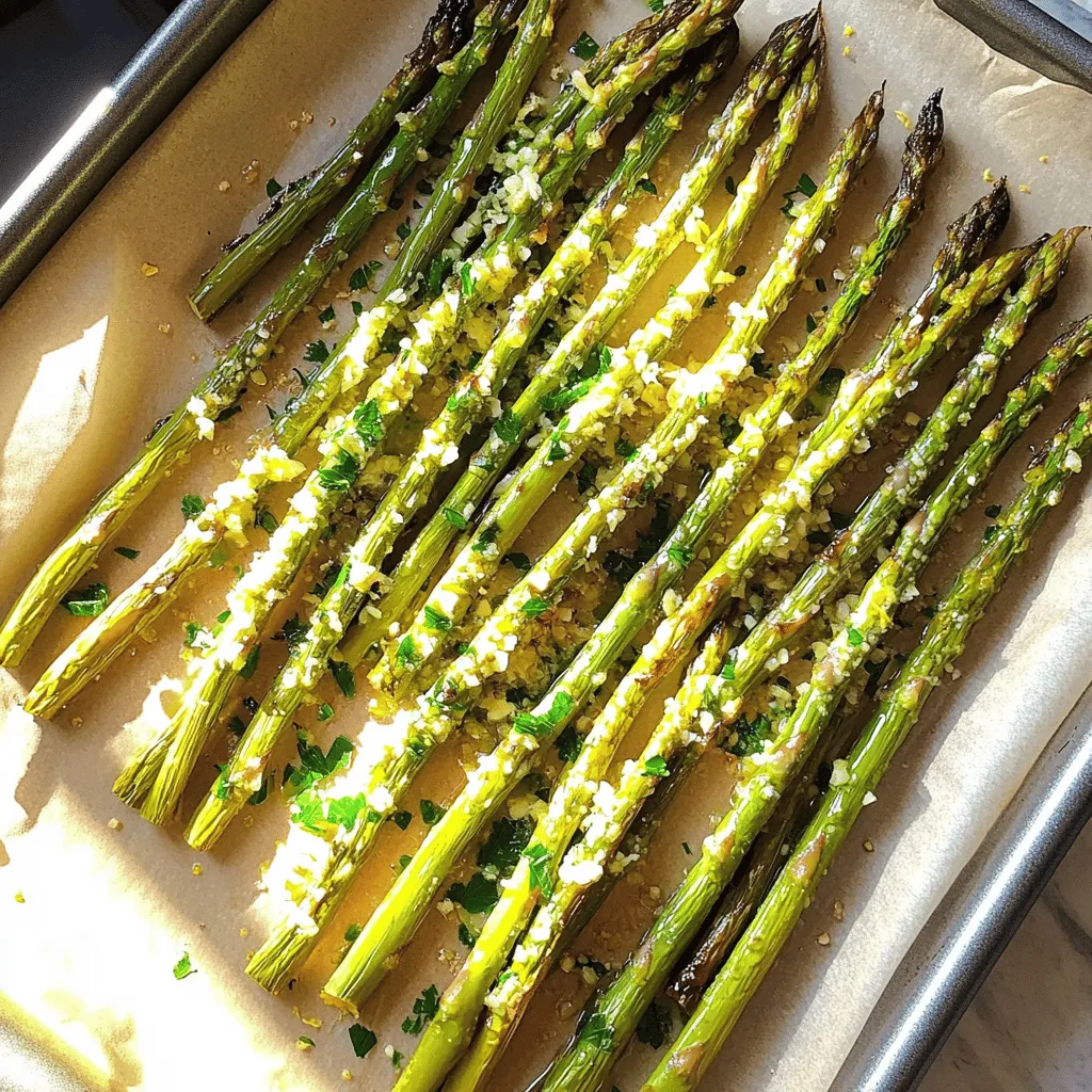 - 1 pound fresh asparagus, trimmed and washed - 3 tablespoons extra-virgin olive oil - 4 cloves garlic, finely minced - Zest of 1 large lemon - 2 tablespoons fresh lemon juice - Kosher salt and freshly cracked black pepper to taste - 1 tablespoon grated Parmesan cheese - Fresh parsley, finely chopped for garnish Gathering the right ingredients is key to a great dish. Fresh asparagus is the star here. I always choose vibrant green spears. The olive oil adds a rich base, while garlic gives a nice kick. Lemon zest and juice bring brightness and acidity, making the flavors pop. Don’t forget the salt and pepper. They bring balance to the dish. If you want a savory twist, try adding Parmesan cheese. It melts beautifully and enhances the taste. Fresh parsley adds a burst of color and freshness at the end. For the full recipe, check out the details above. When you have these ingredients ready, you are set to create a delicious side dish that everyone will love. 1. Preheat your oven to 425°F (220°C). This step ensures your asparagus cooks evenly. 2. In a large mixing bowl, combine the fresh asparagus with olive oil, minced garlic, lemon zest, and lemon juice. This mix adds great flavor. 1. Spread the asparagus on a baking sheet lined with parchment paper. Make sure they are in a single layer so they roast well. 2. Season the asparagus with kosher salt and freshly cracked black pepper. This adds the perfect touch. 3. Place the baking sheet in the oven and roast for 15-20 minutes. Check the asparagus halfway through. They should be tender yet slightly crispy. 1. If you want to add Parmesan cheese, sprinkle it over the asparagus during the last 3 minutes of roasting. This makes a tasty topping. 2. Once done, take the asparagus out of the oven. Let them cool slightly, then garnish with fresh parsley before serving. This adds a nice color and flavor. For the full recipe, check out the complete details to make this dish shine! To get the best roast on your asparagus, set your oven to 425°F (220°C). This hot temperature helps the asparagus cook quickly while getting that nice, crisp edge. Roast the asparagus for 15 to 20 minutes. Halfway through, give the pan a gentle shake. This helps all the spears cook evenly. To check if your asparagus is done, look for a bright green color and a slight bend. The spears should be tender but not mushy. If they bend easily without breaking, they are just right! When seasoning, start with your salt and pepper. You can adjust these to your taste. If you like it salty, add more salt. If you enjoy a peppery kick, feel free to sprinkle on extra pepper. You can also mix in other herbs or spices! Try adding a pinch of garlic powder for more flavor. Fresh herbs like thyme or rosemary can add a nice twist too. Experiment to find what you love best. Roasted asparagus pairs well with many side dishes. Serve it alongside grilled chicken or fish for a complete meal. It also goes great with quinoa or rice. For a fun presentation, arrange the asparagus on a colorful plate. You can drizzle a little extra lemon juice on top or sprinkle more Parmesan cheese for a tasty finish. Garnishing with fresh parsley adds a nice pop of color and flavor. Enjoy this delightful dish! For the full recipe, check out the details above. {{image_4}} You can easily change this dish to fit your needs. If you want a vegan option, simply skip the Parmesan cheese. The asparagus still tastes great without it. You can also add nuts for a nice crunch. Think about using almonds or pine nuts. They add texture and flavor. Looking to spice things up? Add some red pepper flakes for heat. This gives a warm kick to the dish. You can also try different citrus flavors. Lime or orange zest can bring a fun twist. Each adds its own unique taste to the asparagus. Seasonal vegetables can join the asparagus on your plate. Think about adding carrots or bell peppers. This not only adds color but also flavor. You can also adapt your cooking method. Try grilling the asparagus for a smoky taste. It gives a different texture and flavor that many enjoy. For the full recipe, check out the detailed instructions on making Lemon Garlic Roasted Asparagus. To store leftover roasted asparagus, let it cool completely. Place the asparagus in an airtight container. This keeps it fresh and tasty. Use a container that seals well. Glass or plastic containers work great. Store it in the fridge for up to three days. When reheating, keep the texture in mind. The oven is best for even heating. Preheat your oven to 350°F (175°C). Spread the asparagus on a baking sheet and heat for about 10 minutes. The microwave is quicker but may make it soft. If you use the microwave, heat in short bursts. This helps to keep some crunch. Yes, you can freeze roasted asparagus! First, let it cool. Then, place it in a freezer-safe bag. Make sure to remove as much air as possible. This helps prevent freezer burn. To thaw, move it to the fridge overnight. You can also heat it from frozen in the oven. Just add a few extra minutes to the cooking time. Enjoy your Lemon Garlic Roasted Asparagus anytime! For the full recipe, check the recipe section above. What is the ideal cook time for asparagus? The best cook time for asparagus is about 15-20 minutes. At 425°F (220°C), the heat roasts the asparagus well. It should be tender but still crisp when done. Check it at 15 minutes. If it needs more time, give it a few more minutes. Can I use frozen asparagus for this recipe? Yes, you can use frozen asparagus. However, fresh is better. Frozen asparagus may have more water, which can make it mushy. If using frozen, you should thaw it first. Pat it dry before cooking. This helps keep the flavor and texture right. How many calories are in Lemon Garlic Roasted Asparagus? One serving of Lemon Garlic Roasted Asparagus has about 80 calories. This is a healthy side dish that fits into many diets. It is low in calories but high in flavor. Nutritional benefits of asparagus Asparagus is very healthy. It is low in calories and high in nutrients. Asparagus is rich in vitamins A, C, E, and K. It also has fiber, which helps digestion. Plus, it contains antioxidants that protect your body. Can I grill asparagus instead of roasting? Yes, grilling asparagus is a great option! It adds a nice charred flavor. To grill, preheat the grill to medium-high heat. Toss the asparagus with olive oil, garlic, and lemon, like the recipe. Grill for about 5-7 minutes, turning occasionally, until tender. How to prepare Lemon Garlic Asparagus in an air fryer To make Lemon Garlic Asparagus in an air fryer, preheat your air fryer to 400°F (200°C). Toss the asparagus with olive oil, garlic, and lemon zest. Place it in a single layer in the air fryer basket. Cook for 8-10 minutes, shaking halfway through. Enjoy a quick and tasty dish! For the full recipe, check out the details above. This blog post gives you all you need to make Lemon Garlic Roasted Asparagus. We covered the main ingredients, tasty flavor boosters, and optional add-ins. You learned step-by-step how to prepare, cook, and finish your dish. Plus, we shared tips on achieving the perfect roast and fun serving ideas. Now, you have everything to enjoy this healthy, simple side. Experiment with variations and make this recipe your own. Roasted asparagus can be a star on your table, and it’s easy to store and reheat too! Enjoy your cooking journey!