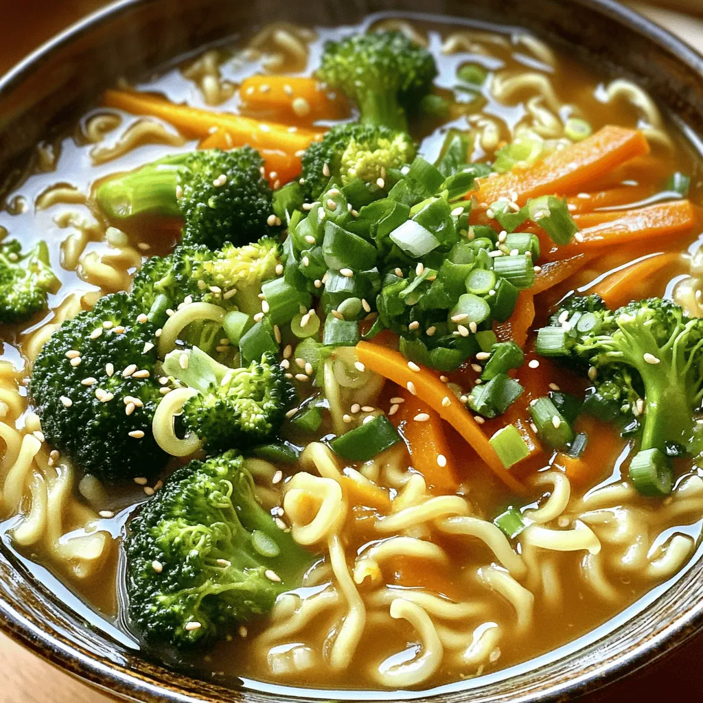- 200g ramen noodles - 4 cloves garlic, minced - 1-inch piece of fresh ginger, grated - 2 tablespoons sesame oil - 4 cups vegetable broth - 2 tablespoons soy sauce - 1 tablespoon miso paste - 1 cup broccoli florets - 1 medium carrot, julienned - 1 bell pepper, thinly sliced - 2 green onions, chopped - Sesame seeds Garlic ginger ramen noodles are a great choice for a quick meal. The ramen noodles give a nice chewy texture. The garlic and ginger add a punch of flavor. The broth is key to this dish. You need a good vegetable broth. This broth keeps the dish light and tasty. Soy sauce adds saltiness while miso gives it depth. For vegetables, I love using broccoli, carrots, and bell peppers. They add color and crunch. You can mix in any veggies you like. Don't forget the green onions and sesame seeds for garnish. They add a fresh touch. This recipe is simple and fun to make. You can follow the Full Recipe for step-by-step guidance. Enjoy your cooking adventure! To start, bring a large pot of water to a rolling boil. Carefully add the ramen noodles. Cook them according to the package instructions, which is usually about 3-4 minutes. Once cooked, drain the noodles thoroughly and set them aside. Next, heat 2 tablespoons of sesame oil in a large skillet or wok over medium heat. Add 4 cloves of minced garlic and a 1-inch piece of grated ginger to the skillet. Sauté them for about 1-2 minutes. Stir often until they become fragrant but do not let them brown. Now, pour in 4 cups of vegetable broth. Stir in 2 tablespoons of soy sauce and 1 tablespoon of miso paste. Mix it well until the miso dissolves completely. Add 1 cup of broccoli florets, 1 medium carrot julienned, and 1 thinly sliced bell pepper to the broth mixture. Let everything simmer gently for about 5-7 minutes. The vegetables should be tender but still crisp. Carefully add the cooked ramen noodles into the skillet with the broth and vegetables. Gently toss the noodles to coat them well with the broth. Make sure to distribute the vegetables evenly. Heat the mixture for an additional 2 minutes. Using ladles, portion the garlic ginger ramen noodles into individual bowls. Ensure each bowl has an equal amount of broth and vegetables. Finish your dish with a sprinkle of chopped green onions and sesame seeds on top for added flavor and crunch. For extra zing, serve the ramen hot with a lime wedge and a side of chili oil if you like a bit of spice. For the complete recipe, refer to the Full Recipe section. To get the best noodle texture, adjust the cooking time. Ramen noodles usually cook in 3-4 minutes. Start checking at 3 minutes. You want them firm but not hard. Overcooked noodles become mushy and lose their charm. Prevent stickiness by rinsing the cooked noodles with cold water. This stops the cooking process and washes away excess starch. Toss them in a bit of sesame oil after rinsing. This keeps them separate and adds flavor. For extra flavor, try adding fresh herbs like cilantro or basil. These herbs brighten the dish. You can also use spices like black pepper or red pepper flakes for a kick. Fresh ingredients are best for taste. However, dried herbs can work in a pinch. If you use dried herbs, remember they have a stronger flavor. Use less than fresh herbs to avoid overpowering the dish. To make your ramen even better, consider optional toppings. A lime wedge adds a nice zing. Just squeeze it over your noodles before eating. It complements the garlic and ginger flavors well. Chili oil is another great option for spice lovers. Drizzle it on top for a rich, spicy kick. You can also add sliced jalapeños or chili flakes if you want more heat. These small tweaks can elevate your garlic ginger ramen noodles into a comforting and delicious meal. For the full recipe, check out the earlier section. {{image_4}} You can easily make this dish vegan or vegetarian. One great way is to add tofu or edamame. Tofu absorbs flavors well and adds a nice texture. Simply cube firm tofu and sauté it with the garlic and ginger. For edamame, add them during the last few minutes of cooking. Both options boost protein and make the meal heartier. If you like heat, try a spicy version! You can add chili paste or chili flakes. Just mix a tablespoon of chili paste into the broth while it simmers. For flakes, sprinkle in a teaspoon or more to taste. This adds a nice kick to the garlic and ginger flavors. Think about adding leafy greens for more nutrition. Spinach or bok choy work great. Just toss them into the broth a few minutes before serving. You can also add protein sources like sliced chicken, shrimp, or even chickpeas. These add-ins not only enhance flavor but also make the dish more filling and healthy. For the complete recipe, check out the Full Recipe. To keep your garlic ginger ramen fresh, store it in an airtight container. Place the noodles and broth together. If you have extra veggies, add them too. Refrigerate this for up to three days. This helps maintain flavor and texture. When you reheat, use a pot on low heat. Add a splash of water or broth to keep the noodles moist. Stir gently to avoid breaking them. Heat until warm but not boiling. This keeps the noodles from getting mushy. You can freeze garlic ginger ramen for future meals. Use a freezer-safe container. Pack the noodles and broth separately. This prevents the noodles from becoming soggy. To thaw, place in the fridge overnight. Reheat on the stove as usual. Enjoy your meal later without losing flavor! For the full recipe, check the section above. Yes, you can use packaged ramen noodles. They are quick and easy. Fresh ramen noodles have a better texture and taste. Packaged noodles are often softer. If you want a chewy bite, go for fresh. Fresh noodles cook in about 3-4 minutes. Packaged noodles may take less time. Always check the cooking time on the package. You can make this dish gluten-free with rice noodles or zucchini noodles. Rice noodles are a great choice. They cook fast and soak up the broth well. Zucchini noodles add freshness and crunch. Look for gluten-free soy sauce to keep the flavors. Always read labels to ensure they are gluten-free. Garlic and ginger offer many health benefits. Garlic helps boost your immune system. It can lower blood pressure and cholesterol. Ginger aids digestion and can reduce nausea. Both add flavor and nutrition to your meals. They are low in calories and high in antioxidants. To increase protein, add tofu, chicken, or shrimp. Tofu is a great plant-based option. It absorbs flavors well and adds creaminess. Chicken can be shredded or diced and added for extra meatiness. Shrimp cooks quickly and pairs nicely with the broth. A side salad or steamed edamame works well. A simple cucumber salad adds freshness. You can also serve pickled vegetables for tang. These sides balance the meal and add different textures. Try serving with a light dipping sauce for added flavor. For the full recipe, check the earlier section. Enjoy making your garlic ginger ramen noodles! In summary, you learned how to make Garlic Ginger Ramen Noodles from scratch. We discussed the basic ingredients like ramen noodles, garlic, ginger, and vegetables for the broth. Step-by-step, I showed you how to prepare, sauté, combine, and serve the dish. You now know helpful tips for perfecting texture and adding flavors. Don’t forget the variations for more fun! This dish is simple, tasty, and healthy, making it a great meal option. Enjoy your cooking journey!