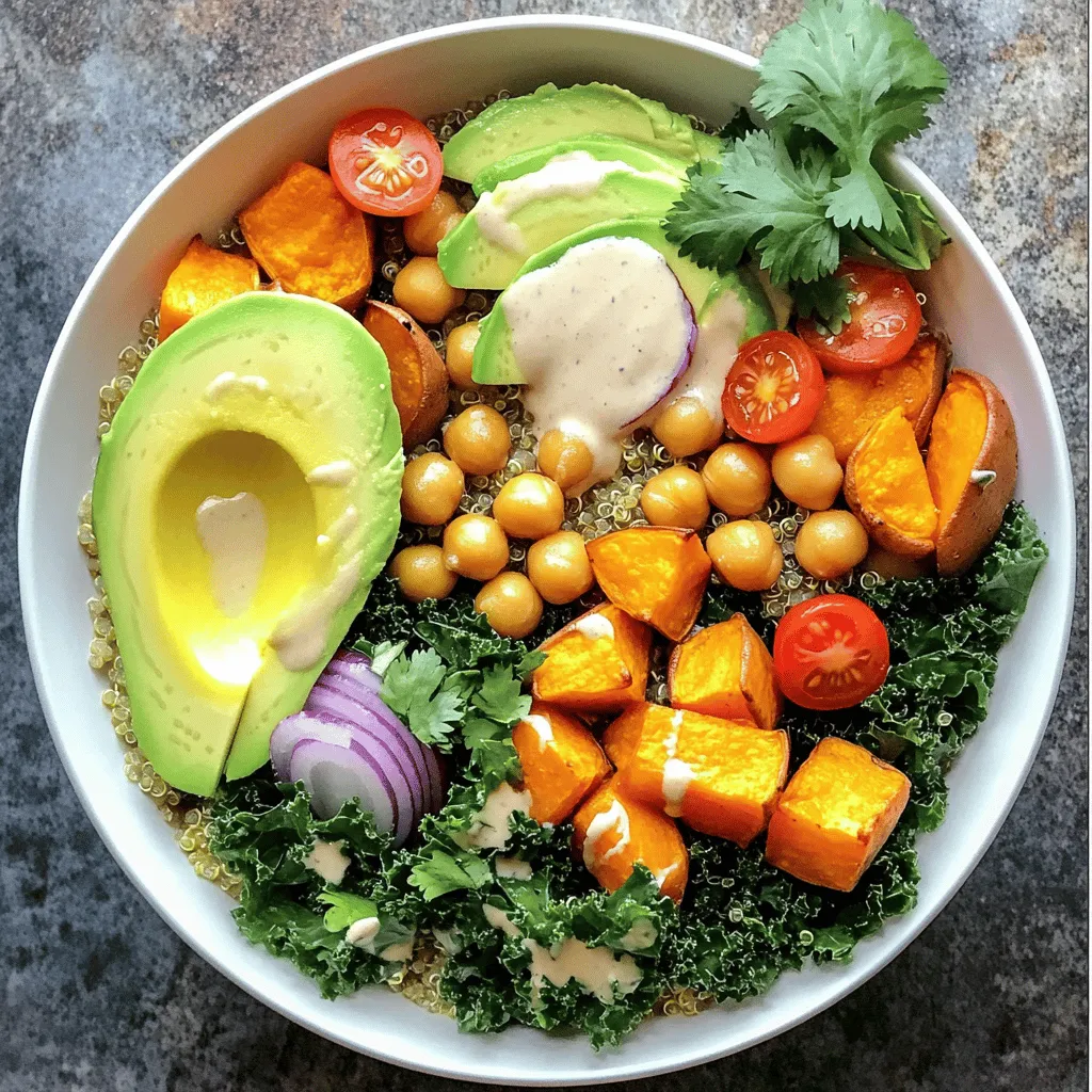 - 1 cup quinoa, thoroughly rinsed - 2 cups vegetable broth - 1 cup cooked chickpeas (canned is fine) - 1 cup sweet potato, diced into 1-inch cubes - 1 cup kale, tightly packed and roughly chopped - 1 ripe avocado, sliced - 1/2 cup cherry tomatoes, halved - 1/4 cup red onion, thinly sliced The main ingredients in the Vegan Power Bowl create a blend of flavors and textures. Quinoa serves as the base, packing a protein punch. Adding chickpeas boosts protein and fiber. Sweet potatoes bring a touch of sweetness and a vibrant color. Kale adds a nutrient-rich green element. Avocado gives a creamy texture, while cherry tomatoes add freshness and a burst of flavor. Red onion offers a sharp contrast that rounds out the dish. - 2 tablespoons tahini - 1 tablespoon freshly squeezed lemon juice - 1 tablespoon olive oil, plus more for sautéing - 1 teaspoon garlic powder - Salt and freshly ground black pepper to taste The dressing unites all the ingredients. Tahini provides creaminess, while lemon juice adds brightness. Olive oil enriches the mix, and garlic powder brings depth. Seasoning with salt and pepper enhances the flavors, making each bite delicious. - Fresh cilantro - Fresh parsley - Additional veggies Garnishes add a final touch. Fresh cilantro or parsley introduces herbal notes. You can also add more veggies for crunch and color. These small additions make your Vegan Power Bowl even more delightful. For the full recipe, check out the detailed guide. To cook the quinoa, start by combining 1 cup of rinsed quinoa with 2 cups of vegetable broth in a medium saucepan. This broth adds flavor. Bring the mixture to a boil over medium heat. Once boiling, reduce the heat to low and cover the pot. Let it simmer for about 15 minutes. The quinoa is done when all the liquid is absorbed. Remove it from heat and fluff it gently with a fork. Next, preheat your oven to 400°F (200°C). In a mixing bowl, toss 1 cup of diced sweet potatoes with olive oil, garlic powder, salt, and pepper. Make sure they are well coated. Spread the sweet potatoes in a single layer on a lined baking sheet. Roast them for 25 to 30 minutes. Flip them halfway through to ensure even cooking. They should turn golden brown and be tender when done. While the sweet potatoes roast, heat a small drizzle of olive oil in a skillet over medium heat. Add 1 cup of chopped kale to the skillet. Sauté it for about 5 minutes, stirring often. The kale should look vibrant and wilted. Season it with salt and pepper for some added flavor. For the dressing, whisk together 2 tablespoons of tahini, 1 tablespoon of lemon juice, a pinch of salt, and pepper in a small bowl. Gradually add water until the dressing is smooth and creamy. Now it’s time to assemble your Vegan Power Bowl. In a large serving bowl, start with a base of fluffy quinoa. Layer on the roasted sweet potatoes, sautéed kale, and 1 cup of cooked chickpeas. Add slices of 1 ripe avocado, halved cherry tomatoes, and thinly sliced red onion for color and taste. Drizzle the creamy tahini dressing over the top, letting it cascade down the bowl. Finish with a sprinkle of freshly chopped cilantro or parsley for a burst of freshness. For the full recipe, check out the complete instructions above. Enjoy your colorful, nutrient-packed Vegan Power Bowl! You can swap out quinoa if needed. Here are some great options: - Brown rice: This is a hearty and filling choice. - Couscous: It cooks quickly and adds a nice texture. - Cauliflower rice: This is a low-carb option for a lighter bowl. For chickpeas, you have tasty alternatives: - Black beans: They add a rich flavor and protein. - Lentils: These cook fast and are full of nutrients. - Edamame: They bring a nice crunch and protein boost. Roasting sweet potatoes is key for great flavor. Here’s how to do it perfectly: - Preheat your oven to 400°F (200°C). - Toss the sweet potatoes with olive oil and spices. - Spread them on a baking sheet for even cooking. To sauté without oil, try these methods: - Use a splash of vegetable broth to coat the pan. - Add water or lemon juice for moisture. - Stir frequently to prevent sticking and burning. An appealing bowl makes the meal more fun to eat. Here are some arrangement tips: - Start with a layer of quinoa as your base. - Arrange roasted sweet potatoes, kale, and chickpeas in sections. - Top with avocado slices and cherry tomatoes for color. For bowls and serving suggestions: - Use deep bowls to hold all the ingredients well. - Consider colorful bowls to make the meal pop. - Garnish with fresh herbs for an extra touch of green. For the full recipe, check out the Vegan Power Bowl recipe section. {{image_4}} For extra protein in your Vegan Power Bowl, consider adding tofu or tempeh. Both options are rich in nutrients. - Tofu: You can cube and sauté it until golden. This adds a nice texture. - Tempeh: Slice it thin and marinate it. Then, grill or pan-fry for added flavor. You can also include beans like black beans or kidney beans. Just rinse them and mix them in with the other ingredients. They boost protein and fiber. If you want to try different grains, brown rice and farro work great too. Both add unique textures and flavors. - Brown Rice: It offers a chewy bite and is easy to cook. - Farro: This ancient grain is nutty and hearty, giving your bowl a wholesome feel. For gluten-free options, quinoa is excellent. You can also use cauliflower rice for a lighter choice. The dressing can change the flavor of your Vegan Power Bowl. Here are some ideas: - Vinaigrette: A simple mix of vinegar and oil adds a tangy kick. - Peanut Sauce: This creamy sauce pairs well with the veggies and grains. Don't forget to experiment with flavor boosters. Try adding fresh herbs, chili flakes, or a squeeze of lime for a zesty twist. You can find the full recipe here for more details. To keep your Vegan Power Bowl fresh, store leftovers in airtight containers. Place the assembled bowl in the fridge. It can last up to three days. If you want to freeze components, it’s best to freeze the quinoa and roasted sweet potatoes. They freeze well and can be reheated later. Avoid freezing the avocado, kale, or dressing, as they may not hold up well. When reheating your Vegan Power Bowl, do it slowly. Use the microwave or stovetop for even heating. If using the microwave, heat in 30-second bursts. Stir in between to ensure even warmth. To avoid sogginess, reheat the quinoa and sweet potatoes separately. Add the fresh ingredients like avocado and kale after reheating. This keeps them crisp and tasty. For easy meal prep, cook your ingredients in advance. Prepare the quinoa, sweet potatoes, and chickpeas. Store them in separate containers. This way, you can easily assemble your bowls each day. Assembled bowls can be stored, but they may lose texture. It’s better to keep components separate until you’re ready to eat. This helps maintain freshness and flavor. For the full recipe of the Vegan Power Bowl, check out the earlier sections! You can use brown rice, couscous, or cauliflower rice. Each option adds a unique taste and texture. Brown rice is hearty and nutty. Couscous cooks quickly and has a light feel. Cauliflower rice is low in carbs and blends well. These choices keep the bowl tasty and filling. Yes, this Vegan Power Bowl can be gluten-free. Quinoa, chickpeas, sweet potatoes, and most veggies are naturally gluten-free. Just check any packaged ingredients like broth for hidden gluten. With these choices, you can enjoy a safe and delicious meal. To add spice, you can use chili powder, cayenne pepper, or hot sauce. Mixing in these spices during cooking gives great flavor. You can also top the bowl with sliced jalapeños or a spicy dressing. Adjust the heat to your taste for a kick! Absolutely! The Vegan Power Bowl tastes great cold. You can make it ahead for meal prep. Store it in the fridge and enjoy it as a refreshing lunch. The flavors blend well, making it a perfect option for a quick meal on the go. A Vegan Power Bowl packs healthy ingredients like quinoa, chickpeas, and sweet potatoes. You can customize it with tasty dressings and garnishes. Follow the steps to cook each part perfectly. Remember, presentation makes it even more fun! Explore variations to keep the meal exciting. Store leftovers well to enjoy later. Eating this bowl offers balanced nutrition and endless creativity. Enjoy your cooking adventure while fueling your body.
