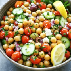 - 1 can (15 oz) chickpeas, drained and thoroughly rinsed - 1 cup cherry tomatoes, halved - 1 medium cucumber, diced into bite-sized pieces - 1 red bell pepper, diced - 1/2 medium red onion, finely chopped - 1/2 cup kalamata olives, pitted and sliced - 1/4 cup fresh parsley, chopped - 1/4 cup feta cheese, crumbled (optional) - 3 tablespoons extra virgin olive oil - 2 tablespoons freshly squeezed lemon juice - 1 teaspoon dried oregano - Sea salt and freshly cracked black pepper to taste - Additional vegetables (e.g., avocado, carrots) - Alternative dressings (e.g., balsamic vinaigrette) - Different cheese options (e.g., goat cheese) I love how simple yet vibrant this salad is. The chickpeas serve as a protein base. They add a nice, creamy texture. The cherry tomatoes bring sweetness and color. Each bite of cucumber gives a fresh crunch. The red bell pepper adds a sweet note. Red onion packs a zesty punch, while kalamata olives bring that briny flavor. Fresh parsley adds a herbal aroma. If you want creaminess, feta cheese is a great touch. Drizzling olive oil and lemon juice makes everything shine. Dried oregano gives a warm, earthy taste. Feel free to mix in extra veggies. Avocado and carrots can add new flavors. You can also swap the dressing for a balsamic vinaigrette. If you like different cheeses, try goat cheese. You can find the full recipe [here](Full Recipe). - Combine chickpeas, tomatoes, cucumber, bell pepper, red onion, olives, and parsley in a mixing bowl. - Whisk together olive oil, lemon juice, oregano, salt, and pepper for the dressing. - Drizzle dressing over the salad mixture, gently toss to combine. Let’s break it down. First, you want a large mixing bowl. Add the drained chickpeas. They are the star of this dish. Toss in the halved cherry tomatoes next. Their sweetness adds a lovely touch. Next, chop your cucumber and bell pepper into small pieces. The crunch is delightful. Don’t forget the red onion for a zesty kick. Add the sliced olives and fresh parsley for color and flavor. Once you prepare the salad base, it’s time for the dressing. In a small bowl, whisk together olive oil and fresh lemon juice. This combo brightens your salad. Add dried oregano for a hint of earthiness. Sprinkle in sea salt and freshly cracked black pepper to taste. Now, drizzle your dressing over the salad mix. Gently toss everything together. Be careful not to mash the ingredients. You want them to stay whole for texture. If you like, sprinkle crumbled feta cheese on top for a creamy finish. - Allow salad to rest for 15 minutes or refrigerate for up to 2 hours. - Serve in a large, shallow bowl and garnish with parsley and lemon wedges. Let the salad sit for a bit. This helps the flavors mix well. You can also chill it in the fridge for up to two hours. When ready to serve, use a big, shallow bowl. This way, the colors pop! Garnish it with a few parsley leaves and lemon wedges for that fresh look. For the full recipe, check out Mediterranean Chickpea Delight! To make your Mediterranean chickpea salad shine, let it rest. This allows the flavors to blend beautifully. After mixing, consider waiting for about 15 minutes. For more variety, try adding fresh herbs. Basil and mint add a nice twist. You can mix and match to find your favorite taste. Using fresh, high-quality ingredients is key. Fresh veggies bring out the best flavor. If you want ease, use canned chickpeas. They save time and are ready to eat. For a deeper taste, try dried chickpeas. Just soak them overnight and cook before using. This extra step adds a rich flavor to your salad. {{image_4}} You can easily swap chickpeas for other beans. Black beans or cannellini beans work great. They add a different flavor and texture. Adding roasted vegetables is another fun option. It makes a warm salad that is hearty and comforting. Want to make it vegan? Just leave out the feta cheese. This makes the dish lighter while still keeping it tasty. The salad is also gluten-free and fits well in a Mediterranean diet. You can enjoy it without worrying about dietary restrictions. To keep your Mediterranean Chickpea Salad fresh, place it in an airtight container. Store it in the fridge. It tastes best within 2-3 days. After that, the ingredients may lose their crunch and flavor. Freezing this salad is not a good idea. The texture of fresh ingredients will change when thawed. This change can make the salad watery and less enjoyable. Enjoy it fresh for the best taste! Typically, this salad lasts 2-3 days when refrigerated. Store it in an airtight container. The flavors will blend well over time. However, it tastes best when fresh. Yes, making it a few hours in advance enhances the flavors. Allowing the salad to sit lets the dressing soak in. This makes each bite more flavorful. Just remember to keep it cold before serving. This salad pairs well with grilled meats, pita bread, or as a side dish for larger meals. It adds a fresh touch to any plate. You can also enjoy it with a light soup for a complete meal. Check the [Full Recipe] to see how to prepare the salad perfectly! This blog post shared a delightful Mediterranean Chickpea Salad recipe. We explored essential ingredients, prep steps, and plenty of serving tips. Keeping it fresh and tasty requires quality ingredients, resting time for flavors, and some fun variations. In the end, this salad is versatile and easy to make. You can mix and match to suit your taste. Enjoy making this vibrant dish and savor the healthy flavors!