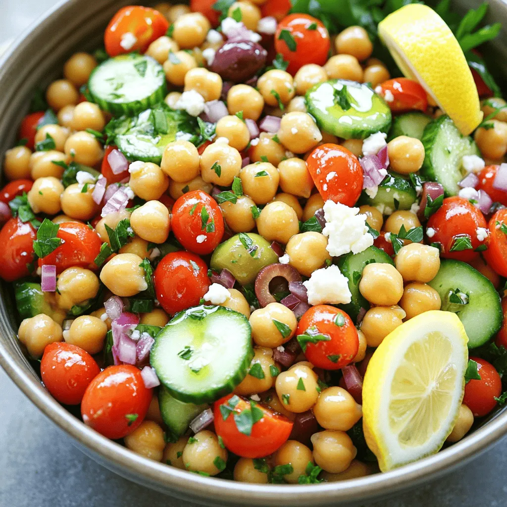 - 1 can (15 oz) chickpeas, drained and thoroughly rinsed - 1 cup cherry tomatoes, halved - 1 medium cucumber, diced into bite-sized pieces - 1 red bell pepper, diced - 1/2 medium red onion, finely chopped - 1/2 cup kalamata olives, pitted and sliced - 1/4 cup fresh parsley, chopped - 1/4 cup feta cheese, crumbled (optional) - 3 tablespoons extra virgin olive oil - 2 tablespoons freshly squeezed lemon juice - 1 teaspoon dried oregano - Sea salt and freshly cracked black pepper to taste - Additional vegetables (e.g., avocado, carrots) - Alternative dressings (e.g., balsamic vinaigrette) - Different cheese options (e.g., goat cheese) I love how simple yet vibrant this salad is. The chickpeas serve as a protein base. They add a nice, creamy texture. The cherry tomatoes bring sweetness and color. Each bite of cucumber gives a fresh crunch. The red bell pepper adds a sweet note. Red onion packs a zesty punch, while kalamata olives bring that briny flavor. Fresh parsley adds a herbal aroma. If you want creaminess, feta cheese is a great touch. Drizzling olive oil and lemon juice makes everything shine. Dried oregano gives a warm, earthy taste. Feel free to mix in extra veggies. Avocado and carrots can add new flavors. You can also swap the dressing for a balsamic vinaigrette. If you like different cheeses, try goat cheese. You can find the full recipe [here](Full Recipe). - Combine chickpeas, tomatoes, cucumber, bell pepper, red onion, olives, and parsley in a mixing bowl. - Whisk together olive oil, lemon juice, oregano, salt, and pepper for the dressing. - Drizzle dressing over the salad mixture, gently toss to combine. Let’s break it down. First, you want a large mixing bowl. Add the drained chickpeas. They are the star of this dish. Toss in the halved cherry tomatoes next. Their sweetness adds a lovely touch. Next, chop your cucumber and bell pepper into small pieces. The crunch is delightful. Don’t forget the red onion for a zesty kick. Add the sliced olives and fresh parsley for color and flavor. Once you prepare the salad base, it’s time for the dressing. In a small bowl, whisk together olive oil and fresh lemon juice. This combo brightens your salad. Add dried oregano for a hint of earthiness. Sprinkle in sea salt and freshly cracked black pepper to taste. Now, drizzle your dressing over the salad mix. Gently toss everything together. Be careful not to mash the ingredients. You want them to stay whole for texture. If you like, sprinkle crumbled feta cheese on top for a creamy finish. - Allow salad to rest for 15 minutes or refrigerate for up to 2 hours. - Serve in a large, shallow bowl and garnish with parsley and lemon wedges. Let the salad sit for a bit. This helps the flavors mix well. You can also chill it in the fridge for up to two hours. When ready to serve, use a big, shallow bowl. This way, the colors pop! Garnish it with a few parsley leaves and lemon wedges for that fresh look. For the full recipe, check out Mediterranean Chickpea Delight! To make your Mediterranean chickpea salad shine, let it rest. This allows the flavors to blend beautifully. After mixing, consider waiting for about 15 minutes. For more variety, try adding fresh herbs. Basil and mint add a nice twist. You can mix and match to find your favorite taste. Using fresh, high-quality ingredients is key. Fresh veggies bring out the best flavor. If you want ease, use canned chickpeas. They save time and are ready to eat. For a deeper taste, try dried chickpeas. Just soak them overnight and cook before using. This extra step adds a rich flavor to your salad. {{image_4}} You can easily swap chickpeas for other beans. Black beans or cannellini beans work great. They add a different flavor and texture. Adding roasted vegetables is another fun option. It makes a warm salad that is hearty and comforting. Want to make it vegan? Just leave out the feta cheese. This makes the dish lighter while still keeping it tasty. The salad is also gluten-free and fits well in a Mediterranean diet. You can enjoy it without worrying about dietary restrictions. To keep your Mediterranean Chickpea Salad fresh, place it in an airtight container. Store it in the fridge. It tastes best within 2-3 days. After that, the ingredients may lose their crunch and flavor. Freezing this salad is not a good idea. The texture of fresh ingredients will change when thawed. This change can make the salad watery and less enjoyable. Enjoy it fresh for the best taste! Typically, this salad lasts 2-3 days when refrigerated. Store it in an airtight container. The flavors will blend well over time. However, it tastes best when fresh. Yes, making it a few hours in advance enhances the flavors. Allowing the salad to sit lets the dressing soak in. This makes each bite more flavorful. Just remember to keep it cold before serving. This salad pairs well with grilled meats, pita bread, or as a side dish for larger meals. It adds a fresh touch to any plate. You can also enjoy it with a light soup for a complete meal. Check the [Full Recipe] to see how to prepare the salad perfectly! This blog post shared a delightful Mediterranean Chickpea Salad recipe. We explored essential ingredients, prep steps, and plenty of serving tips. Keeping it fresh and tasty requires quality ingredients, resting time for flavors, and some fun variations. In the end, this salad is versatile and easy to make. You can mix and match to suit your taste. Enjoy making this vibrant dish and savor the healthy flavors!