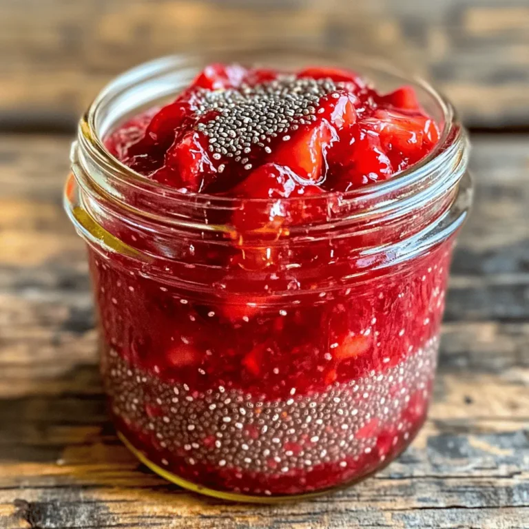 - 2 cups fresh strawberries, hulled and halved - 2 tablespoons honey or maple syrup - 2 tablespoons chia seeds - 1 tablespoon freshly squeezed lemon juice - A pinch of sea salt To make the best strawberry chia seed jam, you need the best ingredients. First, let’s talk about strawberries. Look for bright red, firm berries. They should smell sweet and fresh. Avoid any that are mushy or have dark spots. Organic strawberries can be a great choice. They often taste better and have fewer pesticides. Now, let’s move to chia seeds. Choose organic chia seeds for the best flavor and quality. They should be whole and not broken. Fresh chia seeds will have a nutty taste. Check the package for the expiration date to ensure freshness. When it comes to sweeteners, honey and maple syrup both work well. Honey gives a nice floral taste. Maple syrup adds a rich, earthy flavor. Both are natural options. You can adjust the sweetness to your liking. Start with two tablespoons, and add more if you want it sweeter. Start by cooking the strawberries. Place 2 cups of hulled and halved strawberries in a medium-sized saucepan. Add 2 tablespoons of honey or maple syrup. Heat the pan over medium heat for about 5-7 minutes. Stir occasionally as the strawberries soften. This step releases their sweet juices. Once the strawberries are soft, it’s time to mash them. Use a fork or potato masher for this. If you like a chunkier jam, mash lightly. For smoother jam, mash more thoroughly. Achieve your desired texture at this stage. Next, add the chia seeds and lemon juice. Pour in 2 tablespoons of chia seeds and 1 tablespoon of freshly squeezed lemon juice. Sprinkle in a pinch of sea salt. Mix everything together well. Make sure the chia seeds are evenly distributed. This step is crucial for the jam's texture and flavor. Now, lower the heat to a simmer. Allow the mixture to cook for another 5 minutes. Stir frequently to avoid burning. You’ll notice the mixture starting to thicken. This is the jam-like texture you want. After simmering, remove the saucepan from the heat. Let the jam cool for about 10 minutes. It will continue to thicken as it cools. Remember, stop cooking just before it reaches your perfect thickness. Once cooled, transfer the jam to a clean glass jar. Seal it tightly. Store your jam in the refrigerator. It will stay fresh for up to 2 weeks. Enjoy your homemade strawberry chia seed jam with your favorite treats! To make great jam, avoid common mistakes. First, do not rush the cooking process. Cook the strawberries long enough to soften them. If you skip this step, your jam may taste too raw. Next, don’t add too much sweetener at once. Start with less, then taste and adjust. You want a balance between sweet and tart. For thickness, you can tweak how much chia you use. More chia seeds mean a thicker jam. If your jam is too thick, add a splash of water. If it’s too runny, cook it a bit longer. Keep stirring to help it thicken evenly. Choose a good saucepan for cooking. A medium-sized, heavy-bottomed pan works best. It helps heat the jam evenly. Use a fork or potato masher to mash the strawberries. For accurate measurements, use measuring spoons and cups. They ensure you add the right amounts of each ingredient. Spices can take your jam to the next level. Try adding a dash of cinnamon for warmth. A few drops of vanilla extract can also add depth. You might also want to mix in other fruits. Raspberries or peaches can create fun twists. Just remember to adjust the sweetness based on the new fruit. Enjoy experimenting with flavors! {{image_4}} You can change the fruit in your chia seed jam for fun. Here are two great options: - Raspberry chia seed jam: Raspberries add a sweet and tangy flavor. They break down quickly, so you can cook them like strawberries. - Peach chia seed jam: Use ripe peaches for a lovely, sweet jam. Peel and chop them before cooking. This will give you a smooth texture. If you want a sugar-free option, you can use stevia or erythritol. - Using stevia or erythritol: These sweeteners work well in place of honey or maple syrup. Start with a small amount and taste as you go. - Adjusting the recipe for low-carb diets: This jam fits low-carb diets when you use sugar-free sweeteners. Just follow the same steps in the full recipe. You can make your jam even more tasty by adding flavors. - Infusing with herbs like mint or basil: Adding herbs brings a fresh twist. Just toss in a few leaves while cooking, then strain them out. - Citrus zests for additional flavor: Add lemon or orange zest for a bright taste. This will lift the flavor of the fruit and give your jam a zesty kick. To keep your strawberry chia seed jam fresh, store it in glass jars. Glass jars help preserve flavor and prevent unwanted smells. Always seal the jars tightly after each use. The jam stays good in the fridge for about two weeks. Keep an eye out for signs of spoilage, like off smells or mold. If you see any, it’s best to toss the jam. If you want to save your jam for later, freezing is a great option. To freeze chia seed jam, place it in freezer-safe containers or bags. Leave some space at the top for expansion. This jam can last up to six months in the freezer. When you want to use it, simply thaw it in the fridge overnight. You can also use it right away in cooking if you need it. Just add it to warm dishes straight from the freezer. Strawberry chia seed jam is super versatile. You can spread it on toast or mix it into yogurt for a tasty breakfast. It also works great as a filling for pastries or cakes. I love adding it to smoothies for a fruity kick. You can even use it as a topping for ice cream! This way, you bring out the delicious strawberry flavor in many dishes. For more ideas, check the Full Recipe for inspiration. Homemade strawberry chia seed jam lasts about two weeks in the fridge. Store it in a clean glass jar. Make sure to seal it tightly to keep it fresh. If you want to keep it longer, consider freezing it. Frozen jam can last up to six months. Just remember to thaw it in the fridge before using. Yes, you can use frozen strawberries. They work well in this recipe. Frozen strawberries may be softer when cooked. This can change the texture a bit, making the jam smoother. The flavor will still be sweet and delicious. Just make sure to properly thaw and drain excess water before cooking. To make your jam thicker, let it simmer longer. This helps the chia seeds absorb more liquid. You can also add more chia seeds if needed. Start with one extra tablespoon at a time until you reach your desired thickness. Keep in mind that the jam will thicken more as it cools. Yes, chia seed jam is quite healthy! Chia seeds are rich in fiber, protein, and omega-3 fatty acids. Strawberries are full of vitamins and antioxidants. Together, they create a nutritious spread. This jam is a great alternative to sugar-filled options. Enjoy it guilt-free on toast, yogurt, or pastries! This blog post covers how to make delicious strawberry chia seed jam. We explored ingredients, including fresh strawberries and chia seeds, and provided quality tips for selection. Step-by-step instructions ensured you know how to prepare, mix, and thicken your jam. I shared tips to avoid mistakes and enhance flavor. Variations like using different fruits add fun twists. Finally, we discussed storage tips to keep your jam fresh. Homemade jam is easy and healthy. Enjoy your tasty creation on toast or as a filling in desserts!