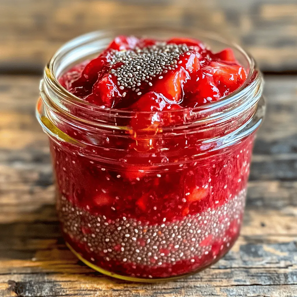 - 2 cups fresh strawberries, hulled and halved - 2 tablespoons honey or maple syrup - 2 tablespoons chia seeds - 1 tablespoon freshly squeezed lemon juice - A pinch of sea salt To make the best strawberry chia seed jam, you need the best ingredients. First, let’s talk about strawberries. Look for bright red, firm berries. They should smell sweet and fresh. Avoid any that are mushy or have dark spots. Organic strawberries can be a great choice. They often taste better and have fewer pesticides. Now, let’s move to chia seeds. Choose organic chia seeds for the best flavor and quality. They should be whole and not broken. Fresh chia seeds will have a nutty taste. Check the package for the expiration date to ensure freshness. When it comes to sweeteners, honey and maple syrup both work well. Honey gives a nice floral taste. Maple syrup adds a rich, earthy flavor. Both are natural options. You can adjust the sweetness to your liking. Start with two tablespoons, and add more if you want it sweeter. Start by cooking the strawberries. Place 2 cups of hulled and halved strawberries in a medium-sized saucepan. Add 2 tablespoons of honey or maple syrup. Heat the pan over medium heat for about 5-7 minutes. Stir occasionally as the strawberries soften. This step releases their sweet juices. Once the strawberries are soft, it’s time to mash them. Use a fork or potato masher for this. If you like a chunkier jam, mash lightly. For smoother jam, mash more thoroughly. Achieve your desired texture at this stage. Next, add the chia seeds and lemon juice. Pour in 2 tablespoons of chia seeds and 1 tablespoon of freshly squeezed lemon juice. Sprinkle in a pinch of sea salt. Mix everything together well. Make sure the chia seeds are evenly distributed. This step is crucial for the jam's texture and flavor. Now, lower the heat to a simmer. Allow the mixture to cook for another 5 minutes. Stir frequently to avoid burning. You’ll notice the mixture starting to thicken. This is the jam-like texture you want. After simmering, remove the saucepan from the heat. Let the jam cool for about 10 minutes. It will continue to thicken as it cools. Remember, stop cooking just before it reaches your perfect thickness. Once cooled, transfer the jam to a clean glass jar. Seal it tightly. Store your jam in the refrigerator. It will stay fresh for up to 2 weeks. Enjoy your homemade strawberry chia seed jam with your favorite treats! To make great jam, avoid common mistakes. First, do not rush the cooking process. Cook the strawberries long enough to soften them. If you skip this step, your jam may taste too raw. Next, don’t add too much sweetener at once. Start with less, then taste and adjust. You want a balance between sweet and tart. For thickness, you can tweak how much chia you use. More chia seeds mean a thicker jam. If your jam is too thick, add a splash of water. If it’s too runny, cook it a bit longer. Keep stirring to help it thicken evenly. Choose a good saucepan for cooking. A medium-sized, heavy-bottomed pan works best. It helps heat the jam evenly. Use a fork or potato masher to mash the strawberries. For accurate measurements, use measuring spoons and cups. They ensure you add the right amounts of each ingredient. Spices can take your jam to the next level. Try adding a dash of cinnamon for warmth. A few drops of vanilla extract can also add depth. You might also want to mix in other fruits. Raspberries or peaches can create fun twists. Just remember to adjust the sweetness based on the new fruit. Enjoy experimenting with flavors! {{image_4}} You can change the fruit in your chia seed jam for fun. Here are two great options: - Raspberry chia seed jam: Raspberries add a sweet and tangy flavor. They break down quickly, so you can cook them like strawberries. - Peach chia seed jam: Use ripe peaches for a lovely, sweet jam. Peel and chop them before cooking. This will give you a smooth texture. If you want a sugar-free option, you can use stevia or erythritol. - Using stevia or erythritol: These sweeteners work well in place of honey or maple syrup. Start with a small amount and taste as you go. - Adjusting the recipe for low-carb diets: This jam fits low-carb diets when you use sugar-free sweeteners. Just follow the same steps in the full recipe. You can make your jam even more tasty by adding flavors. - Infusing with herbs like mint or basil: Adding herbs brings a fresh twist. Just toss in a few leaves while cooking, then strain them out. - Citrus zests for additional flavor: Add lemon or orange zest for a bright taste. This will lift the flavor of the fruit and give your jam a zesty kick. To keep your strawberry chia seed jam fresh, store it in glass jars. Glass jars help preserve flavor and prevent unwanted smells. Always seal the jars tightly after each use. The jam stays good in the fridge for about two weeks. Keep an eye out for signs of spoilage, like off smells or mold. If you see any, it’s best to toss the jam. If you want to save your jam for later, freezing is a great option. To freeze chia seed jam, place it in freezer-safe containers or bags. Leave some space at the top for expansion. This jam can last up to six months in the freezer. When you want to use it, simply thaw it in the fridge overnight. You can also use it right away in cooking if you need it. Just add it to warm dishes straight from the freezer. Strawberry chia seed jam is super versatile. You can spread it on toast or mix it into yogurt for a tasty breakfast. It also works great as a filling for pastries or cakes. I love adding it to smoothies for a fruity kick. You can even use it as a topping for ice cream! This way, you bring out the delicious strawberry flavor in many dishes. For more ideas, check the Full Recipe for inspiration. Homemade strawberry chia seed jam lasts about two weeks in the fridge. Store it in a clean glass jar. Make sure to seal it tightly to keep it fresh. If you want to keep it longer, consider freezing it. Frozen jam can last up to six months. Just remember to thaw it in the fridge before using. Yes, you can use frozen strawberries. They work well in this recipe. Frozen strawberries may be softer when cooked. This can change the texture a bit, making the jam smoother. The flavor will still be sweet and delicious. Just make sure to properly thaw and drain excess water before cooking. To make your jam thicker, let it simmer longer. This helps the chia seeds absorb more liquid. You can also add more chia seeds if needed. Start with one extra tablespoon at a time until you reach your desired thickness. Keep in mind that the jam will thicken more as it cools. Yes, chia seed jam is quite healthy! Chia seeds are rich in fiber, protein, and omega-3 fatty acids. Strawberries are full of vitamins and antioxidants. Together, they create a nutritious spread. This jam is a great alternative to sugar-filled options. Enjoy it guilt-free on toast, yogurt, or pastries! This blog post covers how to make delicious strawberry chia seed jam. We explored ingredients, including fresh strawberries and chia seeds, and provided quality tips for selection. Step-by-step instructions ensured you know how to prepare, mix, and thicken your jam. I shared tips to avoid mistakes and enhance flavor. Variations like using different fruits add fun twists. Finally, we discussed storage tips to keep your jam fresh. Homemade jam is easy and healthy. Enjoy your tasty creation on toast or as a filling in desserts!