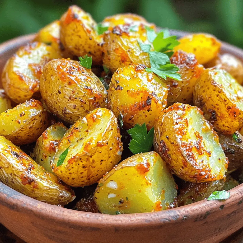 - 2 pounds baby potatoes (either red or yellow), halved - 3 tablespoons extra virgin olive oil - 1 teaspoon garlic powder - 1 teaspoon onion powder - 1 teaspoon smoked paprika - ½ teaspoon dried rosemary - ½ teaspoon dried thyme - Salt and freshly ground black pepper, to taste - Fresh parsley, finely chopped (for garnish) Crispy roasted potatoes start with the right ingredients. Choosing baby potatoes gives you a great shape and texture. I love using red or yellow ones. The small size helps them cook evenly. The olive oil is key for crispiness. It helps the skin brown nicely. The garlic powder and onion powder add depth to the flavor. Smoked paprika gives a nice, warm touch. Herbs like rosemary and thyme bring a fresh taste. They pair well with the potatoes. Salt and pepper balance everything. Fresh parsley adds color and brightness when you serve them. It’s simple, but it makes a big difference. For the full recipe, check out the detailed steps I’ve shared. Set the oven temperature to 425°F (220°C). This high heat helps achieve that crispy texture. While the oven warms up, prepare a large baking sheet. Line it with parchment paper to stop sticking and make cleanup easy. Take your halved baby potatoes and place them in a big mixing bowl. Add 3 tablespoons of olive oil, 1 teaspoon of garlic powder, 1 teaspoon of onion powder, 1 teaspoon of smoked paprika, ½ teaspoon of dried rosemary, and ½ teaspoon of dried thyme. Sprinkle in salt and pepper to taste. Toss everything well until each potato gets coated in the seasoning. This step is key for flavor. Now, carefully spread the seasoned potatoes on the parchment-lined baking sheet. Make sure to place them in a single layer. Position the cut sides facing down. This will help them crisp up nicely. Slide the baking sheet into the preheated oven. Roast the potatoes for 25-30 minutes. Flip them halfway through cooking. This ensures they brown evenly. Keep an eye out for that golden brown color and crunchy texture. That's the sweet spot! After roasting, let the potatoes cool for a few minutes. Then, sprinkle them with finely chopped fresh parsley. This adds a pop of color and extra flavor. Serve the crispy potatoes in a colorful rustic bowl. You can also add a tasty dip on the side for more fun. For the full recipe, check the ingredients list above. To get the best crunch, use parchment paper instead of foil. This helps the potatoes brown better. Also, do not overcrowd the baking sheet. If the potatoes touch, they will steam instead of crisp. Give them space to shine! You can make these potatoes even tastier! Try adding different herbs and spices. Rosemary, thyme, or even a sprinkle of chili flakes can change the flavor. For an extra zing, add a touch of lemon zest or sprinkle some Parmesan cheese on top after roasting. These small changes can make a big impact! Want to save time? Prepare and season the potatoes a few hours before roasting. Just store them in the refrigerator until you are ready to cook. This way, the flavors soak in, and you can enjoy crispy potatoes with less effort. {{image_4}} You can make crispy roasted potatoes even better! Just add fresh herbs like rosemary or thyme. These herbs add a lovely aroma and taste. I like to use a mix for more depth. Also, add minced garlic for an extra flavor boost. The garlic roasts perfectly and gives a rich taste. This combination makes your potatoes shine! For those who love heat, try spicy roasted potatoes. Simply include cayenne pepper or chili powder in the seasoning mix. You can adjust the amount based on your taste. The heat pairs well with a cooling sauce like yogurt or sour cream. This balance keeps every bite exciting and enjoyable! Want a sweeter twist? Use cubed sweet potatoes instead of regular ones. Sweet potatoes offer a different flavor that many love. Just remember to adjust the cooking time based on size. They may need a little less time to cook through. This variation is perfect for those who like a hint of sweetness in their meal. For the full recipe, check out the [Full Recipe]. After enjoying your crispy roasted potatoes, let them cool down completely. This step helps keep them fresh. Store the potatoes in an airtight container. They will stay tasty for up to three days. If you want, you can keep them in the fridge. Just remember to seal the lid tight. To enjoy that crispy goodness again, reheat the potatoes in the oven. Set your oven to 400°F (200°C) and spread the potatoes on a baking sheet. Heat them for about 10-15 minutes. This method helps them regain their crunch. If you're short on time, you can use the microwave. Heat them briefly, just to warm up. Then, transfer them to the oven and broil for a few minutes. This will give you that crispy texture you love. To make crispy roasted potatoes, start by preheating your oven to 425°F (220°C). Then, take a large baking sheet and line it with parchment paper. This helps with easy cleanup. Next, in a mixing bowl, add 2 pounds of halved baby potatoes. Drizzle in 3 tablespoons of extra virgin olive oil. Add 1 teaspoon each of garlic powder, onion powder, and smoked paprika. Then, sprinkle in ½ teaspoon each of dried rosemary and thyme, along with salt and pepper to taste. Toss until the potatoes are well coated. Spread them out on the baking sheet, cut sides down. Roast for 25-30 minutes, flipping them halfway, until golden and crispy. Let them cool briefly before serving. Check the full recipe for more details. Yes, you can use other types of potatoes! Yukon gold and red potatoes are great options. They both have a creamy texture and roast well. These potatoes can provide a different flavor and texture. Just keep in mind that cooking times may vary slightly based on the size of the potatoes used. Crispy roasted potatoes pair well with many dishes. They make a great side for meats like chicken, beef, or pork. You can also serve them with salads for a hearty meal. For a fun twist, try serving them with dips, like a creamy ranch or zesty aioli. The options are endless! This blog post covered how to make crispy roasted potatoes. We started with the right ingredients, like baby potatoes and spices. Then, we walked through the steps to cook them until golden brown. I shared tips for getting that perfect crunch and ideas for variations. In conclusion, these potatoes are easy to make and can be fun to mix up. You can enjoy them with many dishes or on their own. Try this recipe, and you will impress everyone at your table. Enjoy your cooking!