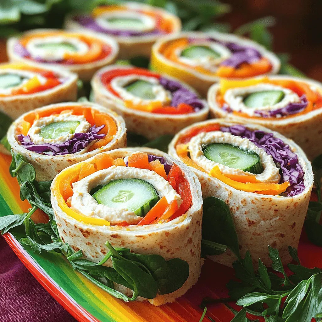 To make Rainbow Veggie Pinwheels, gather these key ingredients: - 4 large whole wheat tortillas - 1/2 cup cream cheese, softened - 1/4 cup hummus, any flavor - 1 cup fresh spinach leaves - 1 medium carrot, finely grated - 1 red bell pepper, cut into strips - 1 cup cucumber, julienned - 1/2 cup purple cabbage, thinly shredded - Salt and freshly ground pepper, to taste You can adjust the flavors and colors with these optional ingredients: - Fresh herbs like dill or parsley, finely chopped - Avocado slices for creaminess - Sliced olives for a salty kick - Other veggies such as zucchini or radishes Rainbow Veggie Pinwheels are not just fun; they're healthy too! Each serving has: - Low calories and high nutrients - Lots of fiber from the veggies - Protein from the cream cheese and hummus - Vitamins and minerals from the fresh produce These pinwheels make a great snack or lunch. You’ll love how good they taste! Check out the Full Recipe for more details on making this colorful dish. To start, grab a small mixing bowl. Add 1/2 cup of softened cream cheese. Mix in a pinch of salt and some freshly ground pepper. Stir until the mixture is creamy and smooth. You can also add finely chopped fresh herbs for more taste. This spread will be the base of your pinwheels. Next, take one large whole wheat tortilla. Lay it flat on a clean surface. Use a spatula or the back of a spoon to spread the cream cheese mixture. Make sure to cover the entire tortilla. Go all the way to the edges. This ensures that each bite is full of flavor. Now, it’s time to add the veggies. Start at one edge of the tortilla. Place the fresh spinach leaves first. Next, add the finely grated carrot. Then, layer the red bell pepper strips. After that, add the julienned cucumber and shredded purple cabbage. Arrange the vegetables in a colorful way. This creates a beautiful rainbow effect. Once your veggies are layered, it’s time to roll. Start from the edge with the fillings. Roll the tortilla tightly but gently. Keep all the ingredients packed inside. Continue rolling until you reach the other edge. After rolling, use a sharp knife to slice the tortilla into pinwheels. Aim for 1 to 2 inches wide. Each slice should hold together and show off the colorful filling. For the complete prep process, refer to the Full Recipe. To make your Rainbow Veggie Pinwheels pop, focus on color. Arrange them on a large platter in a circular pattern. This way, the bright colors catch the eye. You can also stack them in a clear jar for a fun look. For added flair, place a small bowl of extra hummus or yogurt dip alongside. Guests will enjoy dipping their pinwheels for extra taste. If you have leftovers, wrap them tightly in plastic wrap or place them in an airtight container. This keeps them fresh and tasty. Store them in the fridge for up to three days. When you're ready to eat, just slice and enjoy. If you notice any sogginess, consider adding a fresh layer of hummus before serving again. Fresh herbs can take your pinwheels to the next level. Consider adding dill or parsley to the cream cheese spread. This adds a burst of flavor that complements the veggies. You can also sprinkle chopped herbs on top before serving. This makes the dish look even more appealing and adds freshness with every bite. {{image_4}} You can change up the flavors in your Rainbow Veggie Pinwheels. Instead of cream cheese, try using avocado spread. This adds a creamy texture and a fresh taste. You can also swap hummus flavors. Roasted red pepper or garlic hummus can give a nice twist. For more crunch, add sliced radishes or jicama. Experiment with herbs, too! Fresh basil or cilantro can brighten the dish. To make these pinwheels vegan, replace the cream cheese with a plant-based cream cheese. You can also use a nut-based spread, like cashew cheese. Hummus is already vegan, so you’re good there! Ensure you check that your tortillas are dairy-free. There are many tasty options available. These changes keep the dish delicious while catering to different diets. Using seasonal veggies can make your pinwheels even better. In spring, try adding asparagus or snap peas for a fresh crunch. In summer, bell peppers and zucchini shine. Fall brings great choices like roasted butternut squash or kale. In winter, consider using root vegetables like beets or carrots. Seasonal produce not only tastes better but also supports local farmers. You can enjoy fresh flavors all year round! To keep your rainbow veggie pinwheels fresh, store them in an airtight container. Make sure the pinwheels are tightly wrapped in plastic wrap or foil. This helps prevent them from drying out. Place the container in the fridge. They stay fresh for about 2 to 3 days. If you notice any moisture, replace the paper towel inside to absorb it. You can freeze pinwheels for longer storage. First, slice them into individual pieces. Wrap each pinwheel tightly in plastic wrap, then place them in a freezer-safe bag. Remove as much air as possible. They can last up to 2 months in the freezer. When ready to eat, thaw them overnight in the fridge before serving. If you prefer warm pinwheels, reheat them in the oven. Preheat your oven to 350°F (175°C). Place the pinwheels on a baking sheet and cover them with foil. Heat for about 10 minutes, or until warm. This method helps maintain their texture and flavor. Enjoy them fresh and colorful! Rainbow veggie pinwheels can last in the fridge for up to three days. Store them in an airtight container to keep them fresh. The veggies stay crunchy, and the flavors blend well over time. Just remember, the sooner you eat them, the better they taste! Yes, you can use different types of tortillas! Whole wheat, spinach, or even gluten-free tortillas work well. Each type adds a unique flavor and color. This way, you can customize the pinwheels to your taste. Experiment and find your favorite! Several dipping sauces pair great with rainbow veggie pinwheels. Here are a few options: - Hummus (any flavor you like) - Ranch dressing - Greek yogurt dip - Avocado lime sauce These sauces add extra flavor and make the snack even more fun. To make rainbow veggie pinwheels ahead of time, prepare them up to a day in advance. After slicing, wrap them tightly in plastic wrap to keep them fresh. Store them in the fridge until you are ready to serve. This makes them perfect for parties or quick snacks. For the full recipe, check out the instructions above! We covered how to make delicious rainbow veggie pinwheels. I shared essential ingredients, both required and optional. You learned step-by-step how to prepare, spread, layer, roll, and slice them. I also provided tips for serving and storing leftovers. Don’t forget the fun variations you can try, too! These pinwheels are versatile, healthy, and a delight to share. They make any meal special. Enjoy making them your own!