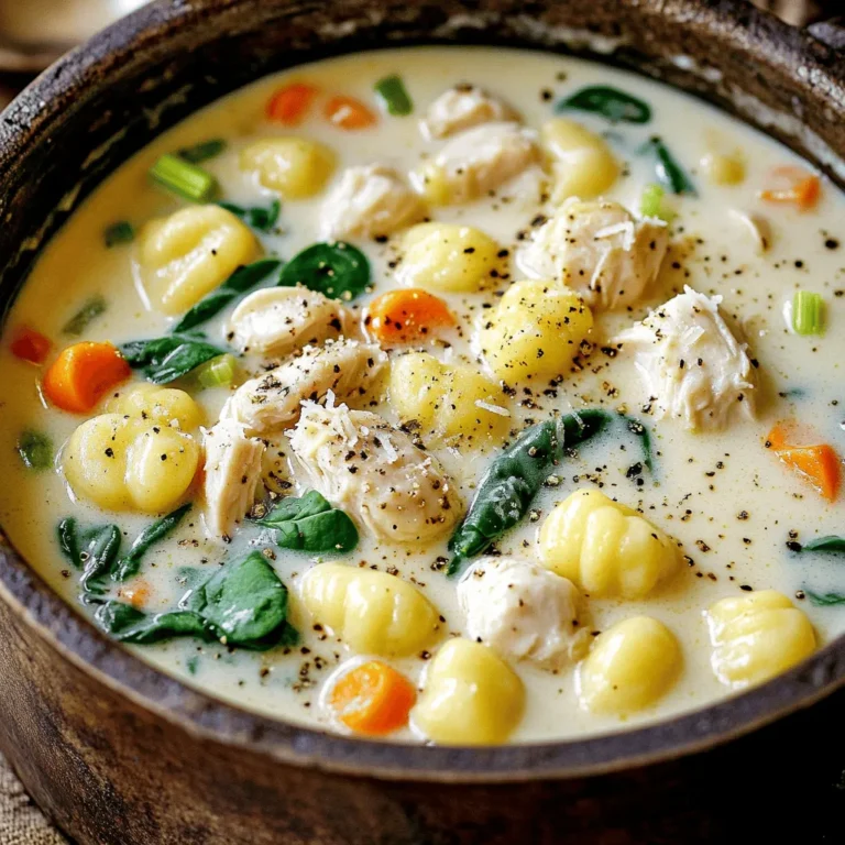 - Chicken: I prefer using boneless, skinless chicken breast for this soup. It cooks evenly and stays tender. You can also use chicken thighs. They add more flavor and richness, but they take a bit longer to cook. - Broth: Low-sodium chicken broth is vital. It allows you to control the saltiness of your soup. A good broth enhances all the flavors without overwhelming them. - Gnocchi: I recommend using fresh gnocchi when possible. It cooks quickly and has a lovely texture. Shelf-stable gnocchi works too, but it may need a little more time to cook. - Vegetables: Adding carrots and spinach boosts the flavor. You can also try adding peas or mushrooms for extra depth. These veggies add color and nutrients to your meal. - Seasonings: Dried thyme and oregano are my go-to herbs. They add warmth and aroma. For a twist, try adding a pinch of red pepper flakes or fresh basil for a pop of flavor. For the Full Recipe, check out the detailed steps to make this satisfying dish at home. To start, heat olive oil in a large pot over medium heat. Once hot, add chopped onion, diced carrots, and celery. Sauté the vegetables for about 5-6 minutes. You want them soft and the onion should be translucent. Next, add minced garlic, dried thyme, and oregano to the pot. Stir for about a minute. This will release the great smells of the herbs and garlic. Now, add the cubed chicken. Season it with salt and pepper. Cook the chicken for about 7-8 minutes. Stir often to get a nice golden crust on all sides. Once the chicken is browned, pour in the chicken broth. Bring this mix to a boil. When it boils, lower the heat to medium-low. Let it simmer for about 10 minutes. This step helps the flavors blend well. Now, it's time to add the potato gnocchi. Cook them for another 3-4 minutes. You'll know they're done when they float to the surface. Lower the heat to a gentle simmer. Stir in the heavy cream and chopped spinach. Let the soup cook for another 2-3 minutes. This will make the soup rich and creamy. Finally, taste the soup. Adjust salt and pepper as needed. Serve your creamy chicken gnocchi hot. Don't forget to garnish with grated Parmesan cheese for that extra touch of flavor. For the full recipe, click here. - Overcooking chicken: I often see people overcook chicken. To keep it tender, cook it just until it’s no longer pink inside. This usually takes 7-8 minutes. If you cook it longer, the chicken becomes dry. - Adding gnocchi too early: Gnocchi cooks fast. If you add it too soon, it can become mushy. Wait until your soup is almost ready. Once the broth is boiling, toss in the gnocchi. They will float to the top when done. - Deepening flavor profile: To add umami, consider adding mushrooms or soy sauce. These ingredients boost the taste without overpowering the dish. A little goes a long way, so start small and taste as you go. - Recommended cheeses for garnishing: For a delicious finish, use freshly grated Parmesan cheese. It adds a lovely salty note. You can also try Pecorino Romano for a sharper flavor. Just sprinkle it on top right before serving. - Best pots and pans for making soup: A large pot or Dutch oven works best for this soup. They hold heat well and allow for even cooking. Avoid using thin pots, as they can burn the soup. - Tools to streamline the cooking process: A good knife helps with chopping vegetables quickly. A wooden spoon is great for stirring. A ladle makes serving easy. These simple tools make your cooking experience smoother. For the full recipe, check out the Creamy Chicken Gnocchi Delight! {{image_4}} For a lighter chicken gnocchi soup, you can swap out the heavy cream. Use half-and-half or even yogurt. This change keeps the soup creamy but cuts down on calories. You can also choose low-sodium chicken broth. This option helps control your salt intake while still giving great flavor. If you want a vegetarian version, leave out the chicken. Replace it with mushrooms or chickpeas for protein. Use vegetable broth instead of chicken broth. This keeps the soup hearty and satisfying. Don't be afraid to get creative! You can add different proteins, like shrimp or sausage. Each option brings a unique flavor to your soup. Cook shrimp until pink, and sauté sausage until browned. Another fun idea is to play with herbs and spices. Try adding fresh basil for a sweet touch or a pinch of red pepper flakes for warmth. These small changes can really make your soup stand out. For the full recipe, check out the creamy chicken gnocchi delight. To keep your chicken gnocchi soup fresh, use airtight containers. Glass or plastic containers work well. Fill them up, leaving a bit of space at the top. This helps the soup stay fresh and tasty. Store it in the fridge for up to three days. If you want to save it longer, freezing is a great option. Pour the cooled soup into freezer-safe bags or containers. Make sure to remove as much air as possible. This prevents freezer burn. You can freeze it for up to three months without losing flavor. When reheating, avoid the microwave if you can. Instead, use a pot on the stove. Heat it on low, stirring often. This keeps the cream from curdling and helps the soup heat evenly. If the soup looks thick after reheating, add a splash of chicken broth or water. This brings back its nice creamy texture. To refresh the flavors, add fresh herbs like parsley or a sprinkle of Parmesan. This will make it taste just as good as when you first made it. Enjoy! Chicken gnocchi soup stays fresh for about three to four days in the fridge. Make sure to store it in a tight container. This helps keep it safe and tasty. If you want to keep it longer, consider freezing it. Yes, you can make chicken gnocchi soup ahead of time. Prepare the soup and let it cool before storing. You can keep it in the fridge for up to four days. When you are ready to eat, just reheat it on the stove. Add a splash of broth or cream to bring back its creamy texture. Chicken gnocchi soup pairs well with crusty bread or a fresh salad. A side of garlic bread adds a delicious touch. You can also serve it with a light green salad dressed in lemon vinaigrette. These sides enhance the meal and add more flavor to your dining experience. You can create a tasty chicken gnocchi soup easily. We covered key ingredients, from chicken options to broth types. Remember, the right cooking technique affects flavor. Avoid common mistakes, like overcooking chicken or adding gnocchi too early. You can also adapt the recipe for healthier options or personal twists. Store leftovers correctly and reheat them to keep the soup delicious. Enjoy your cooking journey. Your soup can warm the heart and bring joy to the table.
