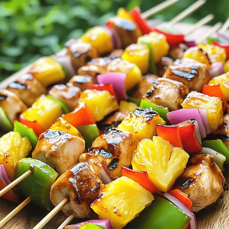 - 1 pound chicken breast, cubed - 1 medium pineapple, cubed - Red and green bell peppers, cubed - Red onion, wedged - Teriyaki sauce - Honey - Sesame oil - Garlic powder - Ground ginger - Seasoning (salt and pepper) - Wooden skewers (soaked) - Grill or grill pan When you gather the ingredients for your Teriyaki Chicken Pineapple Kabobs, make sure they are fresh. The chicken should be juicy, and the pineapple ripe. This makes a big difference in taste. You want to cut the chicken and veggies into even pieces. This helps them cook at the same time. You can use a sharp knife for this. The red and green bell peppers add color and crunch. The red onion gives a sweet flavor that pairs well with the rest. For the marinade, the teriyaki sauce brings a nice sweet and salty taste. Mixing it with honey gives it extra sweetness. Sesame oil adds a nutty flavor, while garlic powder and ground ginger add warmth and spice. Don't forget to season with salt and pepper. Now, let’s talk about equipment. You will need wooden skewers. Soak them in water for at least 30 minutes. This keeps them from burning on the grill. A grill or grill pan is best to cook these kabobs. The heat helps create those beautiful grill marks and caramelizes the pineapple. For the full recipe, check out the detailed instructions later in the article. Start by making the marinade. In a mixing bowl, whisk together the teriyaki sauce, honey, sesame oil, garlic powder, ground ginger, and a pinch of salt and pepper. Mix it well until combined. This creates a flavorful base for your chicken. Next, add the chicken breast cubes to the marinade. Make sure each piece is coated well. Cover the bowl with plastic wrap and place it in the fridge. Let it marinate for at least 30 minutes. For a stronger flavor, you can marinate it overnight. While the chicken marinates, soak your wooden skewers in water for at least 30 minutes. This step prevents them from burning on the grill. The soaked skewers will hold up well during cooking. Once your skewers are ready, thread the marinated chicken, pineapple cubes, red and green bell pepper pieces, and red onion wedges onto the skewers. Alternate the ingredients for a colorful look. This not only enhances the visual appeal but also balances the flavors. Now, it's time to grill. Preheat your grill or grill pan over medium heat. Allow it to reach a steady temperature before adding the kabobs. Place the assembled kabobs on the grill. Cook them for about 10-12 minutes. Turn them every few minutes to ensure even cooking. The chicken should reach an internal temperature of 165°F. You'll see lovely grill marks on the chicken and caramelization on the pineapple. After grilling, take the kabobs off the grill and let them rest for a few minutes. This helps keep the chicken juicy. Serve the kabobs hot with any leftover teriyaki sauce on the side for dipping. Enjoy your flavorful grilling delight! For the complete recipe, check the [Full Recipe]. For the best flavor, marinate the chicken for at least 30 minutes. If you have time, let it sit overnight. This longer soak really boosts the taste. Use a mix of teriyaki sauce, honey, sesame oil, garlic powder, and ground ginger. Each ingredient adds depth and richness. To enhance flavors, consider adding a splash of lime juice. This adds a nice tang that brightens the dish. You can also mix in crushed red pepper flakes for a touch of heat. Always taste the marinade before adding the chicken. Adjust salt and pepper to your liking. Set your grill to medium heat. This temperature ensures the chicken cooks evenly without burning. If it’s too hot, the outside will char, while the inside remains raw. When grilling, turn the kabobs every few minutes. This helps them cook evenly on all sides. Look for an internal chicken temperature of 165°F. You want nice grill marks, showing that the kabobs are done. The pineapple should caramelize and become sweet. For a beautiful presentation, use a large platter. Arrange the kabobs in a circle or line. Garnish with fresh cilantro or parsley for color. Serve with extra teriyaki sauce on the side for dipping. Lime wedges also add a fresh touch. Pair these kabobs with rice or a crisp salad. A side of grilled corn or steamed vegetables works well too. Enjoy the tropical vibe these kabobs bring! For the full recipe, check out the Tropical Teriyaki Chicken Pineapple Kabobs. {{image_4}} You can change things up with your kabobs. Instead of chicken, try shrimp or tofu. Both options soak up flavors well. This makes them tasty and fun. For veggies, use zucchini or mushrooms. They add a different texture. You can mix and match your favorite ingredients to find what you love best. To kick up the flavor, think about spicy teriyaki. Adding chili flakes or sriracha gives your kabobs a nice heat. You can also add fresh herbs like cilantro or basil for brightness. A squeeze of lime or lemon juice can make all the flavors pop. These small changes can really change your dish. While grilling is great, you can also bake your kabobs in the oven. Just preheat to 400°F and place them on a baking sheet. Bake for 15-20 minutes, flipping halfway through. If you prefer stovetop grilling, use a grill pan. Cook the kabobs over medium heat for about 10-12 minutes. This way, you can enjoy the flavor all year long, regardless of the weather. For the full recipe, check out the details above. To keep your kabobs fresh, store them in the fridge. Place the leftovers in an airtight container. They will last for up to three days. If you want to save them longer, freezing is a great option. Wrap each kabob tightly in plastic wrap or aluminum foil. Then, place them in a freezer-safe bag. They will stay good for up to three months in the freezer. When you're ready to enjoy the kabobs again, reheat them carefully. The best method is to use an oven. Preheat the oven to 350°F (175°C). Place the kabobs on a baking sheet. Cover them with foil to keep them moist. Heat for about 10-15 minutes. This will help keep the flavors and texture intact. Avoid using a microwave if possible. Microwaving can overcook the chicken and make it tough. If you're short on time, use a skillet on low heat. This method also helps to keep the kabobs flavorful and juicy. Enjoy your tasty Teriyaki Chicken Pineapple Kabobs! For the complete recipe, check out the Full Recipe. For the best flavor, marinate the chicken for at least 30 minutes. If you have more time, letting it sit overnight works wonders. This longer marinating time allows the flavors to soak into the chicken, making it extra tasty. Yes, you can! Prepare the kabobs a few hours ahead of time. Just keep them in the fridge until you're ready to grill. Another option is to marinate the chicken the night before. This saves time on busy days and keeps the flavors strong. Many sides go great with teriyaki chicken pineapple kabobs. Some popular choices include: - Steamed rice - Grilled corn on the cob - Fresh salad - Vegetable stir-fry - Garlic bread These sides add color and flavor to your meal. You can mix and match to find your favorite pairings. For more ideas, check out the Full Recipe for more suggestions! This post covered all you need to know about making Teriyaki Chicken Pineapple Kabobs. You learned about the key ingredients, how to prepare the marinade, and grilling techniques. Remember to choose fresh, vibrant veggies and let the chicken marinate well for the best flavor. Try different proteins and veggies to keep meals exciting. Kabobs are easy to make and perfect for any gathering. Enjoy grilling and sharing this tasty dish with family and friends!