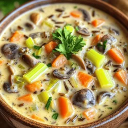To make Creamy Wild Rice Mushroom Soup, you'll need the following ingredients: - 1 cup wild rice, thoroughly rinsed - 4 cups vegetable broth - 2 tablespoons extra virgin olive oil - 1 medium onion, finely chopped - 3 cloves garlic, minced - 8 ounces cremini mushrooms, thinly sliced - 1 cup carrots, diced into small pieces - 1 cup celery, diced - 1 teaspoon dried thyme - 1/2 teaspoon smoked paprika - Sea salt and freshly cracked black pepper to taste - 1 cup heavy cream (or substitute with coconut milk for a lighter option) - 2 tablespoons fresh parsley, finely chopped (for garnish) These ingredients blend well to create a rich and hearty flavor. Using fresh ingredients is best for this soup. Fresh vegetables add more flavor and nutrients. They also have better texture. Fresh herbs, like parsley, enhance the taste as well. Dried herbs can work, but they lack the punch of fresh ones. If you use dried thyme, the flavor may be less intense. You can use them if fresh is not available. Just remember to reduce the amount since dried herbs are stronger. You can make some easy swaps if you're missing an ingredient. Here are a few ideas: - Wild rice: You can use brown rice or quinoa. Adjust the cooking time as needed. - Vegetable broth: Chicken broth is a good alternative if you don’t have veggie broth. - Heavy cream: Coconut milk works well for a lighter option. It gives a nice, creamy texture. - Cremini mushrooms: You can swap these for button mushrooms or shiitake mushrooms for a different flavor. These substitutions keep the soup tasty and comforting. Feel free to mix and match based on what you have at home. For the full recipe, check out the earlier section. Start by heating the olive oil in a large pot over medium heat. You want it shimmering but not smoking. Add the finely chopped onion and minced garlic. Sauté them for 3-4 minutes. You will know they are ready when the onion looks translucent and smells great. Next, add the sliced cremini mushrooms to the pot. Stir them well and cook for 5-7 minutes. The mushrooms will become soft and release their moisture. This step builds a deep flavor base for your soup. After the mushrooms, toss in the diced carrots and celery, along with dried thyme and smoked paprika. Stir continuously for about 3 minutes. This lets the vegetables soften and mix together nicely. Now it’s time to add the vegetable broth and rinsed wild rice. Carefully pour them into the pot. Bring the mixture to a rolling boil. Then, lower the heat to a gentle simmer. Cover the pot with a lid and let it cook for about 45 minutes. The wild rice should be fully cooked and tender. Once it's done, stir in the heavy cream or coconut milk. Season with sea salt and freshly cracked black pepper. Let the soup simmer for another 10 minutes. This helps all the flavors blend together beautifully. You can find the complete directions in the Full Recipe. To get the right texture in your creamy wild rice mushroom soup, focus on cooking time. The wild rice should be tender but not mushy. Stir the soup gently as it simmers. This helps keep the rice intact. If you want a thicker soup, blend a small portion of it. This adds creaminess and maintains some texture. Flavor is key to a great soup. Use fresh herbs like thyme for a bright touch. You can also add a splash of lemon juice at the end. This brightens the flavors and adds depth. If you like heat, a pinch of red pepper flakes works well. Consider adding a splash of soy sauce for a savory boost. Always taste and adjust the seasoning to your liking. Having the right tools makes cooking easier. A large pot is essential for this soup. A wooden spoon is great for stirring without scratching the pot. Use a sharp knife for chopping vegetables. A cutting board is also a must. If you plan to blend part of the soup, a hand blender is handy. For the full recipe, check the detailed steps to ensure success. {{image_4}} To make this soup vegan, swap heavy cream for coconut milk. Coconut milk gives a rich taste while keeping it dairy-free. Use vegetable broth for the base. This option is creamy and full of flavor. You can also skip the cream altogether and add more veggies for a lighter soup. Want extra protein? Add cooked lentils or chickpeas. These options blend well with the soup's flavors. They also add a nice texture. For a non-vegan choice, shredded chicken or turkey works great too. Simply stir in your choice during the last few minutes of cooking. Feel free to get creative! Instead of cremini mushrooms, use shiitake or portobello. Each type brings a unique flavor. You can also switch wild rice for brown rice or quinoa. Just adjust the cooking time. Add greens like spinach or kale for a nutrient boost. These swaps keep the dish fresh and exciting! For the complete recipe, check out the Full Recipe section. After making your creamy wild rice mushroom soup, let it cool down. Once cool, transfer it to an airtight container. Store it in the fridge for up to three days. Make sure to cover it well to keep the flavors fresh. You can freeze this soup to enjoy later. Pour the cooled soup into freezer-safe containers. Leave some space at the top since the soup will expand when frozen. It can last for about three months in the freezer. To reheat, thaw it overnight in the fridge. Heat it in a pot on low, stirring often, until warm. When stored properly, the soup lasts in the fridge for about three days. If frozen, it can last up to three months. Always check for any changes in smell or texture before eating. If it looks or smells off, it's best to toss it. Enjoy the rich flavors while they last! Yes, you can use other types of rice. Brown rice works well, but it takes longer to cook. White rice cooks faster, but it may become mushy. Keep in mind that wild rice adds a unique flavor and texture. If you swap, adjust the cooking time based on the rice type. This soup lasts about 3 to 5 days in the fridge. Store it in an airtight container for best results. Make sure to let it cool before sealing. If the soup thickens, just add a little broth when reheating. This keeps it creamy and delicious. You can serve this soup with warm crusty bread or a fresh side salad. Grilled cheese sandwiches pair nicely for a cozy meal. You might also enjoy it with a light pasta dish. These sides will complement the rich flavors of the soup well. For the full recipe, check out the Creamy Wild Rice Mushroom Soup section above! In this blog post, we explored how to make a delicious creamy wild rice mushroom soup. We went over the key ingredients and where to find the best ones. I shared step-by-step instructions for cooking and texture tips to enhance your soup. We also discussed how to store it for later use. Don’t forget, you can tweak this recipe to fit your needs, whether you want vegan options or extra protein. Enjoy making a dish that warms the heart and pleases the taste buds!