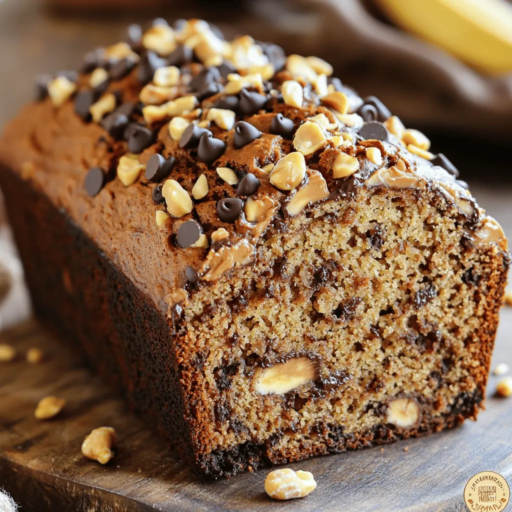 - 3 ripe bananas, thoroughly mashed - 1/2 cup creamy or chunky peanut butter - 1/2 cup packed brown sugar - 1/4 cup granulated sugar - 2 large eggs, at room temperature - 1 teaspoon pure vanilla extract - 1 and 1/2 cups all-purpose flour - 1 teaspoon baking soda - 1/2 teaspoon fine sea salt - 1/2 cup chocolate chips, dark or semi-sweet - Optional: a handful of chopped peanuts for a crunchy topping When making Chocolate Peanut Butter Banana Bread, the right ingredients make all the difference. I always start with ripe bananas. They should be soft, sweet, and easy to mash. The peanut butter adds depth and richness. You can choose creamy or chunky, depending on your taste. For sweetness, I use both brown sugar and granulated sugar. The brown sugar gives a nice caramel flavor. The eggs need to be at room temperature to mix well. Don’t forget the vanilla extract! It adds a warm, inviting aroma. All-purpose flour is your base. Baking soda helps the bread rise, while fine sea salt enhances the other flavors. Chocolate chips are a must! They melt into gooey pockets of joy. If you want some crunch, toss in chopped peanuts. They make each bite even more fun! - Mixing bowls - Measuring cups and spoons - Whisk and spatula - 9x5 inch loaf pan Using the right tools makes baking easier. I recommend a good mixing bowl for combining ingredients. Measuring cups and spoons ensure you get the right amounts. A whisk works well for mixing wet ingredients, while a spatula helps fold everything just right. A 9x5 inch loaf pan is perfect for this recipe. It allows the bread to bake evenly. You can easily find these tools in most kitchens. - Calories: 230 - Total Fat: 10g - Carbohydrates: 32g - Protein: 5g Knowing the nutritional facts helps you enjoy your treat mindfully. Each slice has about 230 calories. It packs a good amount of fats and carbs, thanks to peanut butter and bananas. The protein content is decent, too, coming from eggs and peanut butter. This Chocolate Peanut Butter Banana Bread is not just tasty; it also has good energy to fuel your day! If you want to make it healthier, you can adjust the sugars or use whole wheat flour. For the complete recipe, check the Full Recipe section. - Preheat oven to 350°F (175°C). - Prepare the loaf pan by greasing it or using parchment paper. - In a bowl, mash the bananas well. - Add the peanut butter and mix until smooth. - Now, stir in brown sugar, granulated sugar, eggs, and vanilla extract. - In another bowl, whisk flour, baking soda, and sea salt. - Make sure there are no lumps in the flour. - Gently fold the dry mix into the wet mix. - Be careful not to overmix; this keeps the bread soft. - Carefully fold in chocolate chips. - If you like, add chopped peanuts for extra crunch. - Pour the batter into the prepared pan. - Bake for 50-60 minutes until a toothpick comes out clean. - Let the bread cool for 10 minutes in the pan. - Move it to a wire rack to cool down fully before slicing. This process makes a delightful Chocolate Peanut Butter Banana Bread that everyone will enjoy! For more details, check out the Full Recipe. - Ensure eggs are at room temperature. This helps them mix well. - Do not overmix the batter for a tender bread. Mix just until combined. - Slice evenly for a professional look. Use a sharp knife for clean cuts. - Drizzle with melted chocolate or dust with powdered sugar. This adds flair and taste. - Common issues include bread being too dry or too dense. - If the bread is dry, try using riper bananas or adding an extra egg. - For dense bread, check if you overmixed or used too much flour. Adjusting ingredients can help. These tips will ensure a delightful baking experience with your Chocolate Peanut Butter Banana Bread. Enjoy the process and the tasty results! For the full recipe, check the earlier section. {{image_4}} You can make this banana bread even better! Try adding a pinch of cinnamon or nutmeg for warmth. These spices bring out the rich flavors of chocolate and peanut butter. If you want to switch it up, use a different nut butter. Almond or cashew butter works great. They add unique tastes and can change the whole vibe of the bread. If you need a gluten-free option, it's easy! Just swap all-purpose flour for a gluten-free blend. Many good brands work well in baking. You can also lower the sugar. Use natural sweeteners like honey or maple syrup. They provide sweetness without the extra refined sugar. This makes your banana bread a bit healthier! Mix-ins can change the texture and flavor of your banana bread. Try adding dried fruits like raisins or cranberries for a chewy bite. Chopped nuts, such as walnuts or pecans, add crunch. You can also use different types of chocolate. White chocolate chips give a sweet twist, while milk chocolate offers a creamy taste. Get creative and find your perfect mix! To keep your banana bread fresh, store it in an airtight container. This helps block air and moisture. You can also wrap it tightly in plastic wrap. If you do this, your bread will stay soft and tasty. Keep it at room temperature for up to three days. If you want to save your banana bread for later, freezing is a great option. First, slice the bread if you want easy portions. Then, wrap each slice in plastic wrap. Place the wrapped slices in a freezer bag or airtight container. To thaw, take the slices out and let them sit at room temperature. You can also use a microwave for quick thawing. The shelf life of your banana bread depends on how you store it. At room temperature, it lasts about three days. In the fridge, it can last up to a week. When frozen, it can stay good for about three months. Make sure to always check for any signs of spoilage before enjoying your bread. Yes, you can use frozen bananas. They work well when thawed. Frozen bananas may be softer. Just mash them when ready. They add great flavor and moisture. Look for a golden-brown top. Insert a toothpick into the center. If it comes out clean or with a few crumbs, it’s done. The edges should pull away from the pan. Yes, you can try almond butter or sunflower seed butter. Each will change the taste a bit. Almond butter adds a nutty flavor. Sunflower seed butter may be milder. If the bread is dry, try adding a little milk. You can also add a spoon of yogurt. These will help bring back some moisture. Make sure not to overbake next time. You can find the full recipe in the 'Full Recipe' section. It includes all the steps and details to make your own Chocolate Peanut Butter Banana Bread. This blog post shared a simple way to make banana bread. You learned the key ingredients, tools, and step-by-step instructions. I included tips for success and different variations to try. Remember, using room temperature eggs and not overmixing will help your bread turn out great. Feel free to experiment with flavors and mix-ins. Store leftovers properly for freshness, and you can even freeze them. Enjoy your baking journey and the delicious results!