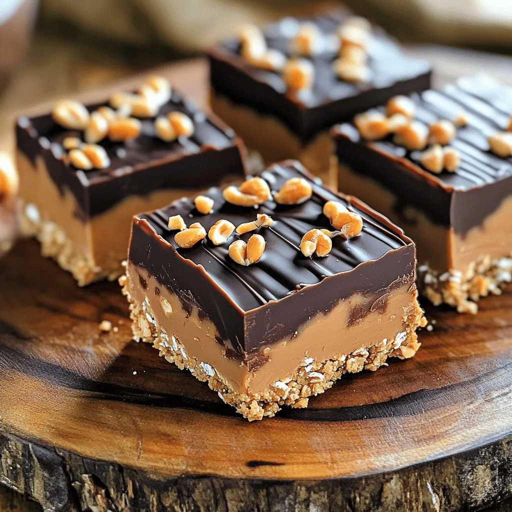 - 1 cup creamy peanut butter - 1/2 cup honey or maple syrup - 1 1/2 cups rolled oats - 1/2 cup powdered sugar - 1 cup dark chocolate chips - 1 tablespoon coconut oil - 1/4 teaspoon sea salt - Optional: Chopped peanuts for garnish Using pure honey or maple syrup makes a big difference in taste. Pure honey is rich and smooth, while maple syrup adds a lovely, warm flavor. Choose organic options if you can for the best quality. High-quality dark chocolate impacts the flavor greatly. It gives your bars a rich taste that blends well with peanut butter. Look for chocolate with a high cocoa content for a deep, satisfying flavor. Rolled oats are key for texture. They provide a hearty, chewy base that balances the creaminess of the peanut butter. They also help hold everything together, making your bars easier to cut and eat. For the full recipe, check the main section. Enjoy making your delicious no-bake peanut butter chocolate bars! Start by mixing 1 cup of creamy peanut butter and 1/2 cup of honey or maple syrup in a large bowl. Use a whisk or spatula to combine them until smooth. This step is key for a rich flavor. Next, add 1 1/2 cups of rolled oats, 1/2 cup of powdered sugar, and 1/4 teaspoon of sea salt. Stir until all the dry ingredients blend well with the peanut butter mixture. You want a thick, sticky mix that holds together. Now it's time to prepare your baking dish. Line an 8x8 inch dish with parchment paper. Leave some paper hanging over the sides for easy removal later. This small step makes a big difference! Transfer the peanut butter mix into the dish, pressing it down firmly. Use a spatula to create a smooth, even layer. This base will hold all the delicious layers above. For the topping, add 1 cup of dark chocolate chips and 1 tablespoon of coconut oil to a microwave-safe bowl. Heat it in the microwave in 20-second bursts. Stir after each round until the chocolate is fully melted. Be careful not to overheat it; you want it silky, not burnt. If you notice it starting to clump, stop and stir until smooth. Once your chocolate is ready, drizzle it over the pressed peanut butter layer. Make sure to spread it evenly so every bite is rich and chocolatey. For extra crunch, sprinkle chopped peanuts on top. Gently press them into the melted chocolate for a delightful texture. After this, refrigerate the dish for at least 2 hours. Once set, lift the bars out using the parchment paper and cut into squares. For the full recipe, check the notes above. For the best results, chill your bars for at least two hours. This time helps them set and firm up nicely. If you want a smoother chocolate layer, melt the chocolate slowly. Use a microwave in short bursts to avoid burning. Stir well between each burst, and you’ll get a glossy finish. One common mistake is overmixing the peanut butter mixture. This can make your bars tough. Mix just until everything combines. Another mistake is not pressing the mixture firmly enough into the dish. A good press ensures the bars hold together well once set. To make your bars look great, serve them on a rustic wooden platter. This adds a warm touch. For a fancy look, drizzle some melted chocolate on top. A sprinkle of chopped peanuts can impress your guests and add crunch. Enjoy making these bars beautiful! {{image_4}} You can switch creamy peanut butter for almond butter. The taste will change, but it's still yummy. If you're looking for sweeteners, honey is great, but maple syrup works too. You can also use agave syrup for a vegan option. To boost flavor, try adding 1 teaspoon of vanilla extract. A pinch of sea salt can make the bars even tastier. You could also mix in chocolate chips or dried fruit for extra fun. Your bars can be unique each time! If you need a gluten-free option, use certified gluten-free oats. They work just as well in this recipe. For a vegan twist, swap honey for maple syrup. This change keeps the bars plant-based and just as delicious. To keep your no-bake peanut butter chocolate bars fresh, store them correctly. After cutting the bars, place them in a single layer. Use a container with a tight lid. This helps keep them from drying out. If you have a lot, stack them carefully with parchment paper in between. This avoids sticking. These tasty bars last about one week in the fridge. To extend their life, you can freeze them. Wrap each bar in plastic wrap or foil before placing them in an airtight container. They can stay in the freezer for up to three months. When you’re ready to eat them, thaw in the fridge overnight for best results. Check for changes in smell, color, or texture. If the bars smell off or look discolored, it's time to toss them. Also, be mindful of the ingredients you used. Some may spoil faster than others. Always check the dates on your peanut butter and chocolate to ensure freshness. Yes, you can use crunchy peanut butter. It gives your bars a fun texture. The small peanut pieces add a nice crunch. If you love that nutty bite, go for it! Just know that it may change the smoothness of the bars. Creamy peanut butter creates a smooth, rich flavor. Crunchy is great if you enjoy a little extra crunch. These bars take about 2 hours to set in the fridge. This time allows the chocolate to harden and the bars to firm up. It's important not to rush this step. If you cut them too soon, they may crumble. Patience is key! After cooling, the bars will hold their shape and be easy to slice. Absolutely! You can make these bars a few days in advance. Store them in the fridge to keep them fresh. They taste great after a day or two. Just make sure to cover them well, so they don’t dry out. You can also freeze them for longer storage. Just thaw them in the fridge before serving. To cut these bars easily, use a sharp knife. First, lift them out of the dish using the parchment paper. Place them on a cutting board. Dip the knife in warm water before cutting. This helps prevent sticking. Press down firmly and make clean cuts. This method keeps the bars from crumbling apart. Enjoy your perfect peanut butter chocolate bars! For the full recipe, check out the No-Bake Peanut Butter Chocolate Dream Bars. These no-bake peanut butter chocolate bars are easy and fun to make. Quality ingredients like creamy peanut butter and rich dark chocolate create great flavor and texture. Follow the steps closely for a smooth and tasty treat. Remember to chill the bars for the best results. Try different variations to make them your own and impress others. With proper storage, you can enjoy these bars for days. Keep an eye on freshness to make sure they stay delicious. Enjoy your homemade snacks!