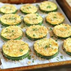 To make Baked Parmesan Crusted Zucchini, gather these simple ingredients: - 4 medium zucchinis, sliced into 1/4-inch thick rounds - 1 cup grated Parmesan cheese - 1 cup panko breadcrumbs - 1 teaspoon garlic powder - 1 teaspoon dried oregano - 1 teaspoon paprika - Salt and freshly ground pepper to taste - 2 large eggs, beaten until frothy - 2 tablespoons extra virgin olive oil - Fresh parsley, finely chopped (for garnish, optional) You can boost the flavor with these optional ingredients: - Lemon zest for a bright touch - Crushed red pepper flakes for heat - Fresh basil or thyme for an herbaceous note These additions can elevate your dish and make it unique. Each serving offers a tasty mix of nutrients: - Calories: 220 - Protein: 10g - Fat: 14g - Carbohydrates: 15g - Fiber: 3g This dish is a great way to enjoy vegetables while keeping your meal light and satisfying. First, preheat your oven to 425°F (220°C). This high heat helps create a crispy crust. While the oven heats up, line a baking sheet with parchment paper. This step makes cleanup easy and keeps the zucchini from sticking. In a shallow bowl, mix together the panko breadcrumbs, grated Parmesan cheese, garlic powder, dried oregano, paprika, and a pinch of salt and pepper. Stir until all the colors blend nicely. In another bowl, whisk the eggs with the olive oil until they are well mixed. The egg mixture helps the coating stick to the zucchini. Take each zucchini round and dip it into the egg mixture. Let any extra egg drip off. Then, place it in the breadcrumb mix. Gently press the breadcrumbs onto the zucchini to get a good coat. Once coated, lay the zucchini slices on the baking sheet. Make sure they are in a single layer and not touching. This way, they bake evenly. You can find the full recipe for more details on cooking times and serving suggestions. For the best results, set your oven to 425°F (220°C). This high heat helps achieve a golden, crispy crust. Preheating your oven is key. An adequately heated oven ensures even cooking and browning. Bake the zucchini rounds for 20 to 25 minutes. Start checking around the 20-minute mark. You want them tender but still crispy. If you prefer them extra crunchy, leave them in for a few more minutes. Just keep an eye on them so they don’t burn. Look for a golden color on the crust. The cheese should melt and crisp up nicely. You can also poke a piece with a fork to check for tenderness. If it easily pierces through, your zucchini is ready to enjoy. Enjoy the crispy goodness of this dish! For the complete process and details, check the Full Recipe. {{image_4}} To get your zucchini super crispy, use panko breadcrumbs. They add a nice crunch. Make sure your zucchini slices are dry. Pat them with a paper towel before coating. This step helps the coating stick better. Another trick is to bake them at a high temperature, like 425°F (220°C). This helps the outside turn golden and crispy. For even more crunch, spray a little oil on top before baking. This will help achieve a perfect crispy finish. One common mistake is overcrowding the baking sheet. If the zucchini slices touch, they will steam instead of crisp. Always give them space to breathe. Another mistake is not seasoning enough. Sprinkle salt and pepper generously on the zucchini before coating. This will enhance the flavor. Don’t skip the garlic powder and oregano either; they bring a wonderful taste. For a snack, plan for about 3-4 slices per person. If serving as a side dish, aim for 5-6 slices. You can also serve them in a larger platter for a group. People love to grab a few at a time! This dish pairs well with marinara sauce for dipping. For the full recipe, check out the details above. Enjoy your cooking! To make a gluten-free version of Baked Parmesan Crusted Zucchini, swap the panko breadcrumbs. Use gluten-free breadcrumbs instead. You can find these in most stores. They will give you a similar crunch without gluten. This way, everyone can enjoy this dish. If you want some heat, try the spicy version. Add 1 teaspoon of crushed red pepper flakes to the breadcrumb mix. You can also use spicy paprika for a different kick. This adds a nice flavor that pairs well with the cheese. Herbs can really boost the flavor of your zucchini. Try adding fresh basil or thyme to the breadcrumb mix. You can also sprinkle some Italian seasoning for an herbaceous twist. This gives each bite a pop of freshness. For more ideas, check the Full Recipe for inspiration! Yes, you can prepare Baked Parmesan Crusted Zucchini ahead of time. Just coat the zucchini rounds and place them on a baking sheet. Cover the sheet with plastic wrap and refrigerate. When you are ready to bake, just remove the wrap and bake as directed. This method keeps the zucchini fresh and tasty. Baked Parmesan Crusted Zucchini pairs well with various dishes. Here are some ideas: - Grilled chicken or fish adds protein and complements the zucchini. - A fresh salad, like a garden salad, brings crunch and color. - Serve it with marinara sauce for a tasty dip. - Add some pasta for a filling meal. These options make your meal balanced and enjoyable. Storing leftovers is easy. Place any uneaten zucchini in an airtight container. Keep the container in the fridge. This will keep the zucchini fresh for about 3 days. To reheat, bake at 350°F (175°C) for 10-15 minutes. This way, they regain some of their crispiness. Enjoy your leftovers! If you want the full recipe, you can find it above. In this post, we explored how to make Baked Parmesan Crusted Zucchini. We covered the best ingredients, step-by-step instructions, and baking tips. I shared how to achieve crispy perfection and suggested tasty variations. With the right approach, you can enjoy a delicious snack or side. Remember to avoid common mistakes for the best results. Experiment with flavors and enjoy your healthy dish! It’s easy to make and sure to please.