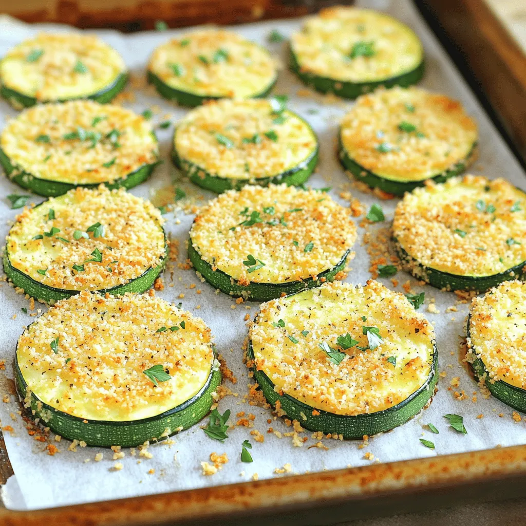 To make Baked Parmesan Crusted Zucchini, gather these simple ingredients: - 4 medium zucchinis, sliced into 1/4-inch thick rounds - 1 cup grated Parmesan cheese - 1 cup panko breadcrumbs - 1 teaspoon garlic powder - 1 teaspoon dried oregano - 1 teaspoon paprika - Salt and freshly ground pepper to taste - 2 large eggs, beaten until frothy - 2 tablespoons extra virgin olive oil - Fresh parsley, finely chopped (for garnish, optional) You can boost the flavor with these optional ingredients: - Lemon zest for a bright touch - Crushed red pepper flakes for heat - Fresh basil or thyme for an herbaceous note These additions can elevate your dish and make it unique. Each serving offers a tasty mix of nutrients: - Calories: 220 - Protein: 10g - Fat: 14g - Carbohydrates: 15g - Fiber: 3g This dish is a great way to enjoy vegetables while keeping your meal light and satisfying. First, preheat your oven to 425°F (220°C). This high heat helps create a crispy crust. While the oven heats up, line a baking sheet with parchment paper. This step makes cleanup easy and keeps the zucchini from sticking. In a shallow bowl, mix together the panko breadcrumbs, grated Parmesan cheese, garlic powder, dried oregano, paprika, and a pinch of salt and pepper. Stir until all the colors blend nicely. In another bowl, whisk the eggs with the olive oil until they are well mixed. The egg mixture helps the coating stick to the zucchini. Take each zucchini round and dip it into the egg mixture. Let any extra egg drip off. Then, place it in the breadcrumb mix. Gently press the breadcrumbs onto the zucchini to get a good coat. Once coated, lay the zucchini slices on the baking sheet. Make sure they are in a single layer and not touching. This way, they bake evenly. You can find the full recipe for more details on cooking times and serving suggestions. For the best results, set your oven to 425°F (220°C). This high heat helps achieve a golden, crispy crust. Preheating your oven is key. An adequately heated oven ensures even cooking and browning. Bake the zucchini rounds for 20 to 25 minutes. Start checking around the 20-minute mark. You want them tender but still crispy. If you prefer them extra crunchy, leave them in for a few more minutes. Just keep an eye on them so they don’t burn. Look for a golden color on the crust. The cheese should melt and crisp up nicely. You can also poke a piece with a fork to check for tenderness. If it easily pierces through, your zucchini is ready to enjoy. Enjoy the crispy goodness of this dish! For the complete process and details, check the Full Recipe. {{image_4}} To get your zucchini super crispy, use panko breadcrumbs. They add a nice crunch. Make sure your zucchini slices are dry. Pat them with a paper towel before coating. This step helps the coating stick better. Another trick is to bake them at a high temperature, like 425°F (220°C). This helps the outside turn golden and crispy. For even more crunch, spray a little oil on top before baking. This will help achieve a perfect crispy finish. One common mistake is overcrowding the baking sheet. If the zucchini slices touch, they will steam instead of crisp. Always give them space to breathe. Another mistake is not seasoning enough. Sprinkle salt and pepper generously on the zucchini before coating. This will enhance the flavor. Don’t skip the garlic powder and oregano either; they bring a wonderful taste. For a snack, plan for about 3-4 slices per person. If serving as a side dish, aim for 5-6 slices. You can also serve them in a larger platter for a group. People love to grab a few at a time! This dish pairs well with marinara sauce for dipping. For the full recipe, check out the details above. Enjoy your cooking! To make a gluten-free version of Baked Parmesan Crusted Zucchini, swap the panko breadcrumbs. Use gluten-free breadcrumbs instead. You can find these in most stores. They will give you a similar crunch without gluten. This way, everyone can enjoy this dish. If you want some heat, try the spicy version. Add 1 teaspoon of crushed red pepper flakes to the breadcrumb mix. You can also use spicy paprika for a different kick. This adds a nice flavor that pairs well with the cheese. Herbs can really boost the flavor of your zucchini. Try adding fresh basil or thyme to the breadcrumb mix. You can also sprinkle some Italian seasoning for an herbaceous twist. This gives each bite a pop of freshness. For more ideas, check the Full Recipe for inspiration! Yes, you can prepare Baked Parmesan Crusted Zucchini ahead of time. Just coat the zucchini rounds and place them on a baking sheet. Cover the sheet with plastic wrap and refrigerate. When you are ready to bake, just remove the wrap and bake as directed. This method keeps the zucchini fresh and tasty. Baked Parmesan Crusted Zucchini pairs well with various dishes. Here are some ideas: - Grilled chicken or fish adds protein and complements the zucchini. - A fresh salad, like a garden salad, brings crunch and color. - Serve it with marinara sauce for a tasty dip. - Add some pasta for a filling meal. These options make your meal balanced and enjoyable. Storing leftovers is easy. Place any uneaten zucchini in an airtight container. Keep the container in the fridge. This will keep the zucchini fresh for about 3 days. To reheat, bake at 350°F (175°C) for 10-15 minutes. This way, they regain some of their crispiness. Enjoy your leftovers! If you want the full recipe, you can find it above. In this post, we explored how to make Baked Parmesan Crusted Zucchini. We covered the best ingredients, step-by-step instructions, and baking tips. I shared how to achieve crispy perfection and suggested tasty variations. With the right approach, you can enjoy a delicious snack or side. Remember to avoid common mistakes for the best results. Experiment with flavors and enjoy your healthy dish! It’s easy to make and sure to please.