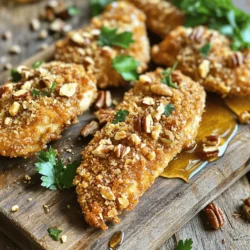 - 1 lb chicken tenders - 1 cup pecans, finely chopped - 1/2 cup whole wheat breadcrumbs - 1/2 cup grated Parmesan cheese - 2 large eggs - 1 teaspoon garlic powder - 1 teaspoon paprika - Salt and freshly ground black pepper to taste - 1/4 cup honey (for drizzling) - Cooking spray or olive oil for greasing When making pecan crusted chicken tenders, you need great ingredients. Choose fresh chicken tenders for the best taste. The pecans add a crunchy layer that really stands out. Whole wheat breadcrumbs help with texture and flavor. Parmesan cheese adds a salty bite that pairs well with the nuts. Using eggs helps the coating stick. Garlic powder and paprika bring warm flavors. A pinch of salt and pepper boosts all the tastes. Honey drizzled on top after baking gives a sweet finish. You can prep these in just 15 minutes. The cook time is about 25 minutes. This recipe serves four people, making it perfect for a family meal. Check out the Full Recipe for detailed steps! - Preheat the oven to 400°F (200°C). - Prepare a baking sheet lined with parchment paper. Start by heating your oven. This ensures the chicken cooks evenly. Lining the baking sheet makes cleanup easy and helps prevent sticking. - Whisk eggs in a shallow bowl. - Combine pecans, breadcrumbs, Parmesan, and seasonings. Next, crack your eggs into a bowl. Whisk them until smooth. This will help the coating stick. In another bowl, mix finely chopped pecans, breadcrumbs, grated Parmesan, garlic powder, paprika, salt, and pepper. Stir well; make sure all the dry ingredients blend. - Dip chicken in egg, then roll in pecan mixture. - Arrange on baking sheet and drizzle with olive oil. - Bake for 20-25 minutes until golden brown. Now, take a chicken tender. Dip it in the egg mixture first. Ensure it coats well. Then, roll it in the pecan mix. Press gently so it sticks. Place the coated tenders on the prepared baking sheet. Leave space between them for air to circulate. Drizzle olive oil on top for added crispiness. Bake your chicken for 20 to 25 minutes. Check for a golden brown crust. When done, the tenders should be fully cooked and crispy. For added flavor, drizzle with honey from the full recipe. Enjoy your crunchy and flavorful pecan-crusted chicken tenders! To get that perfect crunch, I suggest using finely chopped pecans. They stick better to the chicken. This gives you a nice, even layer of flavor. Also, make sure to space the chicken tenders well on the baking sheet. This helps them cook evenly and become crispy. You can make these tenders even tastier by adding spices. A pinch of cayenne pepper will bring some heat. If you're feeling adventurous, try different types of cheese in the mix. Cheddar or mozzarella can add a new twist to the flavor. For a lovely presentation, serve the tenders on a wooden board. A small bowl of honey for dipping makes it even better. Don't forget to garnish with fresh herbs. This adds a pop of color and makes your dish look gourmet. Check out the Full Recipe for more ideas on how to impress your guests! {{image_4}} For a gluten-free twist, you can swap out the breadcrumbs. Use crushed gluten-free crackers instead. They give a nice crunch and keep the flavor intact. This small change makes the dish safe for those with gluten allergies. Want to spice things up? Add chili powder or hot sauce to your pecan coating. This gives the chicken a nice kick that pairs perfectly with the sweet honey drizzle. You can adjust the heat to fit your taste. For a more complete meal, add some veggies. Zucchini or bell pepper strips work great. Just toss them on the baking sheet with the chicken. They cook well and add color to your plate. You can enjoy a tasty and healthy dinner all in one dish. For a full recipe, check out the details on pecan crusted chicken tenders. Store any leftover pecan crusted chicken tenders in an airtight container. This keeps them fresh and tasty. Make sure to cool them down first. They last in the fridge for up to three days. To bring back the crunch, reheat your chicken tenders in the oven. Preheat it to 350°F (175°C). Place the tenders on a baking sheet for about 10-15 minutes. Check often to avoid drying them out. This method keeps them crispy. You can freeze uncooked chicken tenders for quick meals. Lay them flat on a baking sheet and freeze until firm. Once frozen, transfer them to a freezer bag. They can last for up to three months. When you're ready, bake them straight from the freezer, adding a few extra minutes to the cooking time. Enjoy the ease of a homemade meal! Yes, but adjust cooking time accordingly. Chicken breasts are thicker, so they need more time. Check the internal temp; it should reach 165°F. Experiment with marinades before coating. You can use lemon juice, yogurt, or your favorite spices. Let the chicken soak for at least 30 minutes. Pair with salads, veggies, or dipping sauces like ranch. A fresh green salad adds crunch, while roasted vegetables bring warmth. Yes, baking provides a healthier crunch. Bake them at 400°F for 20-25 minutes. This method keeps the chicken juicy and the coating crispy. Keep them in an airtight container in the fridge for up to 3 days. Reheat gently to keep them crispy. In this post, we explored a tasty way to make pecan-crusted chicken tenders. We went through the ingredients, preparation steps, and helpful tips for the perfect crunch. You can switch it up with gluten-free options or add spices for extra flavor. Remember to store leftovers properly to enjoy later. With these insights, you can make a delicious meal that everyone will love. Enjoy cooking and sharing your tasty creation!