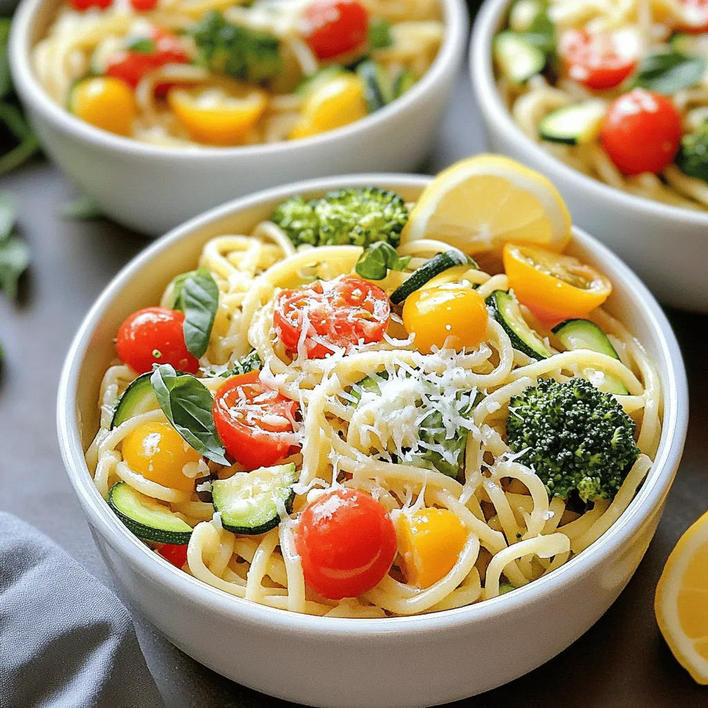 To create a delicious One-Pot Spaghetti Primavera, gather the following ingredients: - 8 oz spaghetti - 2 tablespoons extra virgin olive oil - 1 small onion, finely diced - 2 garlic cloves, minced - 1 cup bell peppers, sliced - 1 cup zucchini, diced - 1 cup cherry tomatoes, halved - 1 cup fresh broccoli florets - 2 cups low-sodium vegetable broth - 1 teaspoon Italian seasoning blend - 1/4 teaspoon red pepper flakes (optional) - Sea salt and black pepper to taste - Fresh basil for garnish - Optional: Grated Parmesan cheese These ingredients will help you make a tasty meal, full of bright flavors. The fresh vegetables add color and nutrition. The spaghetti cooks right in the broth, soaking up all that flavor. You’ll love how easy it is to prepare. If you want the full method, check the Full Recipe. 1. Start by heating the extra virgin olive oil in a large pot over medium heat. 2. Once the oil is hot, add the finely diced onion. Sauté it for about 3-4 minutes until it is soft and clear. 3. Next, add the minced garlic. Stir it for another minute. You will smell its rich aroma fill the kitchen. 4. Now, add the colorful vegetables: bell peppers, zucchini, cherry tomatoes, and broccoli. Sauté these for 5-6 minutes. Stir occasionally until they soften. 5. Carefully pour in the vegetable broth. Sprinkle in the Italian seasoning and red pepper flakes if you're up for some heat. Season with sea salt and black pepper to taste. 1. Increase the heat to bring the mixture to a gentle boil. 2. Once it boils, add the spaghetti. Stir well to ensure all the strands are covered in the broth. 3. Lower the heat to medium-low and cover the pot with a lid. Let the spaghetti cook for 10-12 minutes. Stir occasionally until the pasta is al dente and absorbs most of the broth. 4. After cooking, take the pot off the heat. Keep it covered for another 2-3 minutes. This helps any remaining liquid absorb fully into the pasta. 5. Fluff the spaghetti gently with a fork. Taste it and adjust the seasoning if needed. 6. Serve hot, garnished with chopped fresh basil and a sprinkle of Parmesan cheese if desired. For the full recipe, check out the detailed instructions above. Enjoy your meal! To get the best out of your One-Pot Spaghetti Primavera, here are some useful tips: - Stir occasionally to prevent sticking: Stirring the pasta every few minutes helps keep it from sticking together. This keeps your dish creamy and enjoyable. - Adjust seasoning for personal taste: Always taste as you cook. You can add more salt, pepper, or Italian seasoning to suit your palate. Don’t be afraid to experiment! A beautiful dish makes food taste even better. Consider these ideas for presentation: - Serving suggestions with additional garnishes: Serve your pasta in nice bowls. Top it with fresh basil and a sprinkle of Parmesan cheese. This adds color and flavor. - Drizzling olive oil for enhanced flavor: A light drizzle of olive oil on top makes the dish shine. It adds depth to the taste and makes it look gourmet. For a fun twist, add a lemon wedge for guests to squeeze over their pasta. These tips will help you make a meal that is both delicious and beautiful. You can find the full recipe to guide you in making this tasty dish! {{image_4}} You can swap out vegetables in this dish. Seasonal choices keep it fresh. In spring, use asparagus and peas. In summer, add corn and green beans. Fall brings squash and mushrooms. Winter calls for Brussels sprouts and kale. You can also add protein for more substance. Chicken, shrimp, or tofu work well. Simply cook them with the onion and garlic for added flavor. To make this dish gluten-free, use gluten-free spaghetti. Many brands offer great options. For a vegan version, skip the Parmesan cheese. You can use nutritional yeast for a cheese-like flavor. Add more vegetables or plant-based protein to keep it filling. This way, everyone can enjoy a delicious meal. To keep your One-Pot Spaghetti Primavera fresh, store it in an airtight container. This helps prevent the pasta from drying out. You can refrigerate it for up to three days. When you are ready to eat, reheat gently in a pan. Add a splash of water or broth to keep it moist. Stir often to heat it evenly. You can also microwave it, but cover the dish to avoid splatters. If you want to save some for later, freezing is a great option. First, let the pasta cool completely. Then, place it in a freezer-safe container or bag. Remove as much air as possible to avoid freezer burn. You can freeze it for up to three months. When you’re ready to eat, thaw it in the fridge overnight. Reheat on the stove or in the microwave. To maintain flavor and texture, add a little olive oil or broth when reheating. This keeps the dish tasty and fresh. Can I use different types of pasta? Yes, you can use other pasta shapes. Try penne, fusilli, or even whole wheat. Just adjust the cooking time based on the shape you choose. This keeps the meal interesting and allows you to use what you have. How do I store One-Pot Spaghetti Primavera? Store the pasta in an airtight container. It stays fresh in the fridge for three days. If you want to keep it longer, consider freezing it. Just make sure to cool it first. Can I make this recipe ahead of time? You can prep the veggies and store them in the fridge. Cook the pasta just before serving for the best taste and texture. This way, you have a quick meal ready in no time. For the full recipe, check the section above. This blog post showed you how to make a tasty One-Pot Spaghetti Primavera. We covered all the ingredients and steps for a quick, veggie-packed meal. I also shared tips for cooking and presenting your dish, as well as variations to suit your needs. Remember, this recipe is flexible. You can swap out veggies and adjust flavors to your liking. Enjoy your cooking adventure, and don't hesitate to make it your own!