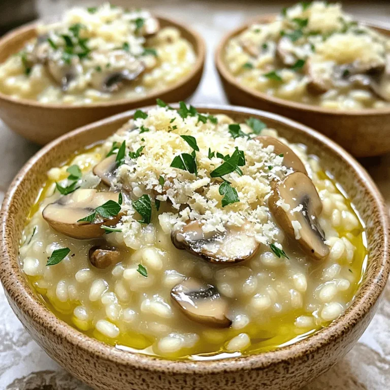 To make my easy mushroom risotto, gather these ingredients: - 1 cup Arborio rice - 4 cups vegetable broth - 1 cup fresh mushrooms (button or cremini), thinly sliced - 1 small onion, finely chopped - 2 cloves of garlic, minced - 2 tablespoons olive oil - 1/2 cup freshly grated Parmesan cheese (or nutritional yeast for a vegan option) - 2 tablespoons fresh parsley, finely chopped - 1/2 teaspoon freshly ground black pepper - Sea salt to taste These ingredients work together to create a rich and creamy dish. If you don't have some ingredients, here are some swaps: - Use brown rice instead of Arborio for a different texture. - Swap vegetable broth for chicken broth for a non-vegetarian option. - Any fresh herb can replace parsley for a unique twist. - Try different mushrooms like shiitake or portobello for varied flavor. - Use cashew cream as a dairy-free alternative to Parmesan. These options let you tailor the risotto to your taste or dietary needs. To make this risotto, you'll need a few key tools: - A heavy-bottomed pot or large skillet - A wooden spoon or spatula for stirring - A ladle for adding broth - A knife for chopping - A cutting board for prep Having these tools ready will make cooking easier and more fun. First, gather all your ingredients. You need: - 1 cup Arborio rice - 4 cups vegetable broth - 1 cup fresh mushrooms (button or cremini), thinly sliced - 1 small onion, finely chopped - 2 cloves of garlic, minced - 2 tablespoons olive oil - 1/2 cup freshly grated Parmesan cheese (or nutritional yeast for vegan) - 2 tablespoons fresh parsley, finely chopped - 1/2 teaspoon freshly ground black pepper - Sea salt to taste Make sure everything is ready before you start cooking. This will help you keep track of what to do next. Pour the vegetable broth into a saucepan. Heat it over medium heat until warm, but do not boil. Keep it on low heat while you cook the risotto. In a large skillet, drizzle olive oil and heat it on medium. Add the chopped onion. Sauté it for about 3 to 4 minutes until it becomes soft and clear. Next, add the minced garlic and sliced mushrooms. Cook for another 5 minutes, stirring often. The mushrooms will soften and release their juices. Now, add the Arborio rice to the skillet. Stir well to coat each grain with oil. Let it toast lightly for about 2 minutes. This step enhances the rice's flavor. Start adding the warm broth, one ladleful at a time. Stir continuously. Wait for the rice to absorb most of the liquid before adding more. Keep doing this for about 20 to 25 minutes until the rice is creamy and al dente. When the risotto reaches the right texture, stir in the grated Parmesan cheese or nutritional yeast. Add in chopped parsley, black pepper, and sea salt to taste. Mix everything well until it combines into a creamy dish. Remove the skillet from heat. Let the risotto rest for a minute. This helps stabilize it. For a lovely presentation, serve the risotto in shallow bowls. Garnish with extra parsley and a sprinkle of cheese. A drizzle of high-quality olive oil adds an extra touch of flavor. For the full recipe, check the details above. Enjoy your creamy mushroom risotto! When making mushroom risotto, avoid these common errors. - Not stirring enough: Stirring helps the rice release starch. This makes the risotto creamy. - Adding too much broth at once: Add broth one ladle at a time. This allows the rice to absorb each bit fully. - Using low-quality broth: A rich broth gives better flavor. Always use a good vegetable broth. To boost the taste of your risotto, try these tips. - Use fresh herbs: Adding fresh herbs like rosemary or thyme can elevate the dish. - Add a splash of white wine: Stir in some dry white wine after you toast the rice. This adds acidity and depth. - Finish with butter: For extra creaminess, add a knob of butter before serving. Sometimes, things don’t go as planned. Here’s how to fix common problems. - Risotto is too thick: If your risotto is too thick, add warm broth. Stir until it reaches the right consistency. - It tastes bland: If it lacks flavor, try adding more salt or pepper. Fresh herbs can also help. - Cooking time too long: If the rice overcooks, add a bit more broth and stir. This can help revive the texture. For the full recipe, check out the complete guide to making this dish. {{image_4}} You can make mushroom risotto even better by adding protein. Grilled chicken or shrimp works great. Cook your protein separately and stir it in at the end. For chicken, use diced, cooked pieces. For shrimp, sauté them until pink, then mix in. This makes the dish more filling and tasty. If you want a vegetarian or vegan dish, it’s easy. Use vegetable broth instead of chicken broth. For cheese, use nutritional yeast. It gives a cheesy taste without dairy. You can also skip the cheese altogether for a lighter dish. This way, everyone can enjoy it. Adding seasonal vegetables can change the flavor of your risotto. In spring, use peas or asparagus. In summer, try zucchini or tomatoes. In fall, roasted pumpkin or butternut squash adds warmth. Winter veggies like kale or spinach also work well. Just cook them until tender before adding them to the risotto. This keeps your dish fresh and exciting. For the full recipe, check out the ingredients and steps to create your creamy mushroom risotto! To store leftovers, let the risotto cool first. Use an airtight container to keep it fresh. Place the container in the fridge. Enjoy the risotto within three days for best taste. When you reheat risotto, add a splash of broth or water. This helps restore the creamy texture. Heat it on the stove over low heat. Stir often and watch it closely. You can also use the microwave, but it may dry out. Heat it in short bursts and stir in between. If you want to freeze the risotto, use a freezer-safe container. Allow it to cool completely before sealing. It can last up to three months in the freezer. To eat, thaw it overnight in the fridge. Reheat as mentioned above. This keeps its flavor intact. Enjoy your creamy mushroom risotto anytime! For the full recipe, check out the complete details. You know the rice is done when it is creamy and soft, yet firm. Taste a few grains to check the texture. If they feel slightly chewy, it’s perfect. The risotto should not be mushy. The key is to stir often and add broth slowly. This helps create that creamy texture. You can make risotto ahead, but it may lose its creamy texture. If you do prepare it early, store it in the fridge. To reheat, add a bit of broth while warming. This will help bring back some creaminess. Just remember, fresh risotto tastes best! You can use many types of mushrooms for this dish. Shiitake, portobello, and oyster mushrooms are great choices. Each type adds its own flavor. Mix and match to find your favorite. Just be sure to slice them thinly for even cooking. Enjoy exploring different tastes! This blog post covered a full guide to making risotto. We explored each ingredient, from a complete list to swaps you can try. You learned about prep, cooking, and how to get that creamy texture. We shared essential tips and common mistakes to avoid. You can also find ways to mix in proteins and veggies for variety. Risotto is fun to make, and it can be unique each time. Happy cooking!