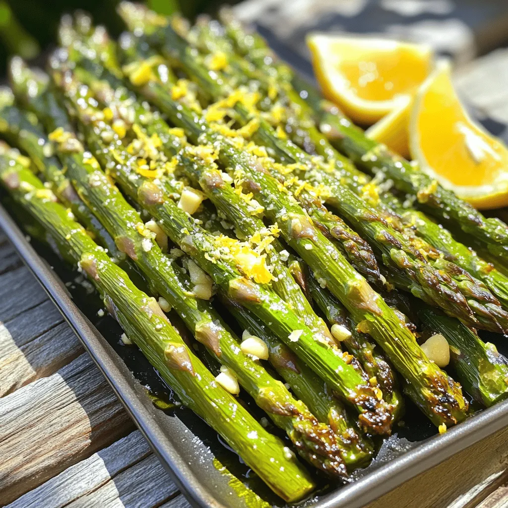 When you choose asparagus, look for vibrant green stalks. They should be firm and straight. Avoid limp or yellowing asparagus. Freshness matters for taste and texture. You can find asparagus in most grocery stores or farmers' markets. For this dish, gather these key ingredients: - 1 lb fresh asparagus, trimmed - 3 tablespoons extra virgin olive oil - 4 cloves of garlic, minced - Zest of 1 lemon - 2 tablespoons freshly squeezed lemon juice - 1 teaspoon sea salt - ½ teaspoon freshly cracked black pepper These ingredients create a bright and zesty flavor. Want to add some flair? Consider these optional ingredients: - 1 teaspoon red pepper flakes (for heat) - 2 tablespoons grated Parmesan cheese (for serving) - Lemon wedges (for serving) These additions can elevate the dish's taste and presentation. You can find the full recipe in the article above for more details. Enjoy making this simple yet tasty dish! Start by preheating your oven to 425°F (220°C). This high heat is key for crispy asparagus. It helps the asparagus roast quickly while keeping its vibrant green color. In a bowl, mix together the olive oil, minced garlic, lemon zest, and lemon juice. Add in the sea salt, black pepper, and red pepper flakes if you like heat. Whisk until everything is well combined. This mix brings a bright flavor to the dish. Take your trimmed asparagus and lay it on a large baking sheet. Drizzle the lemon garlic mixture over it. Use your hands or tongs to toss the asparagus gently. Make sure each piece is coated well. This step is crucial for even flavor and roasting. Place the baking sheet in the oven. Roast the asparagus for 12-15 minutes. Watch them closely. You want them to be tender but still crisp. The tips should have a nice bite, and the color should remain bright green. Once roasted, take the asparagus out of the oven. If you want to elevate the dish, sprinkle grated Parmesan cheese on top while it’s still hot. The cheese will melt slightly, adding a creamy touch. Serve the asparagus right away with lemon wedges on the side. A squeeze of fresh lemon will boost the flavor even more! For the full recipe, check out the details above. Enjoy your zesty Lemon Garlic Roasted Asparagus! To get the best asparagus, look for bright green stalks. They should be firm and straight. The tips should be tightly closed and have a fresh look. Avoid any stalks that are wilted or have brown spots. When you buy asparagus, try to pick it up the same day you plan to cook it. This keeps it fresh and crisp. To get that perfect crisp, start by preheating your oven to 425°F (220°C). A hot oven helps the asparagus roast quickly. Lay the asparagus flat on the baking sheet. Avoid overcrowding the pan. This allows the hot air to circulate and gives you a nice, even roast. Keep an eye on them while they cook. You want them tender but still crunchy, which usually takes about 12 to 15 minutes. Lemon and garlic are the stars of this dish, but you can add more! Consider adding herbs like thyme or rosemary for extra flavor. If you enjoy a kick, sprinkle some red pepper flakes before roasting. For a cheesy touch, add grated Parmesan right after cooking. This will melt slightly and add a rich taste. You can also serve with lemon wedges to squeeze fresh juice over the dish. This adds brightness and makes every bite tasty. For the complete recipe, check out the Full Recipe section. {{image_4}} You can change the flavor of your asparagus by adding different spices. Try a pinch of smoked paprika for a warm, earthy taste. If you love herbs, mix in some fresh thyme or rosemary. A dash of cumin gives it a unique twist, while a sprinkle of lemon pepper adds zest. Roasting is great, but you can also grill or sauté your asparagus. For grilling, toss the asparagus in the lemon garlic mix and cook on a hot grill for about 5-7 minutes. This method gives a nice char and smoky flavor. If you prefer to sauté, heat some olive oil in a skillet and cook the asparagus over medium heat for about 5-8 minutes, stirring often. Lemon garlic roasted asparagus goes well with many dishes. Serve it alongside grilled chicken or fish for a complete meal. You can also toss it into a salad for added crunch and flavor. For a fun twist, try it on a pizza with fresh mozzarella and tomatoes. You can find the full recipe to create this tasty dish with ease. After you enjoy your lemon garlic roasted asparagus, store the leftovers in an airtight container. This keeps them fresh for up to three days. Make sure to let them cool completely before sealing the container. If you place hot food in a container, it can lead to sogginess. To reheat your asparagus, preheat your oven to 350°F (175°C). Place the asparagus on a baking sheet and cover it with foil. Heat for about 10 minutes. This helps keep the asparagus crisp. You can also use a microwave. Heat in short bursts of 30 seconds. Check often to avoid overcooking. You can freeze roasted asparagus, but it may lose some crispness. To freeze, cool the asparagus completely. Then spread it on a baking sheet in a single layer. Freeze for about 2 hours, then transfer it to a freezer bag. Remove as much air as possible. Frozen asparagus lasts for about two months. To use, thaw in the fridge overnight before reheating. Enjoying lemon garlic roasted asparagus is not just about the taste; it’s also about knowing how to store it well! Yes, you can use frozen asparagus. However, fresh asparagus gives the best flavor and texture. If you use frozen, thaw it first. Then, pat it dry to remove excess moisture. This way, your dish won’t turn soggy. Lemon Garlic Roasted Asparagus pairs well with many dishes. It complements grilled chicken, baked fish, or steak nicely. You can also serve it with quinoa or rice for a healthy meal. Add a fresh salad for extra veggies. Perfectly roasted asparagus should be tender yet crisp. It should also have a vibrant green color. Check it after 12 minutes. Pierce a stalk with a fork; it should go through easily but not be mushy. Yes, this recipe is great for meal prep. You can roast a batch and store it in the fridge. It stays fresh for up to three days. Reheat it in the oven or microwave. This keeps it tasty and not soggy. For a full recipe, check the detailed cooking instructions above. To make Lemon Garlic Roasted Asparagus, follow these steps: 1. Preheat your oven to 425°F (220°C). This high heat gives the asparagus a nice crisp. 2. In a medium bowl, mix the olive oil, minced garlic, lemon zest, and lemon juice. Add sea salt, black pepper, and red pepper flakes if you like some heat. Whisk until well combined. 3. Take your trimmed asparagus and spread it on a large baking sheet. Drizzle the lemon garlic mix over the asparagus. Toss gently to coat each stalk evenly. 4. Arrange the asparagus in a single layer. This helps them roast evenly. 5. Roast the asparagus for 12-15 minutes. They should be tender but still crisp at the tips. 6. If you want, sprinkle grated Parmesan cheese over the hot asparagus right after you take it out. This adds a nice touch. 7. Serve hot with lemon wedges. Squeeze fresh lemon over the dish for extra flavor. This dish is not just tasty; it's healthy too! Here’s what you get per serving: - Calories: 150 - Protein: 4g - Fat: 12g - Carbohydrates: 8g - Fiber: 4g - Vitamin A: 20% DV - Vitamin C: 15% DV - Calcium: 6% DV - Prep Time: 10 minutes - Cook Time: 15 minutes - Total Time: 25 minutes - Servings: 4 - Key Ingredients: - 1 lb fresh asparagus, trimmed - 3 tablespoons extra virgin olive oil - 4 cloves of garlic, minced - Zest of 1 lemon - 2 tablespoons freshly squeezed lemon juice - 1 teaspoon sea salt - ½ teaspoon freshly cracked black pepper - 1 teaspoon red pepper flakes (optional) - 2 tablespoons grated Parmesan cheese (optional) - Lemon wedges for serving This recipe is simple and quick. You can enjoy a vibrant dish that is sure to impress! In this blog post, we explored how to make delicious Lemon Garlic Roasted Asparagus. You learned about picking fresh asparagus and essential ingredients, along with handy tips to achieve the best results. I shared step-by-step instructions that guide you from preheating the oven to serving the dish. Remember, roasted asparagus is versatile, and you can add your favorite flavors. Enjoy the healthy benefits and great taste of this recipe. Happy cooking!