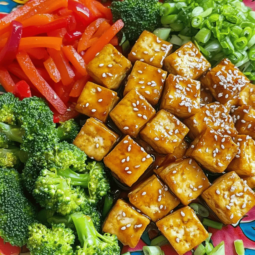 To create a delicious crispy tofu stir fry, you need a few key ingredients. Here’s what you will need: - 14 oz (400g) firm tofu, thoroughly pressed and cubed - 2 tablespoons cornstarch - 2 tablespoons vegetable oil, divided - 1 red bell pepper, sliced into thin strips - 1 cup broccoli florets, rinsed and pat dry - 1 large carrot, peeled and julienned - 3 green onions, chopped with the white and green parts kept separate - 2 cloves garlic, finely minced - 1 tablespoon fresh ginger, minced - 3 tablespoons soy sauce - 1 tablespoon hoisin sauce - 1 teaspoon sesame oil - Sesame seeds, for garnishing These ingredients give your stir fry a great mix of flavors and textures. The tofu becomes crispy, while the veggies add crunch and color. While the key ingredients shine on their own, you can add some optional ones for more flavor: - Bell pepper varieties like yellow or green for more color - Peas or snap peas for added sweetness - Mushrooms for an earthy taste - Chili flakes for spice - Fresh herbs like cilantro or basil for freshness Feel free to mix and match these options based on what you enjoy or have on hand. To make this crispy tofu stir fry, you’ll need some basic kitchen tools: - A large skillet or wok for cooking - A sharp knife for chopping - A cutting board to prepare your ingredients - Mixing bowls for coating the tofu - A spatula or wooden spoon for stirring Having the right tools makes cooking much easier and more fun. With these items ready, you will be set to whip up a tasty meal. For the complete cooking instructions, check out the Full Recipe. To start, I press the tofu. This step is key for crispy tofu. Place the tofu block on a cutting board. Use a clean towel or paper towels to cover it. Then, weigh it down with something heavy. A skillet works well. Let it press for at least 30 minutes. This removes excess moisture. After pressing, cut the tofu into bite-sized cubes. Make sure they are even for even cooking. Next, I coat the tofu cubes. Place them in a mixing bowl. Sprinkle the cornstarch over the tofu. Toss gently until each piece is covered. This coating helps the tofu become crispy when frying. The cornstarch forms a nice crust. It also keeps the tofu from becoming soggy. Now, it's time to cook everything. Heat a large skillet or wok over medium-high heat. Add 1 tablespoon of vegetable oil. Once the oil is hot, add the coated tofu. Stir-fry it for about 8 to 10 minutes. Turn the cubes occasionally. You want all sides to get golden brown and crispy. Once done, remove the tofu and set it aside. In the same skillet, add another tablespoon of oil. When it shimmers, add minced garlic and ginger. Also, add the white parts of the green onions. Sauté for about 30 seconds until fragrant. Be careful not to burn them. Now, add the sliced red bell pepper, broccoli florets, and julienned carrot. Stir-fry these for about 3 to 4 minutes. They should be bright and just tender. After that, return the crispy tofu to the skillet. Pour in soy sauce, hoisin sauce, and sesame oil. Toss everything gently. Make sure the tofu and veggies are well mixed. Heat for another 2 minutes. Finally, sprinkle sesame seeds and the green parts of the green onions on top before serving. Enjoy this crispy tofu stir fry from the Full Recipe! To get the best crispiness from your tofu, start with firm tofu. Press it well to remove water. I suggest using a weight, like a heavy pot, for about 30 minutes. After pressing, cut the tofu into cubes. Coat the cubes with cornstarch. This thin layer helps fry the tofu to a perfect golden brown. When frying, avoid crowding the pan. Cook in batches if needed. This way, each piece gets enough heat. Stir frying is quick and fun. Use a hot skillet or wok. Heat oil until shimmering before adding tofu. Constantly move the food around to avoid burning. This method cooks the tofu and veggies evenly. Use high heat to lock in flavors and colors. Always add the garlic and ginger first. This step brings out their rich aroma. Lastly, toss everything together at the end. This ensures all ingredients mix well. One big mistake is not pressing the tofu long enough. This leads to soggy tofu. Another mistake is not using enough oil. A dry pan will burn your food. Avoid adding too many veggies at once. This can lower the pan's heat and steam the food. Lastly, don’t skip the sauces! They add essential flavor. For the full recipe, check out the earlier section. {{image_4}} You can switch up the sauces to change the flavor. Try adding sweet chili sauce for a spicy kick. Mix in peanut sauce for a creamy, nutty taste. You can even use teriyaki sauce for a sweeter flavor. Each sauce gives a new twist to the crispy tofu stir fry. Feel free to change the veggies based on what you have. Snow peas or snap peas add crunch. You can use asparagus for a fresh taste. Even zucchini works well and cooks fast. Just keep your veggies colorful for a vibrant dish. Want more protein? You can swap tofu for tempeh or seitan. Both add great texture. If you like meat, chicken or shrimp are tasty options. Just remember to adjust your cooking times for these proteins. Each choice brings its own flavor to the dish. For the complete recipe, visit the [Full Recipe]. To store leftover stir fry, let it cool first. Transfer it to an airtight container. This keeps the tofu and veggies fresh. You can store it in the fridge for 3 to 4 days. If you want to keep it longer, freeze it. Place it in a freezer-safe container. It can last up to 3 months in the freezer. When reheating crispy tofu, aim to restore its crunch. The best way is to use a skillet. Heat the skillet over medium heat and add a bit of oil. Once hot, add the tofu and stir-fry for a few minutes. This helps regain its crispness. You can also use an oven. Preheat it to 375°F (190°C) and bake for about 10-15 minutes. This method keeps the tofu crispy. For meal prep, cook a large batch of the crispy tofu stir fry. Divide it into single servings. Store each serving in a container. Add rice or quinoa for a complete meal. You can mix and match veggies based on your taste. This way, you have quick and healthy meals ready to go. For the full recipe, check earlier in the article. I recommend using firm or extra-firm tofu for stir fry. This type holds its shape well. Soft or silken tofu can break apart easily during cooking. Firm tofu also absorbs flavors better than softer varieties. Yes, you can make this dish gluten-free. Use gluten-free soy sauce or tamari in place of regular soy sauce. This small change keeps the dish tasty and safe for those with gluten allergies. Always check labels to ensure all ingredients are gluten-free. Making crispy tofu stir fry takes about 45 minutes total. This includes prep and cooking time. You can reduce time by prepping ingredients ahead of time. Following the Full Recipe will guide you through the process easily. You’ve learned how to make crispy tofu stir fry. We covered key ingredients, cooking steps, and tips for the best results. I shared variations and storage methods to enhance your meal. Remember, there’s no single way to enjoy this dish. Experiment with sauces and veggies. Enjoy your tasty, crunchy stir fry, and share these tips with friends! Happy cooking!