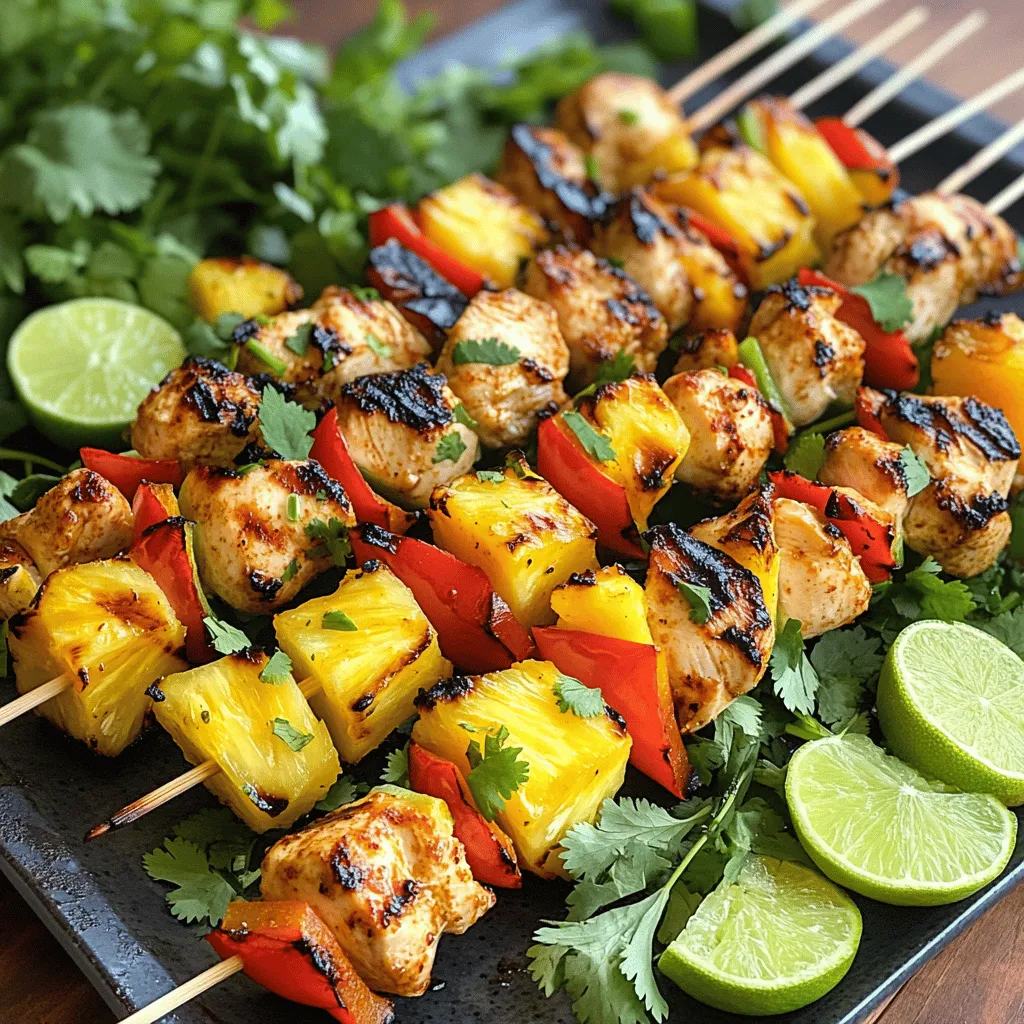 To make spicy pineapple chicken kabobs, you'll need some fresh and vibrant ingredients. Here’s the list: - 1 pound boneless, skinless chicken breasts, cut into 1-inch cubes - 1 cup fresh pineapple, cut into 1-inch chunks - 1 red bell pepper, cut into 1-inch pieces - 1 yellow bell pepper, cut into 1-inch pieces - 1 small red onion, cut into wedges - 3 tablespoons olive oil - 2 tablespoons soy sauce - 2 tablespoons honey - 1 tablespoon sriracha (adjust according to your spice preference) - 2 cloves garlic, minced - 1 teaspoon ground ginger - 1 teaspoon black pepper - Wooden or metal skewers These ingredients create a tasty mix of sweet and spicy flavors. The chicken gives a nice protein base, while the pineapple adds sweetness and juice. The bell peppers and onion add color and crunch. For the marinade, you combine olive oil, soy sauce, honey, sriracha, garlic, ginger, and black pepper. This mix brings a burst of flavor that soaks into the chicken. It’s simple but effective and makes the kabobs truly shine. You can find the full recipe above to guide you through the steps. Enjoy grilling! To start, we need to make the marinade. Grab a large bowl and mix together the following: - 3 tablespoons olive oil - 2 tablespoons soy sauce - 2 tablespoons honey - 1 tablespoon sriracha - 2 cloves garlic, minced - 1 teaspoon ground ginger - 1 teaspoon black pepper Whisk these ingredients until smooth. Next, add 1 pound of cubed chicken to the bowl. Make sure each piece gets a good coating. Cover the bowl with plastic wrap and put it in the fridge. Let it marinate for at least 30 minutes, or up to 2 hours for a deeper flavor. If you use wooden skewers, soak them in water for at least 30 minutes. This helps prevent them from burning on the grill. While they soak, turn on your grill and heat it to a medium-high setting. Once the chicken has marinated, it’s time to assemble the kabobs. Take the soaked skewers and thread the chicken, fresh pineapple, red bell pepper, yellow bell pepper, and red onion onto them. For a great look, alternate the ingredients. This not only looks nice but adds flavor with every bite. Now, place the kabobs on the hot grill. Grill them for about 12-15 minutes. Turn them regularly to cook all sides evenly. You can check if the chicken is done by using a meat thermometer. The chicken should reach an internal temperature of 165°F. Once cooked, take the kabobs off the grill and let them rest on a plate for a few minutes. This helps keep them juicy before serving. For the Full Recipe, check the detailed instructions above. Enjoy your grilling adventure! To make the best marinade, you can adjust the spice level. Add more sriracha for heat or less for a milder taste. If you want a sweeter flavor, increase the honey. You can also add lime juice for extra tang. A dash of sesame oil can deepen the flavor too. To get nice grill marks, preheat your grill well. Place the kabobs at a 45-degree angle on the grill. After a few minutes, rotate them to create those perfect marks. To avoid dry chicken, do not overcook it. Grill until the chicken reaches 165°F, which ensures it's juicy and safe to eat. Pair your kabobs with fresh sides. A simple salad or rice works great. You can also serve them with a cool yogurt dip. For a fun presentation, arrange kabobs on a colorful platter. Garnish with fresh cilantro and lime wedges for a pop of color and flavor. For more details, check the Full Recipe. {{image_4}} You can use shrimp or even tofu for a tasty twist. Shrimp cooks fast and gives a nice texture. If you choose tofu, press it first to remove extra water. Then cut it into cubes, just like chicken. For shrimp, marinate for only 15-20 minutes. Skewering is easy; just thread them onto the sticks. Grill shrimp for about 5-7 minutes until they turn pink. For tofu, grill for 10-12 minutes, turning to get a nice char. Adding more veggies can boost flavor and color. Try zucchini, mushrooms, or cherry tomatoes. They grill well and complement the chicken and pineapple. You can also use seasonal veggies. In summer, bell peppers and corn are great. In fall, butternut squash or brussels sprouts work nicely. This keeps your dish fresh and interesting all year round. Want to mix things up? Try different sauces or spices. Instead of sriracha, use BBQ sauce or teriyaki. You can also add a splash of lime juice for zest. Experiment with fruit too. Mango or peaches can replace pineapple. These fruits add a sweet taste and pair well with the savory chicken. Get creative and have fun with flavors! For the full recipe, check the section above. To keep your spicy pineapple chicken kabobs fresh, follow these steps: - Refrigeration: Place leftover kabobs in an airtight container. Store them in the fridge for up to three days. This helps maintain flavor and texture. - Freezing: If you want to save them longer, freeze the kabobs. Wrap them tightly in plastic wrap, then place them in a freezer bag. They can last up to three months in the freezer. To enjoy your kabobs later, reheating correctly is key. Here’s how you can do it: - Grill: If you have a grill, this is the best method. Preheat the grill and cook the kabobs for about 5 minutes. Turn them occasionally until heated through. - Oven: Preheat the oven to 350°F. Place the kabobs on a baking sheet and cover with foil. Heat for about 10-15 minutes, checking to avoid drying them out. - Microwave: This is the quickest method. Place the kabobs on a microwave-safe plate. Cover with a damp paper towel and heat in 30-second intervals until warm. To keep the kabobs moist, add a splash of water before reheating. This helps retain flavor and juiciness. Marinate the chicken for at least 30 minutes. If you want more flavor, aim for 2 hours. This time lets the chicken soak up the spicy, sweet marinade. Yes, you can easily make these kabobs in the oven. Preheat your oven to 400°F. Place the skewers on a baking sheet lined with foil. Cook for about 15-20 minutes. Turning the kabobs halfway through helps them cook evenly. These kabobs pair well with rice, quinoa, or a fresh salad. You can also serve them with grilled corn on the cob or a tangy coleslaw. Add some lime wedges for an extra zing. Yes! You can use tamari instead of soy sauce. This swap keeps the flavor while making it gluten-free. You can also use coconut aminos for a different twist. Spicy Pineapple Chicken Kabobs are easy to make and taste great. We covered the key ingredients, from chicken to marinade. I shared steps for preparing, grilling, and serving your kabobs. Variety is possible; try shrimp, tofu, or different veggies. Storing and reheating leftovers can keep your meal fresh. Remember to experiment with flavors and enjoy your creations. These kabobs are perfect for gatherings or family dinners. Enjoy your cooking journey and impress others with these tasty treats!