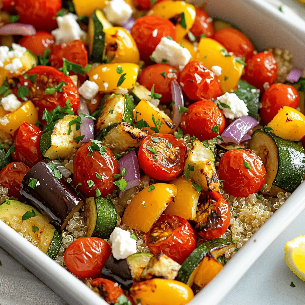 When making the Roasted Mediterranean Veggie Bowl, you will need fresh and vibrant ingredients. Here’s what you will need: - Fresh Vegetables Required - 1 medium zucchini, diced into bite-sized pieces - 1 red bell pepper, diced - 1 yellow bell pepper, diced - 1 red onion, cut into wedges - 1 cup cherry tomatoes, halved - 1 eggplant, diced - 4 cloves garlic, minced - Essential Seasonings and Oils - 3 tablespoons extra virgin olive oil - 1 teaspoon dried oregano - 1 teaspoon smoked paprika - Salt and freshly ground black pepper to taste - Quinoa and Optional Toppings - 1 cup quinoa, thoroughly rinsed - 2 cups low-sodium vegetable broth - Fresh parsley, chopped, for garnish - Feta cheese, crumbled (optional) This recipe is simple and packed with flavor. Each ingredient plays a role in creating a colorful and tasty meal. The fresh veggies bring crunch, while the olive oil and spices add depth. Quinoa makes this dish filling and nutritious. You can even add feta cheese for extra creaminess. For the full recipe, check out the instructions I provided. Enjoy your cooking! Preheating the Oven Start by preheating your oven to 425°F (220°C). This high heat helps to caramelize the veggies, bringing out their natural sweetness. Combining Ingredients in a Bowl In a large mixing bowl, toss together the following ingredients: - 1 medium zucchini, diced into bite-sized pieces - 1 red bell pepper, diced - 1 yellow bell pepper, diced - 1 red onion, cut into wedges - 1 cup cherry tomatoes, halved - 1 eggplant, diced - 4 cloves garlic, minced Drizzle 3 tablespoons of extra virgin olive oil over the veggies. Then, add 1 teaspoon of dried oregano, 1 teaspoon of smoked paprika, and salt and pepper to taste. Mix well until the veggies are well coated. Oven Temperature and Cooking Time Spread the mixed vegetables onto a large baking sheet lined with parchment paper. Roast them in the preheated oven for about 25-30 minutes. The goal is to achieve tender veggies with a nice, roasted flavor. Stirring for Even Roasting Halfway through the cooking time, stir the veggies. This helps them roast evenly and prevents any burning. Keep an eye on them as they roast. Instructions for Perfect Quinoa While the veggies roast, prepare the quinoa. In a medium saucepan, combine 1 cup of rinsed quinoa and 2 cups of low-sodium vegetable broth. Bring the mixture to a boil over medium-high heat. Tips for Flavoring the Broth Once boiling, reduce the heat to low and cover the pot. Let it simmer for 15-20 minutes. The quinoa should absorb all the liquid and become fluffy. For added flavor, consider using vegetable broth instead of water. Now that you know how to prepare and cook your Roasted Mediterranean Veggie Bowl, you can easily follow the Full Recipe to make this delightful dish! To get those tasty, caramelized veggies, here are some key tips: - Cut veggies evenly: Make sure all your pieces are about the same size. This helps them cook at the same rate. - Don't crowd the pan: Give the vegetables space. If they are too close, they will steam instead of roast, and you’ll miss out on that nice caramelization. To ensure even cooking of the vegetables, remember to: - Stir halfway through: This helps flip them around for even browning. - Use a hot oven: Roasting at 425°F (220°C) gives a great result. For a beautiful presentation of your veggie bowl: - Use deep, colorful dishes or wide bowls. This makes your meal pop! - Drizzle a bit of extra olive oil on top for shine. - Add a lemon wedge on the side. Guests can squeeze it for a fresh burst. To enhance flavor, consider pairing your veggie bowl with: - Grilled chicken or fish for added protein. - A side of crusty bread to soak up the tasty juices. When it comes to storing leftovers: - Cool completely: Let the veggies and quinoa cool down before putting them in the fridge. - Use airtight containers: This keeps them fresh for up to 4 days. For freezing options, you can: - Portion out the veggies and quinoa in freezer bags. - They can last up to 3 months. Just thaw them in the fridge overnight before reheating. Remember, you can find the Full Recipe in the earlier sections for a complete guide! {{image_4}} Seasonal Vegetable Alternatives You can easily swap vegetables based on the season. Try using squash in summer or root veggies like carrots and parsnips in fall. Fresh asparagus or green beans can add a bright touch in spring. If you love crunch, add radishes or cucumbers. The key is to pick what’s fresh and available. This makes your roasted veggie bowl vibrant and fun. Gluten-Free and Dairy-Free Options This meal is already gluten-free since it uses quinoa. However, if you want a grain swap, try brown rice or farro. For dairy-free, skip the feta. Instead, use avocado for creaminess or tahini for added flavor. You can also sprinkle some nutritional yeast for a cheesy taste without the dairy. These swaps keep your meal light and enjoyable. Additional Herbs and Spices Add more flavor by using fresh herbs like basil or thyme. A sprinkle of red pepper flakes gives a nice kick. You could also try cumin for a warm, earthy tone. Don’t be afraid to experiment with flavors. Each herb and spice can change the whole dish. This way, your veggie bowl stays exciting every time you make it. Alternative Dressings or Sauces While a drizzle of olive oil is great, you can try different dressings. A balsamic glaze can add sweetness and tang. For a creamy texture, use tahini mixed with lemon juice. A citrus vinaigrette can brighten the flavors. Just remember, the dressing should complement the veggies and quinoa. Play around until you find your favorite mix. For the full recipe, check out the details above. To keep your roasted Mediterranean veggie bowl fresh, follow these steps: - Refrigeration Guidelines: Store leftovers in an airtight container. Place them in the fridge within two hours after cooking. Your meal will stay fresh for about 3 to 5 days. - Best Practices for Freezing: If you want to freeze your dish, let it cool first. Use freezer-safe containers or bags. This way, you can keep it for up to 3 months. When you're ready to eat, thaw it overnight in the fridge before reheating. - How Long Does the Dish Last?: In the refrigerator, the roasted veggies and quinoa last for about 3 to 5 days. Freezing extends their life to about 3 months. - Signs of Spoilage: Check for any off smells, a change in color, or a slimy texture. If you notice any of these signs, it’s best to throw the dish away. Freshness is key to enjoying your meals! Can I make this dish vegan? Yes, you can easily make this dish vegan. Simply skip the feta cheese. Use extra veggies or nuts for added flavor and crunch. This will keep the bowl rich and tasty without dairy. What type of quinoa is best for this recipe? I recommend using white or red quinoa. White quinoa cooks fluffy, while red quinoa adds a nice crunch. Both types work well in this dish, so pick what you like best! How do I customize the veggie bowl to my taste? You can switch out any veggie in this recipe. Try adding spinach, broccoli, or even sweet potatoes. You can also change the spices for different flavors. Experiment and make it your own! Caloric Content per Serving Each serving of this roasted Mediterranean veggie bowl has about 300 calories. This can vary based on toppings like feta cheese. Macronutrient Breakdown for Health-Conscious Readers - Protein: Approximately 10g - Carbohydrates: Roughly 45g - Fat: About 10g This bowl provides a balanced mix of nutrients, making it a great meal choice. This blog post covered how to create a delicious veggie bowl. You learned about the right ingredients, including fresh vegetables and quinoa. I explained step-by-step how to prepare and roast your vegetables perfectly. Tips helped you achieve great flavors and make meal prep easy. In the end, you can customize this dish to fit your taste. Experiment with ingredients and enjoy the health benefits. Dive into your cooking adventure, and enjoy every bite of your nutritious creation.
